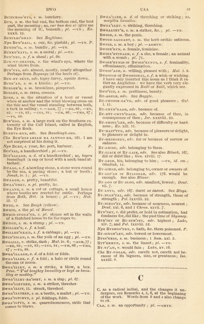 Buitchoo'rys, s. to. butchery. Bun, 5. to. the but end, the bottom end, the best part, the meaning; as, cur bun dou er (give me the meaning of it), beneath; pi. —yn ; Ex. xxxii. 19. Bunclei'ghan. See Boghlane. Nyn Bun'dail, s. our, &c. pinfold; pi. —yn. P. Bunde'il, s. to. bundle; pi. —yn. Bunke'eayl, s. to. a moral; pi. —yn. Bun'ney, s. f. a sheaf; pi. 68. Bun-ny-geavee, s. the wind’s eye, where the wind blows from. Bun'nys, ado. almost, mostly, nearly altogether. Perhaps from Boynnys (at the heels of). Bun-ry-skyn, udv. topsy-turvy, upside down. Burk'an, s. to. a kimlin; pi.—yn. Burlee'k, s. to. brooklime, pimpernel. Burley, s. to. cress, cresses. Burr, s. to. the situation of a boat or vessel when at anchor and the wind blowing cross on the tide and the vessel standing between both, a tack in sailing ; v. —agh, 77 ; —ee, 80 ; —ey, 82; —IN, 83; —INS, 84; —YM, 86; —YMS, 87; —ys, 8S. Bur'roo, s. to. a large rock on the Southern ex- tremity of the Calf Island, called in English, the Eye Rock. Burrys-enn, ado. See Baashiagh-enn. Cka Bur'rys lhiaji da jannoo eh, 161. I am not surprised at his doing it. Nyn Burt, s. your, &c. port, harbour. P. Bus'sal, a handkerchief; pi.—yn. Bus'salagh, a. d. of a handkerchief; as, bayrn bussallagh (a cap or hood with a neck-band at- tached) . Bwaag, s.f. a bowling stone, a stone worn round by the sea, a paving stone; a hut or booth; Jonah, iv. 5; pi. —yn. Bvyaagh, a. pretty, beautiful. Bwaa'ghey, a. pi. pretty, &c. Bwaane, s. to. a cot or cottage, a small house where booths are erected for cattle. Perhaps from Beth, Heb. (a house) ; pi.—yn; Hab. iii. 17 Bwee, a. See Buigh (yellow). Byvhid, s. the pi. of Bwoid. Bwhid-sugga'ne, s. pi. stones set in the walls of a thatched house to tie the ropes to. Bwhon, s. to. a stump ; pi. —yn. Bwillee'n, s. f. a loaf. Bwillee'nkail, s.f. a cabbage; pi. —yn. Bwin'nican, s. to. the yolk of an egg ; pi. —yn. Bwoaill, v. strike, dash; Mat. iv. 6; —agh, 77; —EE, 80 ; —in, 83; —ins, 84 ; —YM, 86 ; —YMS, 87 ; —YS, 88. Bwoa'illagh, a. d. of a fold or folds. Bwoa'illee, s. f. a fold; a halo or circle round the sun or moon. Bwoa'illey, s. to. a stroke, a blow, a box. Prov. “ T’ad beaghey bwoailley er keyt as bwoa- illey er moddey.” Bwoa'illey-ba'ssey, s. to. a slap; pi. 67. Bwoa'lleyder, s. to. a striker, thresher. Bwoa'illit, 15. struck, threshed. Bwoa'illteen, s. to. a beetle, a mallet; pi. —yn. Bwoa'iltchyn, s. pi. foldings, folds. Bwoa'iltys, s. to. quarrelsomeness, strife that comes to blows. Bwoa'llee, a. d. of threshing or striking; as, mwyllin bwoallee. Bwoa'lley. v. striking, threshing. Bwoaltey'r, s. to. a striker, &c.; pi. —yn. Bwoid, s. to. the penis. Bwoid-saggart, s. to. the herb orchis satircon. Bwoie, s. to. a boy ; pi. —aghyn. Bwoir'ryn, a. female, feminine. Bwoir/ryinagh, s. f. a she, a female; an animal with a womb ; pi. 71. Bwoir'rynid or Bwoir'rynys, s. f. feminality, eifeminancy, elimination. Bwooi'agh, a. willing, pleased with; Mai. i. 8. Bwooish or Bwooishal, s. f. a wish or wishing. I have only inserted this noun as I think it ra- ther an Anglicism : we have the verb very ele- gantly expressed in Baill or Saill, which see. Bwo'yid, s. to. prettiness, beauty. By-aggle, ado. See Baggie. By-chooid-sa've, ado. of good pleasure ; Gal. i. 15. By-ciiyn'dagh, ado. because of. By-dty-chyn'dagh, ado. because of thee, in consequence of tliee; Jei\ xxxviii. 23. By-giioil'lee, ado. because of difficulty or hard- ness ; Ex. xiii. 15. By-hait'tyn, udv. because of pleasure or delight, to pleasure or delight in. By-hrimshey, ado. for or because of sorrow or sadness. By-lhieu, ado. belonging to them. By-liack or By-laik, ado. See also Bliack, 167, did or didst like ; Gen. xlviii. 17. By-lesh, his, belonging to him; —yn, id. em.; Obadiah, 14. By-liesii, ado. belonging to, owner or owners of. By-lio'ar or Byliooar, adv. 176. would be enough. See also Blioar. By-loo orBY-SLOO, adv. smallest,’fewest; Deut. vii. 7. By loys, adv. 167. durst or darest. See Bloys. By-niar'tal, adv. because of strength, those of strength ; Psl. lxxviii. 52. By-niess'ey, adv. because of nearness, nearest ; Deut. xxi. 6, and 1 Chron. xxvii. 7. Byn'ney, v. did prefer, or hold in estimation, had fondness for, did like; the past time of Shynney. Byr'jey or By-syr'jey, adv. highest; Luke, xiv. 7, and Psl. lxxviii. 52. Nyn Byshoo'ney, v. hath, &c. them poisoned. P. By-sinsh'ley, adv. lowest or lowermost. Byss'ness, s. to. business; 1 Sam. xxi. 2. Byt'ermyn, s. to. the linnet; pi. —yn. By-vi'an, v. would fain ; Luke, xv. 16. Cha By-vooar, adv. careth not, careth not be- cause of its bigness, size, or greatness; Isa. xxxiii. 8. C C, as a radical initial, and the changes it un- dergoes, see Remarks 4, 5, 6, at the beginning of the work. Words from k and s also change to ch. Caa, s. to. an opportunity ; pi, —ghyn.
