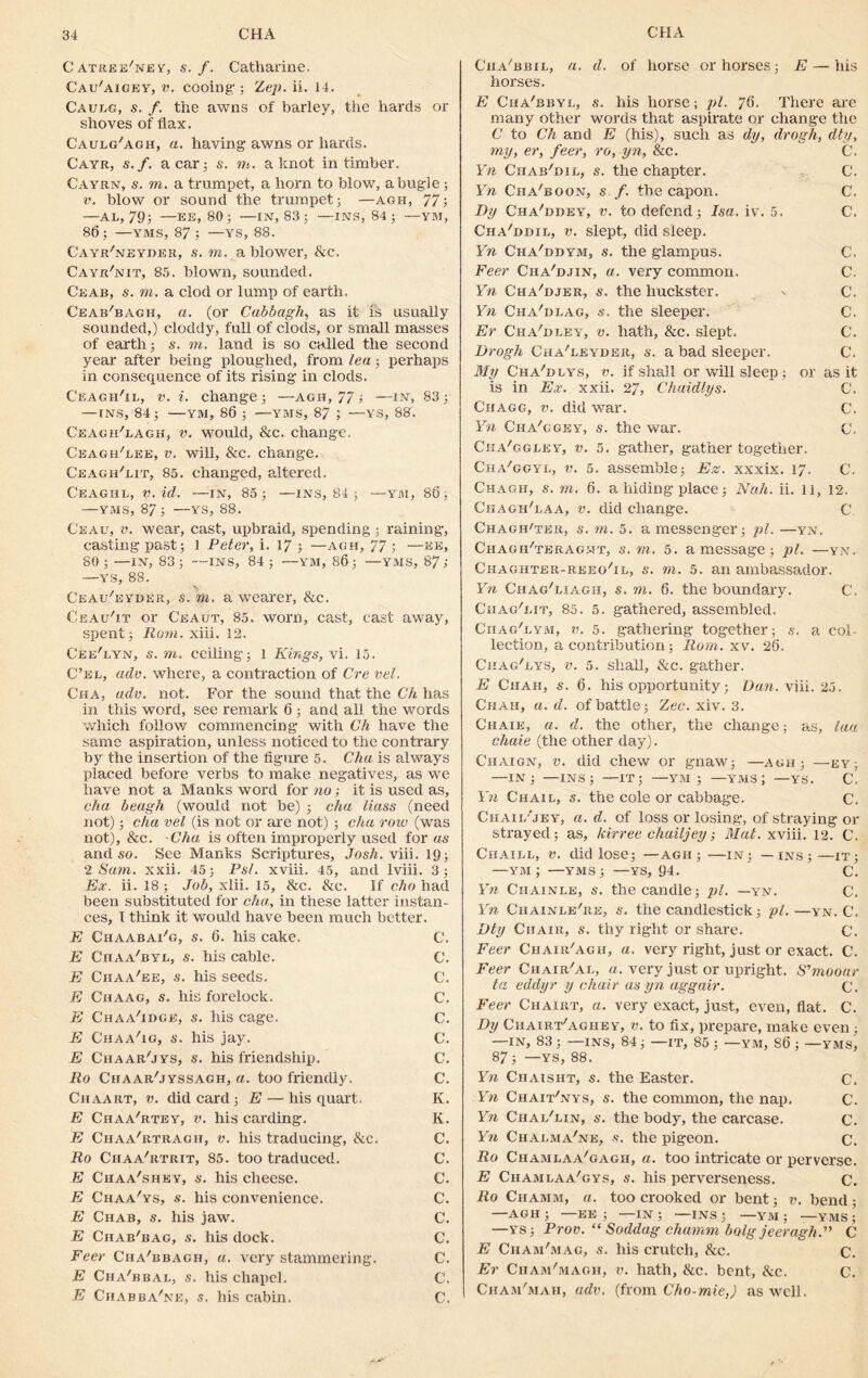 Catree'ney, s. f. Catharine. Cau'aigey, v. cooing-; Zep. ii. 14. Caulg, s. f. the awns of barley, the hards or shoves of flax. Caulg'agh, a. having awns or hards. Cayr, s.f. a car 5 s. m. a knot in timber. Cayrn, s. m. a trumpet, a horn to blow, a bugle; v. blow or sound the trumpet; —agh, 77; —AL, 79; —EE, 80; —IN, 83; —INS, 84; —YM, 86; —yms, 87 ; —ys, 88. Cayr'neyoer, s. m. a blower, &c. Cayr'nit, 85. blown, sounded. Ceab, s. m. a clod or lump of earth. Ceab'bagh, a. (or Cubbagh, as it is usually sounded,) cloddy, full of clods, or small masses of earth; s. m. land is so called the second year after being ploughed, from lea; perhaps in consequence of its rising in clods. Ceagii'il, v. i. change; —agh, 77; —in, 83; —ins, 84; —YM, 86 ; —yms, 87 ; —YS, 88. Ceagh'ragh, v. would, &c. change. Ceagh'lee, v. will, &c. change. Ceagh'lit, 85. changed, altered. Ceaghl, v. id. —in, 85; —ins, 84 ; —YM, 86; —YMS, 87 ; —YS, 88. Ceau, v. wear, cast, upbraid, spending; raining, casting past; 1 Peter, i. 17 ; —agh, 77 ; —ee, 80; —IN, 83; —INS, 84; —YM, 86; —YMS, 87; —YS, 88. Ceau'eydkr, s. m. a wearer, &c. Ceau'it or Ceaut, 85. worn, cast, cast away, spent; Rom. xiii. 12. Cee'i/yn, s. m. ceiling; 1 Rings, vi. 15. C’el, adv. where, a contraction of Cre vel. Cha, adv. not. For the sound that the Ch has in this word, see remark 6 ; and all the words which foliov/ commencing with Ch have the same aspiration, unless noticed to the contrary by the insertion of the figure 5. Cha is always placed before verbs to make negatives, as we have not a Manks word for no; it is used as, cha beagh (would not be) ; cha Hass (need not); cha vel (is not or are not) ; cha row (was not), &c. Cha is often improperly used for as and so. See Manks Scriptures, Josh. viii. 19; 2 Sam. xxii. 45; Psl. xviii. 45, and lviii. 3; Ex. ii. 18; Job, xlii. 15, &c. &c. If cho had been substituted for cha, in these latter instan- ces, I think it would have been much better. E Ciiaabai'g, s. 6. his cake. C. E Chaa'byl, s. his cable. C. E Chaa'ee, s. his seeds. C. E Chaag, s. his forelock. C. E Chaa'idge, s. his cage. C. E Chaa'ig, s. his jay. C. E Chaar/jys, s. his friendship. C. Ro Chaar'jyssagh, a. too friendly. C. Ciiaart, v. did card ; E — his quart. K. E Chaa'rtey, v. his carding. K. E Chaa'rtragii, v. his traducing, &c. C. Ro Chaa'rtrit, 85. too traduced. C. E Chaa'shey, s. his cheese. C. E Chaa'ys, s. his convenience. C. E Chab, s. his jaw. C. E Ciiab'bag, s. his dock. C. Feer Cha'bbagh, a. very stammering. C. E Cha'bbal, s. his chapel. C. E Chabba'ne, s. his cabin. C. Cha'Ibbil, a. d. of horse or horses; E — his horses. E Cha'bbyl, s. his horse; pi. 76. There are many other words that aspirate or change the C to Ch and E (his), such as dy, drogh, dty, my, er, feer, ro, yn, &c. C. Yn Chab'dil, s. the chapter. C. Yn Ciia'boqn, s f. the capon. C. Dy Cha'ddey, v. to defend; Isa. iv. 5. C. Cha'iidil, v. slept, did sleep. Yn Cha'ddym, s. the glarnpus. C. Feer Cha'hjin, a. very common. C. Yn Cha'djer, s. the huckster. - C. Yn Cha'bi.ag, s. the sleeper. C. Er Cha'dley, v. hath, &c. slept. C. Drogh Cha'leyder, s. a bad sleeper. C. My Cha'dlys, v. if shall or wall sleep ; or as it is in Ex. xxii. 27, Chaidlys. €. Ciiagg, v. did war. C. Yn Cha'ggey, s. the war. C. Cha'ggley, v. 5. gather, gather together. Cha'ggyl, v. 5. assemble; Ez. xxxix. 17. C. Chagh, s. rn. 6. a hiding place; Nah. ii. 11, 12. Chagh'laa, v. did change. C Chagh'ter, s. m. 5. a messenger; pi. —yn. Chagh'teraght, s. m. 5. a message; pi. —yn. Chaghter-reeo/il, s. m. 5. an ambassador, Yn Chag/liagh, s. m. 6. the boundary. C. Chag'lit, 85. 5. gathered, assembled. Chag'lym, v. 5. gathering together; s. a col- lection, a contribution; Rom. xv. 26. Chac/bys, v. 5. shall, &c. gather. E Chah, s. 6. his opportunity; Dan. viii. 25. Chah, a. d. of battle; Zee. xiv. 3. Chaie, a. d. the other, the change; as, laa elude (the other day). Chaign, v. did chew or gnaw; —agh; —ey; —IN; —ins; —it; —YM ; —yms ; —YS. C. Yn Chail, s. the cole or cabbage. C. Chaii/jey, a. d. of loss or losing, of straying or strayed; as, kirree chailjey; Mat. xviii. 12. C. Ciiaill, v. did lose; —agh ; —in; — ins ; —it; —YM ; —yms ; —YS, 94. C. Yn Chainle, s. the candle; pi. —yn. C. Yn Chainle'be, s. the candlestick; pi. —yn. C. Dty Chair, s. thy right or share. C. Feer Chair'agh, a. very right, just or exact. C. Feer Chair'al, a. very just or upright. S’mooar ta eddyr y chair as yn aggair. c. Feer Chairt, a. very exact, just, even, flat. C. Dy Chairt'aghey, v. to fix, prepare, make even; —IN, 83; —INS, 84; —IT, 85; —YM, 86 ; —YMS, 87; —ys, 88. Yn Chaisht, s. the Easter. C. Yn Chait'nys, s. the common, the nap. C. Yn Chai/lin, s. the body, the carcase. C. Yn Chalma'ne, s. the pigeon. c. Ro Chamlaa'gagh, a. too intricate or perverse. E Ciiamlaa'gys, s. his perverseness. C. Ro Chamm, a. too crooked or bent; v. bend; —AGH; —EE; —IN; —INS; —YM ; ■—YMS; —ys; Prov. “ Soddag chamm bolg jeeragh. C E Cham'mag, s. his crutch, &c. c. Er Cham'magh, v. hath, &c. bent, &c. C. Cbam'mah, adv. (from Cho-mie,) as well.