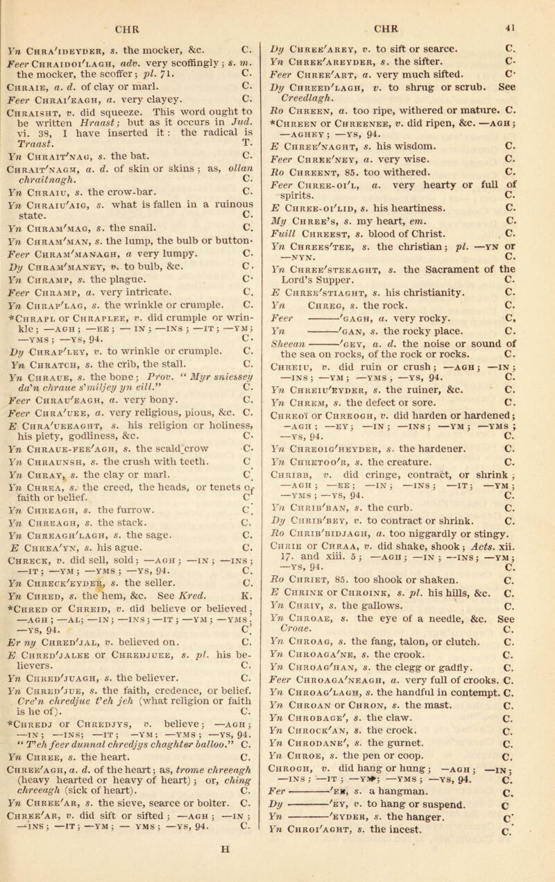 Yn Chra'iueydkr, s. the mocker, &c. C. FeCT-CHRAiDOi'LAGH, adv. very scoffingly; s. m. the mocker, the scoffer; pi. 71. C. Chraie, a. d. of clay or marl. C. Feer Chrai'eagh, a. very clayey. C. Chraisht, v. did squeeze. This word ought to be written Hraast; but as it occurs in Jud. vi. 38, I have inserted it: the radical is Traast. T. Yn Chrait'nag, s. the bat. C. Chrait'nagh, a. d. of skin or skins ; as, ollan chraitnagh. C. Yn Chraiu, s. the crow-bar. C. Yn Chraiu'aig, s. what is fallen in a ruinous state. C. Yn Chram'mag, s. the snail. C. Yn Chram'man, s. the lump, the bulb or button* Feer Chram'managh, a very lumpy. C. Dy Chram'maney, v. to bulb, &c. C. Yn Chramp, s. the plague. C- Feer Chramp, a. very intricate. C. Yn Chraf'lag, s. the wrinkle or crumple. C. *Chrapl or Chraplee, v. did crumple or wrin- kle ; —AGH ; —EE ; — IN ; —INS ; —IT ; — YM ; —VMS ; —YS, 94. C • Dy Chrap'ley, v. to wrinkle or crumple. C. Yn Chratch, s. the crib, the stall. C. Yn Chraue, s. the bone; Prov. “ Myr sniessey da'n cliraue s'miljey yn eill.” C. Feer Chrau'eagh, a. very bony. C. Feer Chra'uee, a. very religious, pious, &c. C. E Chra'ueeaght, s. his religion or holiness, his piety, godliness, &c. C- Yn Chraue-fee'agh, s. the scakbcrow C* Yn Chraunsh, s. the crush with teeth. C Yn Chray, s. the clay or marl. C Yn Chrea, s. the creed, the heads, faith or belief. Yn Chreagh, s. the furrow. Yn Chreagh, s. the stack. Yn Chreagh'lagh, s. the sage. E Chrea'yn, s. his ague. Chreck, v. did sell, sold; —agh; - —IT; —YM; —YMS ; —YS, 94. Yn Chreck/eyber, s. the seller. or tenets of C c[ c. c. c. -INS ; c. -IN c. Yn Chred, s. the hem, &c. See Kred. K. *Chred or Chreid, v. did believe or believed. —AGH ; —AL; —IN; —INS;—IT; —YM ; —YMS ! —YS, 94. C’ Er ny Ciired'jal, v. believed on. C. E Chred'jalee or Chredjuee, s. pi. his be- lievers. C. Yn Chred'juagh, s. the believer. C. Yn Chred'jue, s. the faith, credence, or belief. Cre'n chredjue Veil jeh (what religion or faith is he of). C. *Chredj or Chredjys, v. believe; —agh; —in; —ins; —it; —YM; —YMS ; —YS, 94. “ Feh feer dunnal chredjys chug liter halloo.” C. Yn Chree, s. the heart. C. Chree'agh,®. d. of the heart; as, trome chreeagh (heavy hearted or heavy of heart); or, citing chreeagh (sick of heart). C. Yn Chree'ar, s. the sieve, searce or bolter. C. Chree'ar, v. did sift or sifted ; —agh ; —in ; —INS; —IT; —YM ; — YMS; —YS, 94. C. Dy Chree'arey, v. to sift or searce. C. Yn Chree/areyder, s. the sifter. C* Feer Chree'art, a. very much sifted. C‘ Dy Chreed'iagh, v. to shrug or scrub. See Creedlagh. Ro Chreen, a. too ripe, withered or mature. C. *Chreen or Chreenee, v. did ripen, &c. —agh; —aghey ; —ys, 94. E Chree'naght, s. his wisdom. C. Feer Chree'ney, a. very wise. C. Ro Chreent, 85. too withered. C. Feer Chree-oi'l, a. very hearty or full of spirits. C. E Chree-oi'lid, s. his heartiness. C. My Chree’s, s. my heart, em. C. Fuill Chreest, s. blood of Christ. C. Yn Chrees'tee, s. the Christian; pi. —yn or NYN. C. Yn Chree/steeaght, s. the Sacrament of the Lord’s Supper. C. E Chree'stiaght, s. his Christianity. C. Yn Chreg, s. the rock. C. Feer 'gagh, a. very rocky. C, Yn 'can, s. the rocky place. C. Sheean 'gey, a. d. the noise or sound of the sea on rocks, of the rock or rocks. C. Chreiu, v. did ruin or crush; —agh; —in; —INS; —YM ; —YMS; —YS, 94. C. Yn Chreiu'eyder, s. the ruiner, &c. C. Yn Chrem, s. the defect or sore. C. Chreoi or Chreogh, v. did harden or hardened; —AGH; —EY; —IN; —INS; —YM ; —YMS ; —YS, 94. C. Yn Chreoig'heyder, s. the hardener. C. Yn Chretoo'r, s. the creature. C. Chribb, v. did cringe, contract, or shrink ; —AGH; —EE; —IN; —INS; —IT; —YM ; YMS ; —YS, 94. C. Yn Chrib'ban, s. the curb. C. Dy Chrib'bey, v. to contract or shrink. C. Ro Chrib'bidjagh, a. too niggardly or stingy. Chrie or Chraa, v. did shake, shook; Acts. xii. 17. and xiii. 5; —AGH; —IN; —INS; —YM; —YS, 94. C. Ro Chriet, 85. too shook or shaken. C. E Chrink or Chroink, s. pi. his hills, &c. C. Yn Chriy, s. the gallows. C. Yn Chroae, s. the eye of a needle, &c. See Croae. C. Yn Ciiroag, s. the fang, talon, or clutch. C. Yn Chroaga'ne, s. the crook. C. Yn Chroag'iian, s. the clegg or gadfly. C. Feer Chroaga'ne agh, a. very full of crooks. C. Yn Chroag'lagh, s. the handful in contempt. C. Yn Chroan or Chron, s. the mast. C. Yn Chrobage', s. the claw. C. Yn Chrock'an, s. the crock. c. Yn Chroijane', s. the gurnet. c. Yn Chroe, s. the pen or coop. c. Chrogh, v. did hang or hung; — agh; —in; —INS ; —IT ; —Y»; —YMS ; —YS, 94. C. Fer 'eb, s. a hangman. c. Dy 'ey, v. to hang or suspend. c Yn 'eyder, s. the hanger. c‘ Yn Chroi'aght, s. the incest. q ' H