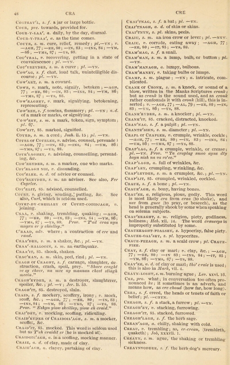 Costray'l, s. /. ajar or large bottle. Cour, pre. towards, provided for. Cour-y-i.aa', a. daily, by the day, diurnal. Cour-y-traa', a. as the time comes. Couyr, s. to. cure, relief, remedy; pi,—yn ; v. —AGH, 77; —EE, 80 ; —IN, 83 ; —INS, 84 ; —YM, —86; —YMS, 87; —YS, 88. Cou'yral, v. recovering, getting in a state of convalescence ; pi. —yn. Cou'yreyder, s. to. a curer ; pi. —yn. Cow'ag, s. f. chat, loud talk, unintelligible dis- course; pi. —YN. Cow'art, s. to. a coward. Cowr, v. mark, note, signify, betoken ; —agh, 77; ■—EE, 80; —IN, 83; —INS, 84; —YM, 86; —YMS, 87 ; —YS, 88. Cow'raghey, v. mark, signifying, betokening, representing. Cow'ree, s. f. sowins, flummery; pi. —yn ; a. d. of a mark or marks, or signifying. Cow/rey, s. to. a mark, token, sign, symptom; pi. 67. CowhiiT, 85. marked, signified. Coyrd, s. to. a cord; Josh. ii. 15; pi. —yn. CoYRLor Coyrlee, v. advise, counsel, persuade 5 —agh, 77; —IN, 83; —INS, 84; —YM, 86 j —YMS, 87; ■—YS, 88. Coyr'lagiiey, v. advising, counselling, persuad- ing, &c. Cow'reyder, s. to. a marker, one who marks. Coy'rlagh noi, v. dissuading. Coy'rlee, a. d. of advice or counsel. Coy'rleyder, s. to. an adviser. See also, Fer Coyrlee. Coy'rlit, 85. advised, counselled. Coyrt, v. giving, sending,® putting, &c. See also. Curt, which is seldom used. Coyrt-dy-cheilley or Coyrt-cooidjagii, v. joining. Craa, v. shaking, trembling, quaking; —agh, 77; —BE, 80; —IN, 83; —INS, 84; —YM, 86; —yms, 87 ; —ys, 88-. Prov. “ T’ad craa nyn moyrn er y chielley.” C’raad, udv. where; a contraction of ere and raad. Craa'her, s. to. a shaker, &c.; pi. —yn. Craa'-hallooin, s. to. an earthquake. Craa'it, 85. shook, shaken, Crac'kan, s. to. skin, peel, rind; pi. —yn. Cragii or Craght, s. f. carnage, slaughter, de- struction, crash, spoil, prey. “ Share craght ve sy cheer, na mee ny mannan cheet stiagh meein.” Cragii'eyder, s. to. a destroyer, slaughterer, spoiler, &c.; pi. —y ; Jer. li. 53. Cragh'it, 85. destroyed, slain. Craio, s. f. mockery, scoffery, irony; v, mock, scoff, &C. ; —AGH, 77 ; —EE, 80 ; —IN, 83 ; —INS, 84; —YM, 86; —YMS, 87; —YS, 88. Prov. “ Eshyn yiow skeilley, yiow eh craidP Crai'dey, v. mocking, scoffing, ridiculing. Craid'eyder or Craidoii/agh, s. to. a mocker, scoffer, &c. Craid'it, 85. mocked. This word is seldom used but as T’eh craidit er (he is mocked at). Craidoii/agh, a. in a scoffing, mocking manner. Craie, a. d. of clay, made of clay. Craib'agh, a. clayey, partaking of clay. Cra/tnag, s. /. a bat; pi. —yn. Cra/tnagh, a. d. of skin or skins. Crai'tnyn, s. pi. skins, peels. Craiu, s. to. an iron crow or lever; pi. —nyn. Craiu, v. corrode, eating away ; —agii, 77 ; —ee, 80 ; —IT, 85 ; —YS, 88. Cram'mag, s. /. a snail. Cram'man, s. to. a lump, bulb, or button ; pi. —YN. Cram'managh, a. lumpy, bulbous. Cram'maney, v. taking bulbs or lumps. Cramp, s. to. plague; —yn; a. intricate, com- plicated. Crank or Cronk, s. to. a knock, or sound of a blow, written in the Manks Scriptures cronk ; but as crank is the sound used, and as cronk rather confounds it with cronk (hill), this is in- serted; V. —AGH, 77; —AL, 79; —EE, 80; —IN, 83; —YM, 86; —YS, 88. Crane'eyder, s. to. a knocker; pi.—yn. Crank'it, 85. cracked, distracted, knocked. Cran'nag, s. f. a pulpit; pi. —yn. Crante'ssen, s. to. diameter; pi. —yn. Crapl or Craplee, v. crumple, wrinkle, cockle; —AGH, 77 ; — EE, 80 ; ■—IN, 83 ; —INS, .84 ; —YM, 86; —yms, 87 ; —ys, 88. Crap'lag, s. f. a crumple, wrinkle, or crease; pi. —yn. Prov. “ Ta craplag smoo uyns dty hoyn nish na va ro'ee.” Crap'lagh, a. full of wrinkles, &c. Crap'ley, crumpling, wrinkling, &c. Crap'leyder, s. to. a crumpler, &c.; pi. —yn. Crap'lit, 85. crumpled, wrinkled, cockled. Craue, s. f. a bone ; pi. —yn, Craue'agh, a. bony, having bones. Crai/ee, a. religious, pious, godly. This word is most likely era from craa (to shake), and uee from guee (to pray, or beseech), as the head is generally shook by some when speaking on solemn subjects. Crai/eeaght, s. to. religion, piety, godliness, holiness; Heb. xii. 14. The word craueeys is improperly substituted by some. Chaueeaght-foalsey, s. hypocrisy, false piety. Crauee-oai/sey, s. pi. hypocrites. Craue-feeagh, s. to. a scald crow; pi: Craue- fiee. Cray, s. f. clay or marl; v. clay, &c.; —agh, 77; —EE, 80; —IN 83; —INS, 84; —it, 85; —YM, 86; —YMS, 87; —YS, 88. Cray'ee, a. d. of clay or marl; the'’ craie is used • this is also in Mark, vii. 4. Crayn-losiit,s.to.burning ague; Lev. xxvi. 16. Cre, pro. what; in conversation too often pro- nounced ke; it sometimes is an adverb, and means how, as cre choud (how far, how long-). Crea, s. f. creed, the heads or tenets of faith or belief; pi. -ciiyn. Cre agh, s. /. a stack, a furrow; pi. —yn. Creagh/ey, v. stacking, furrowing. Creagh'it, 85. stacked, furrowed. Creagh'lagh, s. f. the herb sage. Crean'agii, a. chilly, shaking with cold. Creau, v. trembling; as, er-creau, (trembleth, quaketh); Job, xxxvii. 1. Creayn, s. to. ague, the shaking or trembling sickness. Creaynvoddee, .9, f. the herb dog’s mercury.