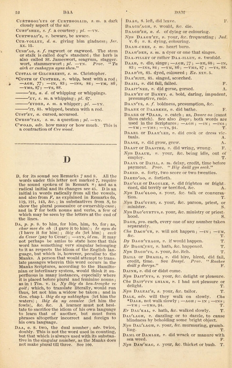 Curthool'lys or Curthoollid, s. to. a dark cloudy aspect of the air. Curt'shee, s. f. a courtesy; pi. —tn. Curtwoai'e, v. beware, be aware. Cur-volley, d. a. giving him gladness; Per. xx. 15. Cush'ag, s. f. ragwort or ragweed. The stem or stalk is called dog’s standard; the herb is also called St. Jameswort, seagrum, stagger- wort, stammerwort; pi. —yn. Prov. “ Ta airh er cushagyn ayns shen.” Custal or Gilchreest, s. to. Christopher. *Custh or Custhee, v. whip, beat with a rod; —AGH, 77; —IN, 83; —INS, 84; —YM, 86, —yms, 87; —ys, 88. 'ee, a. d. of whipping or whippings. 'ey, s. to. a whipping; pi. 67. 'eyder, s. to. awThipper; pi. —yn. 'it, 85. whipped, beaten with a rod. Cust'ey, a. cursed, accursed. Cwesh'tan, s. to. a question ; pi. —yn. C’woad, adv. how many or how much. This is a contraction of Cre woad. ■   VV’AVV V\MV»V* W'VA.'W %V* W\A« -\/V WS-V VAAA, VA /VA.-k^'W D, for its sound see Remarks 7 and 8. All the words under this letter not marked 7» require the sound spoken of in Remark 8; and as a radical initial and its changes see 45. D is an initial in words radically from all the vowels, and also from F, as explained in Remarks 60, 119, 121, 143, &c.; in substantives from S, to show the plural possessive or ownership case; and in T for both nouns and verbs, a few of which may be seen by the letters at the end of the lines. Da, p. p. 8. to him, for him, him, to, for : as, chur mee da eh (I gave it to him); te aym da (I have it for him) ; ling da (let him) ; eeck da Cesar (pay to Cesar); —syn, id em. It may not perhaps be amiss to state here that this word has something very singular belonging to it as respects the idiom of the English lan- guage, but which is, however, peculiar to the Manks. A person that would attempt to trans- late passages wherein this word occurs in the Manks Scriptures, according to the Hamilto- nian or interlinary system, would think it su- perfluous in many instances, especially where it is placed before plural and feminine nouns; as in 1 Tim. v. ix. Ny ihig da ben-treoghe ve goit; which, to translate literally, would run thus, let not him a widow be taken; and in Gen. chap i. Ihig da ny ushtaghyn (let him the waters) ; Ihig da ny eeanlee (let him the fowls), &c. &c. A learner must not hesi- tate to sacrifice the idiom of his own language to learn that of another, but must form phrases altogether incorrect and foreign to his own language. Daa, a. 8. two, the dual number; adv. twice, doubly. This is not the word used in counting, but that which is always used with its substan- tive in the singular number, as the Manks does not make plural till three. See 100. Daag, 8. left, did leave. F. Daagh'agh, v. would, &c. die. Daagh'ee, a. d. of dying or colouring’. Nyn Daagh'ey, v. your, &c. frequenting; Jud. v. 6; v. 8. dying, colouring. Daah-cree, s. to. heart burn. Daah'der, s. to. a dyer or one that singes. Daa-filley or rather Daa-illhy, a. twofold. Daah, v. die, singe; —agh, 77 ; —ee, 80; —in, 83 ; —INS, 84; —YM, 86; —YMS, 87 ; —YS, 88. Daah'it, 85. dyed, coloured ; Ex. xxv. 5. Daa'hjit, 85. singed, scorched. Daatl, v. did fail, failed. F. Daait'nee, v. did gorse, gorsed. A, Daan'ey or Daney, a. bold, daring, impudent, presumptive, rude, Daan'ys, s. f. boldness, presumption, &c. Daark or Daarkee, v. did bathe. F. Daare or *Daae, v. catch ; as, Daare oo (canst thou catch). See also Dayv, both words are used in the Scriptures,- —agh; —in; —ins ; —ym ; —yms ; —ys, 94. T. Daarl or Daar'lee, v. did cook or dress vic- tuals. A. Daase, v. did grow, grew. A- Daast or Daastee, v. did wring, wrung. F. Nyn Daaue, v. your, &c. being idle, out of employ. T. Daayl or Daill, s. to. delay, credit, time before payment. Prov. “ Hig daill gys eeck. Daeed. a. forty, two score or two twenties. Daeed'oo, a. fortieth. Dag'gle or Dagglee, v. did frighten or fright- ened, did terrify or terrified, &c. A. Nyn Dag'gloo, s. your, &c. talk or conversa- tion. T. Nyn Dag'gyrt, s. your, &c. parson, priest, or minister. S. Ab/reDAG'GYRTYS,s. your, &c. ministry or priest- hood. S. Dagh, pro. each, every one of any number taken separately. Cha Dagh'yr, v. will not happen; —in ; —ym, &c. T. Dy Dagh'yragh, v. if would happen. T. Er Dagh'yrt, v. hath, &c. happened. T. Nyn Dagh'ys, s. your, &c. itch. T. Daill or Dhaill, v. did hire, hired, did fail, credit, time. See Daayl. Prov. “ Roshee daill y dorrys.” F. Daink, v. did or didst come. Nyn Datt'nys, s. your, &c. delight or pleasure. Cha Dait'tyn lhiam, v. I had not pleasure or delight. T. Nyn Daleai'r, s. your, &c. tailor. T. Dale, adv. will they walk on slowly. Cha *Dalk, not walk slowly; —agh ; — in ; —ins ; —YM ; —yms, 94. T. Er Dal'kal, v. hath, &c. walked slowly. T. Dai/lagh, v. dazzling or to dazzle, to cause blindness by beholding some bright object. Nyn Dal'lagh, v. your, &c. murmuring, grumb- ling. T. Daml or Damlee, v. did wrack or manure with sea weed. F. Nyn Dam'mag, s. your, &c. thicket or bush. T.