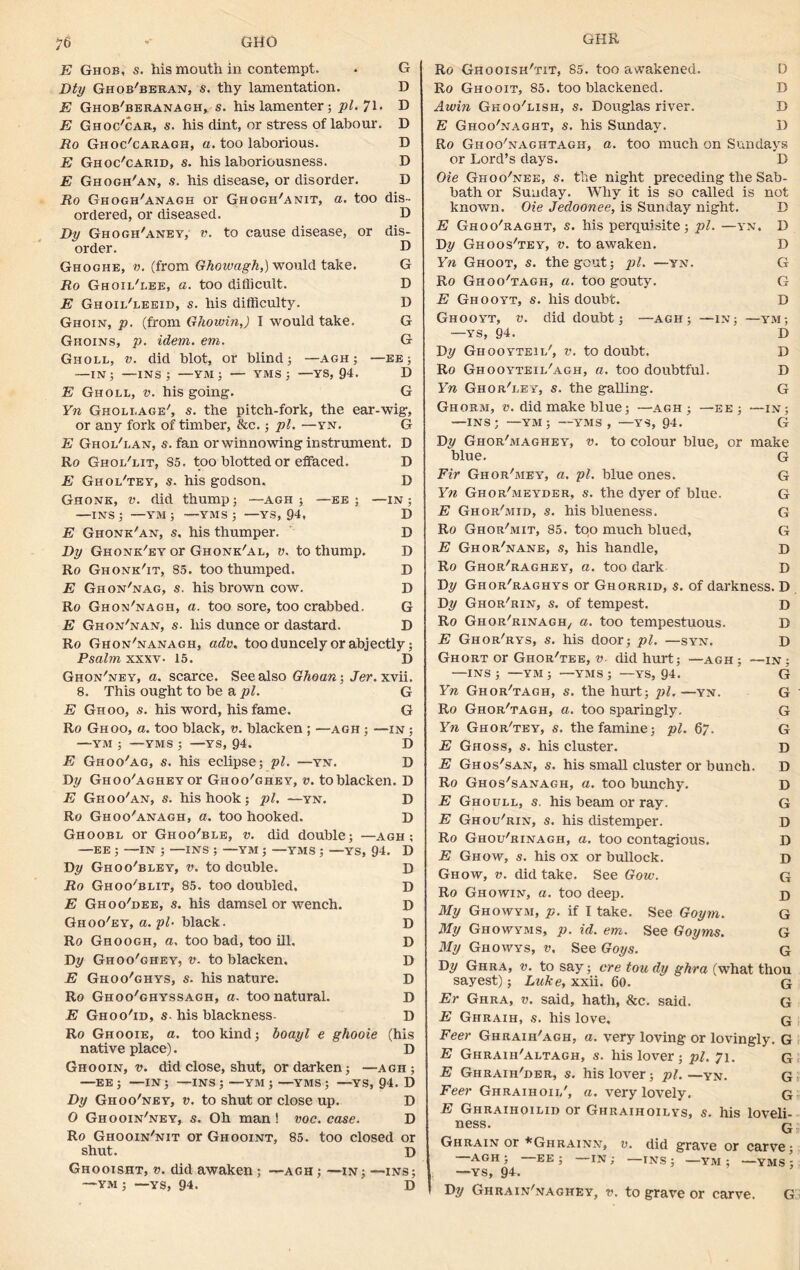 E Ghob, s. his mouth in contempt. . G Dty Ghob'bekan, s. thy lamentation. D E Ghob'beranagh, s. hislamenter; pi. 71< D E Ghoc'car, s. his dint, or stress of labour. D Ro Ghoc'caragh, a. too laborious. D E Giioc'carid, s. his laboriousness. D E Ghogh'an, s. his disease, or disorder. D Ro Ghogh'anagh or Ghogh'anit, a. too dis- ordered, or diseased. D Dy Ghogh'aney, v. to cause disease, or dis- order. D Ghoghe, v. (from Ghowagh,) would take. G Ro Ghoil'lee, a. too difficult. D E Ghoil'leeid, s. his difficulty. D Ghoin, p. (from Ghourin,) I would take. G Ghoins, p. idem. em. G Gholl, v. did blot, or blind; —agh; —ee; —IN; —INS; —YM; — YMS ; —YS, 94. D E Gholl, v. his going. G Yn Gholi.age', s. the pitch-fork, the ear-wig, or any fork of timber, &c.; pi. —yn. G E Ghol'lan, s. fan or winnowing instrument. D Ro Ghol'lit, S5. too blotted or effaced. D E Ghol'tey, s. his godson. D Ghonk, v. did thump; —agh ; —ee ; —in; —INS ; —YM ; —YMS ; —YS, 94, E Ghonk'an, s. his thumper. Dy Ghonk'ey or Ghonk'al, v. to thump. Ro Ghonk'it, 85. toothumped. E Ghon'nag, s. his brown cow. Ro Ghon'nagh, a. too sore, too crabbed. E Ghon'nan, s. his dunce or dastard. Ro Ghon'nanagh, adv, too duncely or abjectly; Psalm xxxv- 15. D Ghon'ney, a. scarce. See also Ghoan-, Jer.xvii. 8. This ought to be a pi. G E Ghoo, s. his word, his fame. G Ro Ghoo, a. too black, v. blacken ; —agh ; —in ; —YM ; —YMS ; —YS, 94. D E Ghoo'ag, s. his eclipse; pi. —yn. D Dy GHOo'AGHEYor Ghoo'ghey, v. to blacken. D E Ghoo'an, s. his hook; pi. —yn. D Ro Ghoo'anagh, a. too hooked. D Ghoobl or Ghoo'ble, v. did double; —agh ; -YM ; —YMS ; —YS, 94. D D D D D D D D D D (his D D D D D D G D Dy Gho o'bley, v. to double. Ro Ghoo'blit, 85. too doubled. E Ghoo'dee, s. his damsel or wench. Ghoo'ey, a. pi. black. Ro Ghoogh, a. too bad, too ill, Dy Ghoo'ghey, v. to blacken. E Ghoo'ghys, s. his nature. Ro Ghoo'ghyssagh, a. too natural. E Ghoo'id, s-his blackness- Ro Ghooie, a. too kind; boayl e ghooie native place). Ghooin, v. did close, shut, or darken; —agh; —EE; —IN; —INS; —YM ; —YMS; —YS, 94. D Dy Ghoo'ney, v. to shut or close up. D 0 Ghooin'ney, s. Oh man ! voc. case. D Ro Ghooin'nit or Ghooint, 85. too closed or shut. D Ghooisht, v. did awaken ; —agh ; —in; —ins; —YM ; —YS, 94. D Ro Ghooish'tit, 85. too awakened. Ro Ghooit, 85. too blackened. Awin Ghoo'lish, s. Douglas river. D D D E Ghoo'naght, s. his Sunday. 1) Ro Ghoo'naghtagh, a. too much on Sundays or Lord’s days. D Oie Ghoo'nee, s. the night preceding the Sab- bath or Sunday. Why it is so called is not known. Oie Jedoonee, is Sunday night. D E Ghoo'raght, s. his perquisite; pi. —yn. D Dy Ghoos'tey, v. to awaken. D Yn Ghoot, s. the gout; pi. —yn. G Ro Ghoo'tagh, a. too gouty. G E Ghooyt, s. his doubt. D Ghooyt, v. did doubt; —agh; —in; —ym; —ys, 94. D Dy Ghooyteii/, v. to doubt. D Ro Ghooyteil'agh, a. too doubtful. D Yn Ghor'ley, s. the galling. G Ghorm, v. did make blue; —agh ; —ee ; —in; —INS; —YM; —YMS , —YS, 94. G Dy Ghor'maghey, v. to colour blue, or make blue. G Fir Ghor'mey, a. pi. blue ones. G Yn Ghor'meyber, s. the dyer of blue. G E Ghor'mid, s. his blueness. G Ro Ghor'mit, 85. too much blued, G E Ghor'nane, s, his handle, D Ro Ghor'raghey, a. too dark D Dy Ghor'raghys or Ghorrid, s. of darkness. D Dy Ghor'rin, s. of tempest. D Ro Ghor'rinagh, a. too tempestuous. D E Ghor'rys, s. his door; pi. —syn. D Ghort or Ghor'tee, v- did hurt; —agh ; —in ; —INS; —YM; —YMS; —YS, 94. G Yn Ghor'tagh, s. the hurt; pi. —yn. G ' Ro Ghor'tagh, a. too sparingly. G Yn Ghor'tey, s. the famine; pi. 67. G E Ghoss, s. his cluster. D E Ghos'san, s. his small cluster or bunch. D Ro Ghos'sanagh, a. too bunchy. D E Ghoull, s. his beam or ray. G E Ghou'rin, s. his distemper. D Ro Ghou'rinagh, a. too contagious. D E Ghow, s. his ox or bullock. D Ghow, v. did take. See Gow. <3 Ro Ghowin, a. too deep. My Ghowym, p. if I take. See Goym. G My Ghowyms, p. id. em. See Goyms. G My Ghowys, v. See Goys. g Dy Ghra, v. to say; ere tou dy ghra (what thou sayest); Luke,xxii. 60. g Er Ghra, v. said, hath, &c. said. G E Ghraih, s. his love, g Peer Ghraih'agh, a. very loving or lovingly. G E Ghraih'altagh, s. his lover; pi. 71. g E Ghraih'der, s. his lover; pi.—yn. G Peer Ghraihoii/, a. very lovely. g E Ghraihoilid or Ghraihoilys, s. his loveli- ness. Q Ghrain or *Ghrainn, v. did grave or carve; AGH ; —EE ; —IN ; —INS ; —YM ; —YMS ; —YS, 94. Dy Ghrain'naghey, v. to grave or carve. G