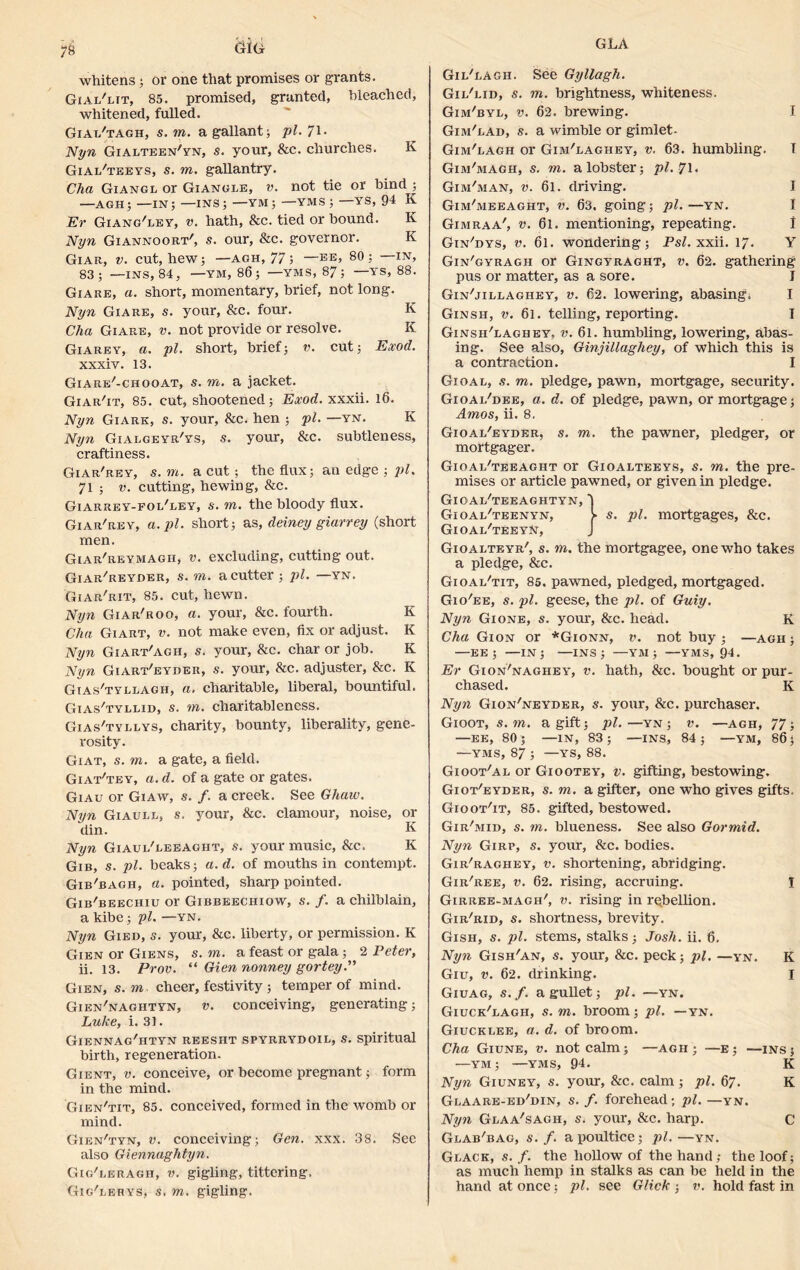 GLA ;& iiIG whitens ; or one that promises or grants. Gial'lit, 85. promised, granted, bleached, whitened, fulled. Giar'tagh, s. m. a gallant ; pi. 7!• Nyn Giarteen'yn, s. your, &c. churches. K Giar'teeys, s. m. gallantry. Cha Giangr or Giangre, v. not tie or bind ; —AGH; —IN; —INS; —YM ; —YMS; YS, 94 K Er Giang'rey, v. hath, &c. tied or bound. K Nyn Giannoort', s. our, &c. governor. K Giar, v. cut, hew; —agh, 77; —BE> ; in, 83; —ins, 84, —YM, 86; —YMS, 87; —YS, 88. Giare, a. short, momentary, brief, not long. Nyn Giare, s. your, &c. four. K Cha Giare, v. not provide or resolve. K Giarey, a. pi. short, brief; v. cut; Eocod. xxxiv. 13. Giare/-ciiooat, s. m. a jacket. Giar'it, 85. cut, shootened; Eocod. xxxii. 16. Nyn Giark, s. your, &c. hen ; pi. —yn. K Nyn Giargeyr'ys, s. your, &c. subtleness, craftiness. Giar'rey, s. m. a cut ; the flux; an edge ; pi. 71 ; v. cutting, hewing, &c. Giarrey-for'rey, s. m. the bloody flux. Giar'rey, a. pi. short ; as, deiney giarrey (short men. Giar'reymagii, v. excluding, cutting out. Giar/reyder, s. m. a cutter ; pi. —yn. Giar'rit, 85. cut, hewn. Nyn Giar'roo, a. your, &c. fourth. K Cha Giart, v. not make even, fix or adjust. K Nyn Giart'agii, s. your, &c. char or job. K Nyn Giart'eyder, s. your, Sic. adjuster, &c. K Gias'tyllagh, a. charitable, liberal, bountiful. Gias'tyllid, s. m. charitableness. Gias'tyrrys, charity, bounty, liberality, gene- rosity. Giat, s. m. a gate, a field. Giat'tey, a. d. of a gate or gates. Giau or Giaw, s. f. a creek. See Ghaw. Nyn Giaurr, s. your, &c. clamour, noise, or din. K Nyn Giaur'reeagiit, s. your music, &c. K Gib, s. pi. beaks; a.d. of mouths in contempt. Gib'bagh, a. pointed, sharp pointed. Gib'beechiu or Gibbeechiow, s. f. a chilblain, a kibe; pi. —yn. Nyn Gied, s. your, &c. liberty, or permission. K Gien or Giens, s. m. a feast or gala; 2 Peter, ii. 13. Prov. “ Gien nonney gortey.” Gien, s. m cheer, festivity ; temper of mind. Gien'naghtyn, v. conceiving, generating; Luke, i. 31. Giennag'htyn reesht spyrrydoil, s. spiritual birth, regeneration. Gient, v. conceive, or become pregnant; form in the mind. Gien'tit, 85. conceived, formed in the womb or mind. Gien'tyn, v. conceiving; Gen. xxx. 38. See also Giennaghtyn. Gig'reragii, v. gigling, tittering. Gig'rerys, s. m. gigling. Gii/iagh. See Gyllagh. Gii/lid, s. m. brightness, whiteness. Gim'byr, v. 62. brewing. I Gim/lad, s. a wimble or gimlet- Gim'lagh or Gim'laghey, v. 63. humbling. T Gim'magh, s. m. a lobster; pi. 71. Gim'man, v. 6l. driving. I Gim'meeaght, v. 63. going; pi.—yn. I Gimraa', v. 6l. mentioning, repeating. i Gin'iiys, v. 6l. wondering; Psl.xxii. 17. Y Gin'gyragh or Gingyraght, v. 62. gathering pus or matter, as a sore. I GinGillaghey, v. 62. lowering, abasing* I Ginsh, v. 61. telling, reporting. I Ginsh'laghey, v. 61. humbling, lowering, abas- ing. See also, Ginjillaghey, of which this is a contraction. I Gioar, s. m. pledge, pawn, mortgage, security. Gioar/dee, a. d. of pledge, pawn, or mortgage; Amos, ii. 8. Gioar'eyder, s. m. the pawner, pledger, or mortgager. Gioar/teeaght or Gioarteeys, s. m. the pre- mises or article pawned, or given in pledge. Gioar^teeagiityn, I Gioar'teenyn, ^ s. pi. mortgages, &c. GlOAR/TEEYfV, J Gioalteyr', s. m. the mortgagee, one who takes a pledge, &c. Gioar'tit, 85. pawned, pledged, mortgaged. Gio'ee, s. pi. geese, the pi. of Guiy. Nyn Gione, s. your, &c. head. R Cha Gion or *Gionn, v. not buy ; —agh ; —EE 5 —IN; —INS; —YM; —YMS, 94. Er Gion/naghey, v. hath, &c. bought or pur- chased. K Nyn Gion'neyder, s. your, &c. purchaser. Gioot, s. m. a gift; pi.—yn; v. —agh, 77; —ee, 80 ; —IN, 83; —INS, 84; —YM, 86; —yms, 87 ; —ys, 88. GiooT'An or Giootey, v. gifting, bestowing. Giot'eyder, s. m. a gifter, one who gives gifts. Gioot'it, 85. gifted, bestowed. Gir'mid, s. m. blueness. See also Gormid. Nyn Girp, s. your, &c. bodies. Gir'raghey, v. shortening, abridging. Gir'ree, v. 62. rising, accruing. T Girree-magh', v. rising in rebellion. Gir'rid, s. shortness, brevity. Gish, s. pi. stems, stalks; Josh. ii. 6. Nyn Gish'an, s. your, Sec. peck; pi. —yn. K Giu, v. 62. drinking. I Giuag, s.f. a gullet; pi. —yn. Giuck/ragh, s. m. broom; pi. — yn. Giuckree, a. d. of broom. Cha Giune, v. not calm; —agh ; —e; —ins; —ym; —yms, 94. K Nyn Giuney, s. your, Sec. calm ; pi. 67. K Graare-ed'bin, s. f. forehead; pi. —yn. Nyn Graa'sagh, s. your, &c. harp. c Grab'bag, s.f. a poultice; pi.—yn. Grace, s. f. the hollow of the hand; the loof; as much hemp in stalks as can be held in the hand at once; pi. see Glick ; v. hold fast in