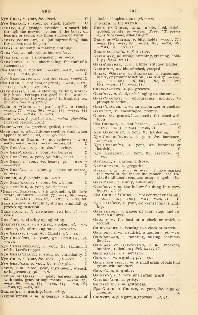 Nyn Grea, s. your, &c. creed. C Nyn Greagh, s. your, &c. stack, furrow. C Greain, s. f. grudge, aversion ; a smart felt through the nervous system of the body, on healing or seeing anything sudden or awful. Greain voght ort, s. (an imprecation,) that thy nerves may be poor. Greas, s. industry in making clothing. Greas'ag, a. industrious housewifery. Grea'see, s. to. a shoemaker ; pi. —yn. Grea'seeys, s. to. shoemaking, the craft of a shoemaker. Cha Greck, v. not sell; —agh; —in; —ins; —YM ; —YMS, 94. C Nyn Grec'keyder, s. your, &c. seller, vender. C Cha Gred, v. not hem or grunt; —agh ; —in ; —INS; —ym ; —YMS, 94. K Gred-hiass', s. to. a glowing, grilling, scorch- ing heat. Perhaps the gred in this word is the Manks of the word grid in English; as, gridiron (yiarn greddee). Gred or *Gredd, v. parch, grill, or roast; —AGH, 77; —EE, 80; —IN, 83; —INS, 84; —YM, 86; —YMS, 87; —YS, 88. Gred'dan, s. f. parched corn; meinn ghreddan (meal of parched corn). Gred/danit, 85. parched, grilled, roasted. Gred'dee, a. a hot fulsome smell or stink, when applied to smell; as, soar greddee. Cha Gred or Greid, v. not believe; —agh; —EE; —IN; —INS; —YM; —YMS, 94. C Nyn Gred'jal, v. your, &c. believing. C Nyn Gred'juagh, s. your, §-c. believer. C Nyn Greddee, s. your, <yc. faith, belief. C Nyn Gree, s. your, §-c. heart; pi. —ghyn or —AGHYN. C Nyn Gree'ar, s. your, §-c. sieve or searce; pi. —YN. C Greeish, s. f. a stair; pi. —yn. Nyn Gree'naght, s. your, §-c. wisdom. C Nyn Gree'nid, s. your, fyc. ripeness. C *Grees or Greesee, v. stir up to action, kindle to wrath, stimulate; —agh, 77; —ee, 80; —in, 83; —INS, 84 ; —YM, 86; —YMS, 87; —YS, 88. Gree/saghey, v. kindling, stirring, stimulating, provoking to action. Gree/sagh, s. f. live ashes, red hot ashes or coals. Gree'sey, v. stirring up, agitating. Gree'seyder, s. to. a stirrer, a poker; pi. —yn. Gree'sit, 85. stirred, agitated, provoked. Nyn Greest, s. our, fyc. Christ; pi. —yn. Nyn Grees'tee, s. your, fyc. Christian; pi. —nyn. C Nyn Grees'teeaght, s. your, &c. sacrament of the Lord’s Supper. C Nyn Grees'tiaght, s. your, &c. Christianity. C Nyn Greg, s. your, &c. rock; pi. —yn. C Nyn Greg'gan, s. your, &c. rocky place. C Greie, s. to. a tool, gear, instrument, utensil, or implement; pi. —yn. Greigh or Greie, v. gear, harness, furnish with tools, gear, or implements ; —agh, 77; —EE, 80; —in, 83; —INS, 84; —ym, 86; —YMS, 87; —YS, 88. Greigh'ey, v. gearing, harnessing. Greigh'eyder, s. to. a gearer; a furnisher of tools or implements; pi. —yn. Y Greih, s. the wretch. Greim or Greme, s. to. a bite, hold, stitch, gobbet, or bit; pi. —nyn. Prov. “ Ta greme ay7is traa cooie, sauail nuy.” Greim or *Greimm, v. bite, hold; —agh, 77; —EE, 80 ; —IN, 83 ; —INS, 84 ; —YM, 86 ; —YMS, 87; —YS, 88. Greim-coelan'e, s. f. a gripe. Greim'mey, pt. biting, stitching, grasping, hold- ing ; Exod. xv 14. Greim'meyder, s. to. a biter, stitcher, holder. Greim'mit, 85. bit, stitched, grasped. Grein, *Greinn, or Greinnee, v. encourage, incite, or prompt to action; Isa. xiii 17; —agh, 77; —EE, 80; —in, 83; —ins, 84; —ym, 86 ; —YMS, 87 ; —YS, 88. Grein-aadjyn, s. pi. greaves. Grei'ney, a. d. of, or belonging to, the sun. Grein'naghey, v. encouraging, inciting, to prompt to action. Grein'neyder, s. to. an encourager or enciter. Gren'nit, 85. encouraged, prompt. Greit, 85. geared, harnessed; furnished with tools. Cha Greogh, v. not harden; —agh ; —ee; —in; —ins; —YM ; —YMS, 94. C Nyn Greogh'ey, s. your, &c. hardening. C Nyn Greogh'eyder, s. your, &c. hardener; pi. —yn. C Ny?i Greogh'ys, s. your, &c. hardness or hardship. C Nyn Gretoor', s. your, &c. creature; pi. —YN. C Gri'aght, s. a group, a drove. Gri'aghtagh, a. gregarious. Grian, s. to. sun; pi. —yn. I have marked this word of the masculine gender; see Psl. xix. 6; although common usage is against it. Grian'agh, a. sunny, sun-shiny. Grib'bey, s. to. the hollow for dung in a cow- house ; pi. 67- Clia Grib or *Gribb, v. not contract or shrink; —AGH;— IN; —INS; —YM; —YMS, 94. C. Nyn Grib^ey, v. your, &c. contracting, shrink- ing. C. Grib'beydey, a. a pace of short steps and ra- ther in a hurry. Grig, s. to. the beat of a clock or watch, a second. Grig'yraght, v. beating as a clock or watch. Grin'der, s. to. a satirist, ataunter; pi.—yn. Grin^eragh, v. taunting, talking contume- liously. Grin'dee or Grin/deryn, s. pi. mockers, taunters, ridiculers ; Psl. xxxv. 16. Grin'derys, s. f. sarcasm. Grine, s. to. a grain ; pi. —yn. Grine-ach/lish, s. to. a small grain of oats that grows with another. Grine/agh, a. grainy. Grineen', s. f. very small grain, a grit. Grineen'agh, a. gritty. Grineen'id, s. to. grittiness. Nyn Grink or Groink, s. your, &c. hills or mounts. c. Grinney, s.f. a gate, a gateway; pi. 67.