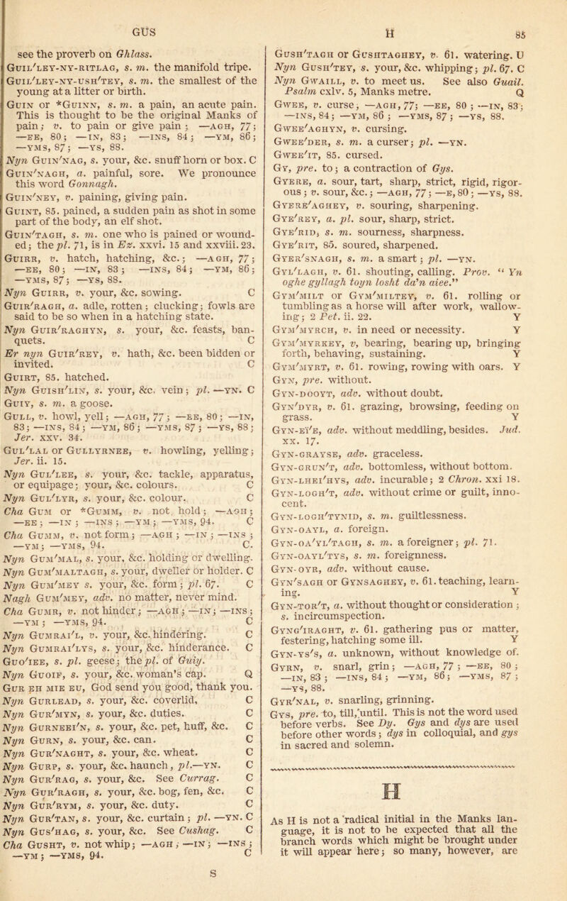 GUS see the proverb on Ghlass. Guil'ley-ny-ritlag, s. m. the manifold tripe. Guil'ley-ny-ush'tey, s. m. the smallest of the young at a litter or birth. Guin or *Guinn, s. m. a pain, an acute pain. This is thought to be the original Manks of pain; v. to pain or give pain ; —ach, 77; —EE, 80; —IN, 83; —INS, 84; —YM, 86; —YMS, 87; —YS, 88. Nyn Guin'nag, s. your, &c. snuff horn or box. C Guin'nagh, a. painful, sore. We pronounce this word Gonnagh. Guin'ney, v. paining, giving pain. Guint, 85. pained, a sudden pain as shot in some part of the body, an elf shot. Guin/tagh, s. m. one who is pained or wound- ed; the pi. 71, is in Ez. xxvi. 15 a,nd xxviii. 23. Guirr, v. hatch, hatching, &c.; —agh, 77; —ee, 80 ; —in, 83 ; —ins, 84 ; —ym, 86; —yms, 87; —ys, 88. Nyn Guirr, v. your, &c. sowing. C Guir'ragh, a. adle, rotten ; clucking; fowls are said to be so when in a hatching state. Nyn Guir'raghyn, s. your, &c. feasts, ban- quets. C Er nyn Guir'rey, v. hath, &c. been bidden or invited. C Guirt, 85. hatched. Nyn Guish'lin, s. your, &c, vein; pi. —yn. C Guiy, s. m. a goose. Gull, v. howl, yell; —agh, 77; ■—ee, 80; —in, 83; —INS, 84; —YM, 86; —YMS, 87; —YS, 88; Jer. xxv. 34. Gul'lal or Gullyrnee, v. howling, yelling; Jer. ii. 15. Nyn Gul'lee, s. your, &c. tackle, apparatus, or equipage; your, &c. colours. C Nyn Gul'lyr, s. your, &c. colour. C Cha Gum or *Gumm, v. not. hold; —agh; —EE ; —IN ; —INS ; —YM ; —YMS, 04. C Cha Gumm, v. not form; —agh ; —in ; —ins ; —ym; —YMS, 94. C. Nyn Gum'mal, s. your, &c. holding or dwelling. Nyn Gum'maltagh, s. your, dweller or holder. C Nyn Gum'mey s. your, &c. form; pi. 67. C Nagh Gum'mey, adv. no matter, nevermind. Cha Gumr, v. not hinder; —agh ; —in; —ins ; —ym ; —yms, 94. C Nyn Gumrai'l, v. your, &c. hindering. C Nyn Gumrai'lys, s. your, &c. hinderance. C Guo'iee, s. pi. geese; thepl. of Guiy. Nyn Guoif, s. your, &c. woman’s cap. Q Gur eh mie eu, God send you good, thank you. Nyn Gurlead, s. your, &c. coverlid, C Nyn Gur'myn, s. your, &c. duties. C Nyn Gurneei'n, s. your, &c. pet, huff, &c, C Nyn Gurn, s. your, &c. can. C Nyn Gur'naght, s. your, &c. wheat. C Nyn Gurp, s. your, &c. haunch, pi.—yn. C Nyn Gur'rag, s. your, &c. See Currag. C Nyn Gur'ragh, s. your, &c. bog, fen, &c. C Nyn Gur'rym, s. your, &e. duty. C Nyn Gur'tan, s. your, &c. curtain ; pi. —yn. C Nyn Gus'hag, s. your, &c. See Cushag. C Cha Gusht, v. not whip; —agh,—in; —ins; —ym ; —yms, 94- c Gush'tagh or Gushtaghey, v. 61. watering. U Nyn Gush'tey, s. your, &c. whipping; pi. 67. C Nyn Gwaill, v. to meet us. See also Gnail. Psalm cxlv. 5, Manks metre. Q Gwee, v. curse, —agh, 77; —ee, 80; —in, 83; —INS, 84; —YM, 86 ; —YMS, 87; —YS, 88. Gwee'agiiyn, v. cursing. Gwee'der, s. m. acurser; pi. —yn. Gwee'it, 85. cursed. Gy, pre. to; a contraction of Gys. Gyere, a. sour, tart, sharp, strict, rigid, rigor- ous ; V. sour, &C.; —AGH, 77; —E, 80 ; —YS, 88. Gyere'aghey, v. souring, sharpening. G ye're y, a. pi. sour, sharp, strict. Gye'rid, s. m. sourness, sharpness. Gye'rit, 85. soured, sharpened. Gyer'snagh, s. m. a smart; pi. —yn. Gyl'lagh, v. 6l. shouting, calling. Prov. “ Yn oghe gyllagh toyn losht da'n aieeP Gym'milt or Gym'miltey, v. 6l. rolling or tumbling as a horse will after work, wallow- ing; 2 Pet. ii. 22. Y Gym'myrch, v. in need or necessity. Y Gym'myrkey, v, bearing, bearing up, bringing forth, behaving, sustaining. Y Gym'myrt, v. 61. rowing, rowing with oars. Y Gyn, pre. without. Gyn-dooyt, adv. without doubt. Gyn'dyr, v. 6l. grazing, browsing, feeding on grass. Y Gyn-ei'e, adv. without meddling, besides. Jud. xx. 17. Gyn-grayse, adv. graceless. Gyn-grun't, adv. bottomless, without bottom. Gyn-lhei'hys, adv. incurable; 2 Chron. xxi 18. Gym-logh't, adv. without crime or guilt, inno- cent. Gyn-logh'tynid, s. m. guiltlessness. Gyn-oayl, a. foreign. Gyn-oa'yl'tagh, s. m. a foreigner; pi. 71. Gyn-oayl'tys, s. m. foreignness. Gyn-oyr, adv. without cause. Gyn'sagh or Gynsaghey, v. 6l. teaching, learn- ing. Y Gyn-tor't, a. without thought or consideration ; s. in circumspection. Gyng'iraght, v. 61. gathering pus or matter, festering, hatching some ill. Y Gyn-ys's, a. unknown, without knowledge of. Gyrn, v. snarl, grin; —agh, 77 ; —ee, 80 ; —IN, 83 ; — INS, 84; —YM, 86; —YMS, 87; —YS, 88. Gyr'nal, v. snarling, grinning. Gys, pre. to, till/until. This is not the word used before verbs. See By. Gys and dys are used before other words; dys in colloquial, and gys in sacred and solemn. As H is not a radical initial in the Manks lan- guage, it is not to be expected that all the branch words which might be brought under it will appear here; so many, however, are S