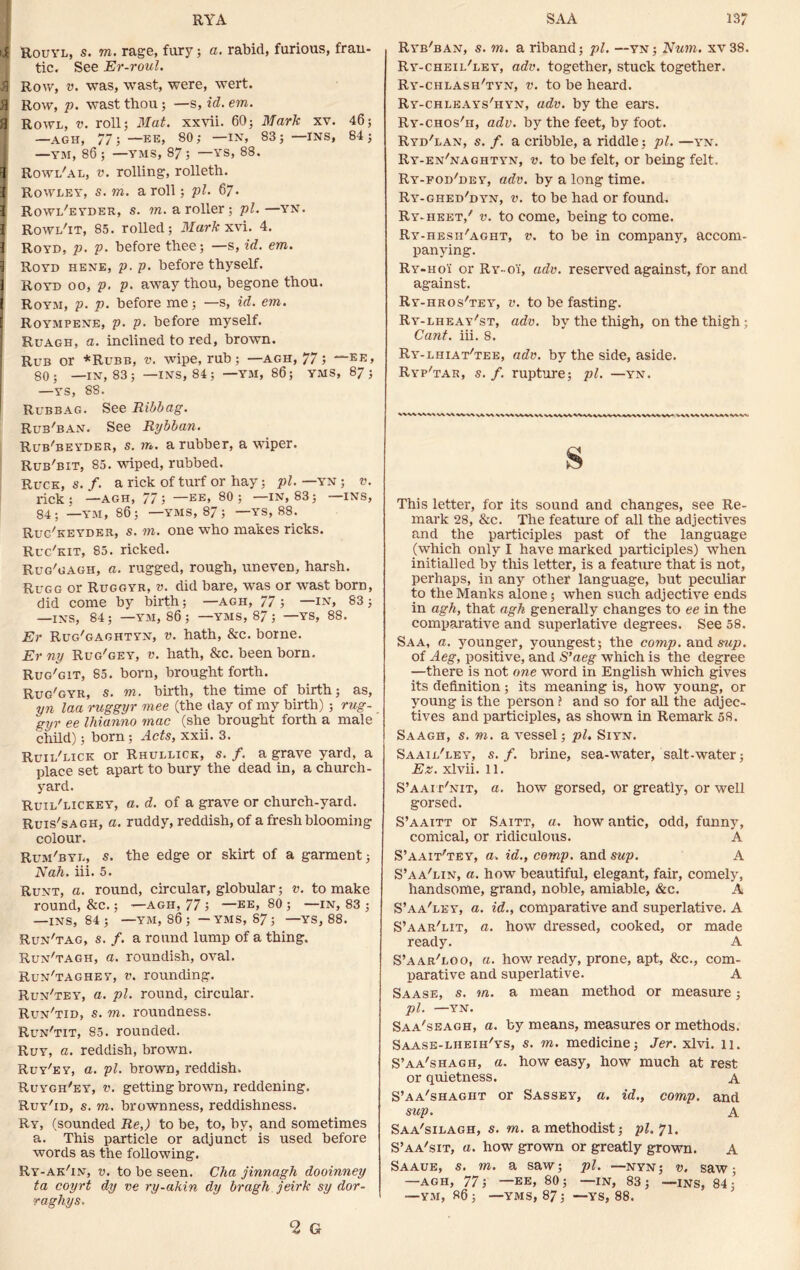 RYA ii Rouyl, s. m. rage, fury; a. rabid, furious, fran- tic. See Er-roul. ft Row, v. was, wast, were, wert. Row, p. wast thou; —s, id. em. 3 Rowl, v. roll; Mat. xxvii. 60; Mark xv. 46; —AGH, 77 5 —EE, 80; IN, 83; —INS, 84; —YM, 86; —YMS, 87; —YS, 88. I Rowi/al, v. rolling, rolleth. 3 Rowley, s.m. a roll; pi. 6J. I Rowl'eyder, s. m. a roller ; pi.—yn. t Rowl'it, 85. rolled; Mark xvi. 4. 1 Royd, p. p. before thee; —s, id. em. 1 Royd hene, p. p. before thyself, j Royd oo, p. p. away thou, begone thou, j Royji, p. p. before me; —s, id. em. j Roympene, p. p. before myself. Ruagh, a. inclined to red, brown. Rub or *Rubb, v. wipe, rub; —agh, 77; —ee, 80; —IN, 83; —INS, 84; —YM, 86; YMS, 87 ; —YS, 88. Rubbag. See Ribbag. Rub'ban. See Rybban. Rub'beyder, s. m. a rubber, a wiper. Rub'bit, 85. wiped, rubbed. Ruck, s. f. a rick of turf or hay; pi. —yn ; v. rick; —AGH, 77; —EE» 80 ; —IN, 83; —INS, 84; —YM, 86; —YMS, 87; —YS, 88. Ruc'keyder, s. vi. one who makes ricks. Ruc'kit, 85. ricked. Rug'gagh, a. rugged, rough, uneven, harsh. Rugg or Ruggyr, v. did bare, was or wast born, did come by birth; —agh, 77 ; —in, 83; —INS, 84 ; —YM, 86 ; —YMS, 87 ; —YS, 88. Er Ruc/gaghtyn, v. hath, &c. borne. Erny Rug'gey, v. hath, &c. been born. Rug'git, 85. born, brought forth. Rug'gyr, s. m. birth, the time of birth; as, yn laa ruggyr uiee (the day of my birth) ; rug- gyr ee Ihianno mac (she brought forth a male child); born; Acts, xxii. 3. Ruil'lick or Rhullick, s. f. a grave yard, a place set apart to bury the dead in, a church- yard. Ruil'lickey, a. d. of a grave or church-yard. Ruis'sagh, a. ruddy, reddish, of a fresh blooming colour. Rum'byl, s. the edge or skirt of a garment; Nah. iii. 5. Runt, a. round, circular, globular; v. to make round, &c.; —agh, 77 ; — ee, 80 ; —in, 83 ; —INS, 84; —YM, 86 ; — YMS, 87; —YS, 88. Run'tag, s. /. a round lump of a thing. Run'tagh, a. roundish, oval. Run'taghet, v. rounding. Run'tey, a. pi. round, circular. Run'tid, s. m. roundness. Run'tit, 85. rounded. Ruy, a. reddish, brown. Ruy'ey, a. pi. brown, reddish. Ruygh'ey, v. getting brown, reddening. Ruy'id, s. m. brownness, reddishness. Ry, (sounded Re,) to be, to, by, and sometimes a. This particle or adjunct is used before words as the following. Ry-ak'in, v. to be seen. Cha jinnagh dooinney ta coyrt dy ve ry-akin dy bragh jeirk sy dor- raghys, •2 G SAA 137 Ryb'ban, s. m. a riband; pi. —yn; Num. xv38. Ry-cheil'ley, adv. together, stuck together. Ry-chlash/tyn, v. to be heard. Ry-chleays'hyn, adv. by the ears. Ry-chos'ii, adv. by the feet, by foot. Ryd'lan, s. /. a cribble, a riddle ; pi. —yn. Ry-en'naghtyn, v. to be felt, or being felt. Ry-pod'dey, adv. by a long time. Ry-ghed'dyn, v. to be had or found. Ry-heet/ v. to come, being to come. Ry-hesii'aght, v. to be in company, accom- panying. Ry-hoi or Ry-oi, adv. reserved against, for and against. Ry-hros'tey, v. to be fasting. Ry-lheay'st, adv. by the thigh, on the thigh ; Cant. iii. 8. Ry-lhiat'tee, adv. by the side, aside. Ryp'tar, s. f. rupture; pi. —yn. S This letter, for its sound and changes, see Re- mark 28, &c. The feature of all the adjectives and the participles past of the language (which only I have marked participles) when initialled by this letter, is a feature that is not, perhaps, in any other language, but peculiar to the Manks alone; when such adjective ends in agh, that agh generally changes to ee in the comparative and superlative degrees. See 58. Saa, a. younger, youngest; the comp, and sup. of Aeg, positive, and S’aeg which is the degree —there is not one word in English which gives its definition; its meaning is, how young, or young is the person f and so for all the adjec- tives and participles, as shown in Remark 58. Saagh, s. vi. a vessel; pi. Siyn. Saaii/ley, s. f. brine, sea-water, salt-water; Ez. xlvii. 11. S’aait'nit, a. how gorsed, or greatly, or well gorsed. S’aaitt or Saitt, a. how antic, odd, funny, comical, or ridiculous. A S’aait'tey, a. id., comp, and sup. A S’aa'lin, a. how beautiful, elegant, fair, comely, handsome, grand, noble, amiable, &c. A S’aa'ley, a. id., comparative and superlative. A S’aar'lit, a. how dressed, cooked, or made ready. A S’aar'loo, a. how ready, prone, apt, &c., com- parative and superlative. A Saase, s. m. a mean method or measure; pi. —YN. Saa'seagh, a. by means, measures or methods. Saase-lheih'ys, s. m. medicine; Jer. xlvi. 11. S’aa'shagh, a. how easy, how much at rest or quietness. a S’aa'shaght or Sassey, a. id., comp, and sup. A Saa'silagh, s. m. amethodist; pi. 71. S’aa'sit, a. how grown or greatly grown. A Saaue, s. m. a saw; pi. —nyn; v. saw; —agh, 77; —EE> 80; —IN, 83; —ins, 84; —YM, 86; —YMS, 87; —YS, 88.