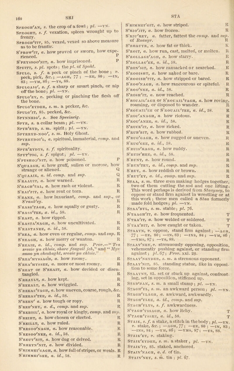 SRI STA Sprogh'an, s. the crop of a fowl; pi. —yn. Sproght, s. f. vexation, spleen wrought up to frenzy. Sprogh'tit, 85. vexed, vexed so above measuie as to be frantic. S’prow/it, a. how proved or sworn, how expe- rienced. S’pryssoo'nit, a. how imprisoned. P Spuitt, s. pi. spots; the pi. of Spoilt. Spulg, s. f. a peck or pinch of the bone ; v. peck, pick, &c.; —agh, 77 ; EE> 80 5 IN> 83; —YM, 86; —YS, 88. Spulgaig', s. f. a sharp or smart pinch, or nip off the bone; pi. —yn. Spulg'ey, v. pecking or pinching the flesh off the bone. Spulg'eyder, s. m. a pecker, &c. Spulg'it, 85. pecked, &c. Spynneig', s. See Speeineig. Spyr, s. a collar beam; pi.—yn. Spyr'ryd, s.m. spirit; pi. —yn. Spyrryd-noo', s. m. Holy Ghost. Spyrryooi'l, a. spiritual, immaterial, comp, and sup. Spyr'rydys, s. /. spirituality. Spyt'tog, s. f. spigot; pi. —YN. S’pyshoo'nit, a. how poisoned. P S’ouaagh, a. how gruff, sullen or morose, how strange or aliened. Q. S’quaaie, a. id. comp, and sup. Q S’raauit, a. how warned. R S’ragh'tal, a. how rash or violent. R S’rai'pit, a. how rent or torn. R S’rank, a. how luxuriant, comp, and sup., or S’rank'ey. R S’rass'tagh, a. how squally or gusty. R S’rass'tee, a. id., 58. R S’rast, a. how ripped. S’rasta'nagh, a. how uncultivated. R S’rastanee, a. id., 58. R S’rea, a. how even or regular, comp, and sup. R S’reagh, a. how merry or wanton. R S’reaie, a. id., comp, and sup. Prov.—“ Tra sreaie yn chloie, share faagail jeh,” and “ Myr smoo yn cheshaght, sreaie yn chloic.” S’rea'myssagh, a. how roomy. R S’rea'myssee, a. more or most roomy. R S’reat or S’reait, a. how decided or disen- tangled. R S’reaylt, a. how kept. R S’reealt, a. how wriggled. R S’reeas'tagh, a. how uneven, coarse, rough, &c. S’reeas'tee, a. id., 58. R S’reen' a. how tough or ropy. R S’ree'ney, a. d., comp, and sup. R S’reeoii/, a. how royal or kingly, comp. and sup. S’reiht, a. how chosen or elected. R S’reillt, a. how ruled. R S’resoo'nagh, a. how reasonable. R S’resoo'nee, a. id., 58. R S’reuy'rit, a. how dug or delved. R S’rheyn'nit, a. how divided. R S’rimmei'gagh, a. how full of stripes, or weals. R S’rimmei'gee, a. id., 58. R S’rimmei'git, a. how striped. R S’rio'jit, a. how frozen. R S’riu'rey, a. fatter, fattest the comp, and sup. of Roauyr. R S’roauyr, a. how fat or thick. K S’roit, a. how run, cast, melted, or molten. R S’rollage'agh, a. how starry. R S’rollag'ee, a. id., 58. R S’ron/sit, a. how ransacked or searched. R S’rooisht, a. how naked or bare. R S’rooisii'ttt, a. how stripped or bared. R S’roo/nagh, a. how rancourous or spiteful. R S'roo'nee, a. id., 58. R S’rosh'it, a. now reached. R S’rouaii/agix or S’rouaii/tagh, a. how roving, roaming, or disposed to wander. R S’rouati/ee or S’rouaii/tee, a. id., 58. R S’rou'anagh, a how riotous. R S’rou'anee, a. id., 58. R S’ruck'it, a. how ricked. R S’rub'bit, a. how rubbed. R S’rug'gagh, a. how rugged or uneven. R S’rug'gee, a. id., 58. R S’ruis'hagh, a. how ruddy. R S’ruis'hee, a. id., 58. R S’runt, a. how round. R S’run'tey, a. id., comp, and sup. R S’ruy, a. how reddish or brown. R S’ruy'ey, a. id., comp, and sup. R Staa, s. m. three men making hedges together, two of them cutting the sod and one lifting. This word perhaps is derived from Staay?iey, to oppose or stand firm against in wrestling or at this work; these men called a Staa formerly made fold hedges; pi. —yn. Staa'byx., s. m. stable; pi. 76. S’taagh'it, a. how frequented. T S’taa'it, a. how welded or soldered. T S’taa'bit, a. how caught or taken. T Staayn, v. oppose, stand firm against; —agh, 77; —EE, 80; —IN, 83; —ins, 84; —ym, 86 ; —YMS, 87; —YS, 88. Staay'ney, v. strenuously opposing, opposition, vehemently pushing against, or standing firm against; pi. 67; Prov. xxi. 29. Staay'neyder, s. m. a strenuous opponent. Staay'nit, 85. standing statue, like in opposi- tion to some force. Staaynt, 85. set or stuck up against, confront- ing, set in opposition, stiffened up. Stab'ban, s. m. a small stump; pi. —yn. Stagii'yl, s. m. an awkward person; pi. —yn. Stagh'ylagii, a. awkward, awkwardly. Stagh'yi.ee, a. id., comp, and sup. Stagh/ylys, s. f. awkwardness. S’tagh'yssagh, a. how itchy. x S’tagh'yssee, a. id., 58. t Stair, s.f. a stake, a stitch in thebody; pi.—yn. v. stake, &c.; —agh, 77; — ee, 80 ; —in, 83; —INS, 84; —YM, 86; —YMS, 87; —YS, 88. Staik'ey, v. staking. Staik'eyder, s. m. a staker ; pi. —yn. Staik'it, 85. staked, anchored. Stain'nacii, a. d. of tin. Stain'ney, s. m. tin ; pi. 67.