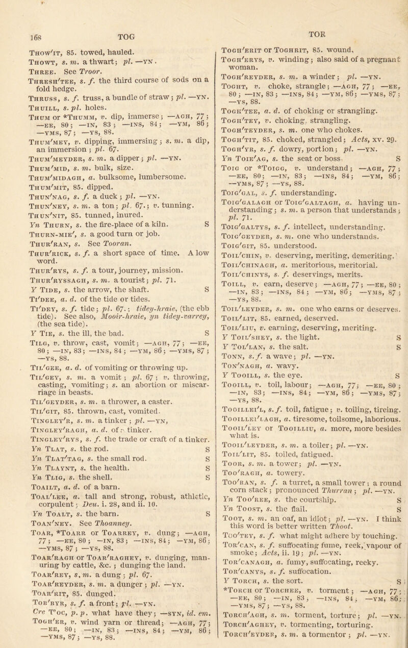 TOR Thow'it, 85. towed, hauled. Thowt, s. to. a thwart; pi. —yn . Three. See Troor. Thresh'tee, s. f. the third course of sods on a fold hedge. Thruss, s. /. truss, a bundle of straw; pi. —yn. Thuill, s. pi. holes. Thum or *Thumm, v. dip, immerse; —agh, 77; —EE, 80; —IN, 83 ; —INS, 84; —YM, 86; —yms, 87; — YS,, 88. Thum'mey, v. dipping, immersing; s. to. a dip, an immersion ; pi. 67- Thum'meyder, s. to. a dipper; pi. —yn. Thum'mid, s. to. bulk, size. Thum'midagh, a. bulksome, lumbersome. Thum'mit, 85. dipped. Thun'nag, s. f. a duck ; pi. —yn. Thun'ney, s. m. a ton; pL 67.: v. tunning. Thun'nit, 85. tunned, inured. Yn Tiiurn, s. the fire-place of a kiln. S Thurn-mie', s. a good turn or job. Thur'ran, s. See Tooran. Thur'rick, s. f. a short space of time. A low word. Thur'rys, s. /. a tour, journey, mission. Thur'ryssagh, s. to. a tourist; pi. 7l» Y Tide, s. the arrow, the shaft. S Ti'dee, a. d. of the tide or tides. Ti'dey, s. f. tide; pi. 67.; tidey-hraie, (the ebb tide). See also, Mooir-hraie, yn tidey-varrey, (the sea tide). F Tie, s. the ill, the bad. S Tilg, v. throw, cast, vomit; —agh, 77; —ee, 80; —in, 83; —INS, 84; —YM, 86; —YMS, 87 ; —ys, 88. Til'gee, a. d. of vomiting or throwing up. Til'gey, s. to. a vomit; pi. 67 ; v. throwing, casting, vomiting; s. an abortion or miscar- riage in beasts. Til'geyder, s. to. a thrower, a caster. Tii/git, 85. thrown, cast, vomited. Tingley'r, s. to. a tinker ; pi. —yn, Tingley'ragh, a. d. of tinker. Tingley'rys, s. f. the trade or craft of a tinker. Yn Tlat, s. the rod. S Yn Tlat'tag, s. the small rod. S Yn Tlaynt, s. the health. S Yn Teig, s. the shell. S Toailt, a. d. of a barn. Toae'lee, a. tall and strong, robust, athletic, corpulent; Deu. i. 28, and ii. 10. Yn Toalt, s. the barn. S Toan'ney. See Thoanney. Toar, *Toarr or Toarrey, v. dung; —agh, 77 ; —ee, 80 ; —IN, 83 ; —INS, 84 ; —YM, 86 ; —YMS, 87 ; —YS, 88. Toar'ragii or Toar'ragiiey, v. dunging, man- uring by cattle, &c. ; dunging the land. Toar'rey, s, to. a dung; pi. 67. Toar'reyder, s. to. a dunger; pi. —yn. Toar'rit, 85. dunged. Tob'byr, s. f. a front; pi. —yn. Cre T’oc, p. p. what have they; —syn, id. em. Togh'er, v. wind yarn or thread; —agh, 77; EE, 80; —IN', 83; —ins, 84; —YM, 80; —YMS, 87; —YS, 88. Togh'erit or Toghrit, 85. wound, Togh'erys, v. winding; also said of a pregnant woman. Togh'reyder, s. to. a winder; pi. —yn. Toght, v. choke, strangle; —agh, 77; —ee, 80; —IN, 83; —INS, 84; —YM, 86; —YMS, 87; —YS, 88. Togk'tee, a. d. of choking or strangling. Togh'tey, v. choking, strangling. Togh'teyder, s. to. one who chokes. Togh'tit, 85. choked, strangled; Acts, xv. 29. Togh'yr, s. f. dowry, portion; pi. —yn. Yn Toie'ag, s. the seat or boss, S Toig or *Toigg, v. understand; —agh, 77 ; —EE, 80; —IN, 83; —INS, 84; —YM, 86; —yms, 87; —ys, 88. Toig'gal, s. f. understanding. Toig'galagh or Toig'galtagh, a. having un- derstanding ; s. to. a person that understands; pi. 71. Toig'galtys, s. /. intellect, understanding. Toig'geyder, s. to. one who understands. Toig'git, 85. understood. Toil'chin, v. deserving, meriting, dementing. Toie'chinagh, a. meritorious, meritorial. Toil'chinys, s. /. deservings, merits. Toill, v. earn, deserve; —agh, 77; —ee, 80 ; —IN, 83; —INS, 84; —YM, 86; —YMS, 87; —ys, 88. Toil'leyder, s. to. one who earns or deserves. Toil'lit, 85. earned, deserved. Toil'liu, v. earning, deserving, meriting. Y Toil'shey, s. the light. S F Tol'lan, s. the salt. S Tonn, s.f. a wave; pi. —yn. Ton'nagh, a. wavy. F Tooill, s. the eye. s Toqile, v. toil, labour; —agh, 77; —ee, 80 ; —IN, 83; —INS, 84; —YM, 86; —YMS, 87; —ys, 88. Tooillei'l, s.f. toil, fatigue; v. toiling, tireing. Tooielei'lagh, a. tiresome, toilsome, laborious. Tooil'ley or Tooilliu, a. more, more besides what is. Tooil'leyder, s. to. a toiler; pi. —yn. Toil'lit, 85. toiled, fatigued. Toor, s. to. a tower; pi. —yn. Too'ragh, a. towery. Too'ran, s. f. a turret, a small tower; a round corn stack; pronounced Thurran ; pi. —yn. Yn Too'ree, s. the courtship. S Yn Toost, s. the flail. s Toot, s. to. an oaf, an idiot; pi. —yn. I think this word is better written Thoot. Too'tey, s. /. wThat might adhere by touching. Tor'can, s. f. suffocating fume, reek, vapour of smoke; Acts, ii. 19; pi.—yn. Tor'canagh, a. fumy, suffocating, reeky. Tor'canys, s. /. suffocation. F Torch, s. the sort. s *Torch or Torched, v. torment; —agh, 77 ; —ee, 80; —in, 83, —ins, 84, —ym, 86; —YMS, 87; —YS, 88. Torch'agh, s. to. torment, torture; pi. —yn. Torch'agiiey, v. tormenting, torturing. Torch'eyder, s. to. a tormentor ; pi. —yn.