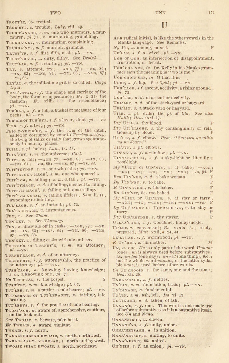 Troyt'it, 85. trotted. Trub'byl, s. trouble; Luke, viii. 49- Trugh'anagh, s. m. one who murmurs, araur- murer; pi. / I ; v. murmuring, grumbling. Trugha'ney, v. murmuring, complaining. Trugha'nys, s. /. murmur, grumble. Trust'yr, s. f. dirt, filth, nast; pi. —yn. Trust'yragh, a. dirty, filthy. See Broigh. Trut'lag, s. /. a starling; pi. —yn. Try, v. attempt, try; —agh, 77; —ee, 80; —IN, 83; —INS, 84; —YM, 86; —VMS, 87; —ys, 88. Try'al, a. the mill-stone grit is so called. Clagh tryal. Tuar'ystal, s. f. the shape and carriage of the body, the form or appearance; Ez. x. 21; the fashion; Ez. xliii. 11; the resemblance; pi. —yn. Tub'bag, s. f. a tub, a bushel or measure of four pecks; pi. —yn. Ttm'BiRor Tub'byr, s.f. a laver, a font; pi. —yn Tuig, s. /. a twig; pi. —yn. Tuig y-yeeig'ey, s. f. the twig of the ditch, called or corrupted by some to Treebey-yeeigey, the twig of sallix or sally that grows spontane- ously in marshy places. Tuill, s. pi. holes; Luke, ix. 58. Tutn'ney, s.m. the universe; Gael. Tuitt, v. fall; —agh, 77> —EE, 80; —in, 833 —INS, 84; —YM, 86; —YMS, 87; —YS, 88. Tuit/teyder, s. m. one who falls ; pi. —yn. Tuitteyder-magii/, s.m. one who quarrels. Tuit'tym, v. falling; s.m. a fall; pi. —yn. Tuit'tymagh, a. cl. of falling, incident to falling. Tuittym-magh', v. falling out, quarrelling. Tuit'tym neeal, v. falling lifeless; Sam. ii. 11; swooning or fainting. Tul'lagh, s. /. an instant; pi. 72. Tul'laghtagh, a. instantaneous. Tum, v. See Thum. Tun'ney, v. See Tliunney. Tun, v. draw ale off in casks; —agh, 77; —ee, 80; —IN, 83; —INS, 84; —YM, 86; —YMS, 87; —YS, 88. Tun'ney, v. filling casks with ale or beer. Turnei'r or Turney'r, s. m. an attorney; pi. —YN. Turnei'ragh, a. d. of an attorney. Turnei'rys, s. f. attorneyship, the practice of an attorney; pi —syn. Tush'tagh, a. knowing, having knowledge; s. m. a knowing one; pi. Jl. Yn Tush'tal, s. the gospel. S Tush'tey, s. m. knowledge; pi. 67. Tut'ler, s. m. a tattler a tale bearer; pi. —yn. Tut'leragh or Tut'leraght, v. tattling, tale bearing. Tut'lerys, s. f. the practice of tale bearing. Twoai'agh, a. aware of, apprehensive, cautious, on the look out. Cur Twoaie, v. beware, take heed. Er Twoaie, a. aware, vigilant. Twoaie, s. f. north. Twoaie sheear hwoaie, s. north, northwest. Twoaie as gys y sheear, s. north and by west. Twoaie siiiar hwoaie, s. north, northeast. U As a radical initial, is like the other vowels in the Manks language. See Remarks. Ny Un, a. among, mixed. F Ud'lan, s. /. a swivel; pi. —yn. Ugii or Ogh, an interjection of disappointment, frustration, or defeat. Ugh' cha nee, in. Dr. Kelly in his Manks gram- mer says the meaning is “ wo is me.” Ughchotnshe, in. O that it is. Ught, s. f. lap. See Oght-, pi. —yn. Ugh'tagii, s f. ascent, acclivity, arising ground ; pi. 72. Ugii'tee, a. d. of ascent or acclivity. Uhl'ley, a. d. of the stack-yard or hagyard. Uhl'lin, s. a stack-yard or hagyard. Uilk, s. pi. evils; the pi. of Oik. See also Huilk; Deu. xxxi. 17. Dty Uill, s. thy blood. F Dty Uil'liagiit, s. thy consanguinity or rela- tionship by blood. F Uil'lin, s.f. elbow. Prov• “ Sniessey yn uillin na yn doarn.” Uil'jyn, s.pl. elbows. Uin'nag, s. /. a window ; pi. —yn. Uinnag-cklea, s. f. a sky-light or literally a roof-light. My *Uinn or Uin'nys, v. if bake; —agh ; —EE ; —IN ; —INS ; — YM ; —YMS ; —YS, 94. F Ben Uin'nee, a. cl. a bake woman. F By Uin'ney, v. to bake. F E Uin'neyder, s. his baker. F Ro Uin'nit, 85. too baked. F My *Uirr or Uir'rys, v. if stay or tarry ; —AGH; —IN; —INS; —YM ; —YMS; —YS. F By Uir'raght or Uir'raghtyn, v. to stay or tarry. F Bty Uir'reyder, s. thy stayer. F Ullaa'gach, s. f. woodbine, honeysuckle. Ul'lee, a. conversant; Ec. xxxix. 3. ; ready, prepared; Matt. xxii,4, 24, 44. Ul'lymar, s.f. wormwood; pi. —yn. E Um'mug, s. his mother. M Un, a. one Un is only part of the word Unnane (one) ; un is always used before substantives ; as, un la a (one day); un red (one thing), &c.; but the whole word unnane, or the latter sylla- ble nane, is used before other words. Yn Un chooid, s. the same, one and the same; Gen. xli. 26. Undaa'gagh, s. f. nettles. Un'din, s.m. foundation, basis; pi.—yn. Un'dinagh, a. fundamental. Un'jin, s. m. ash, leil; Isa. vi. 13. Uu'jinagh, a. cl. ashen, of ash. Unnan'e, s. f. one. This word is not made use of before substantives as it is a sustantive itself. See Un and Nanei. Unnaneje'ig, a. eleven. Unnane'ys, s. /. unity, union. Unna'neysagh, a. in unition. Nnna'neysey, o. uniting-, to unite. Unna'neysit, 85. united. Un'nish, s.f, an onion; pi. —yn.