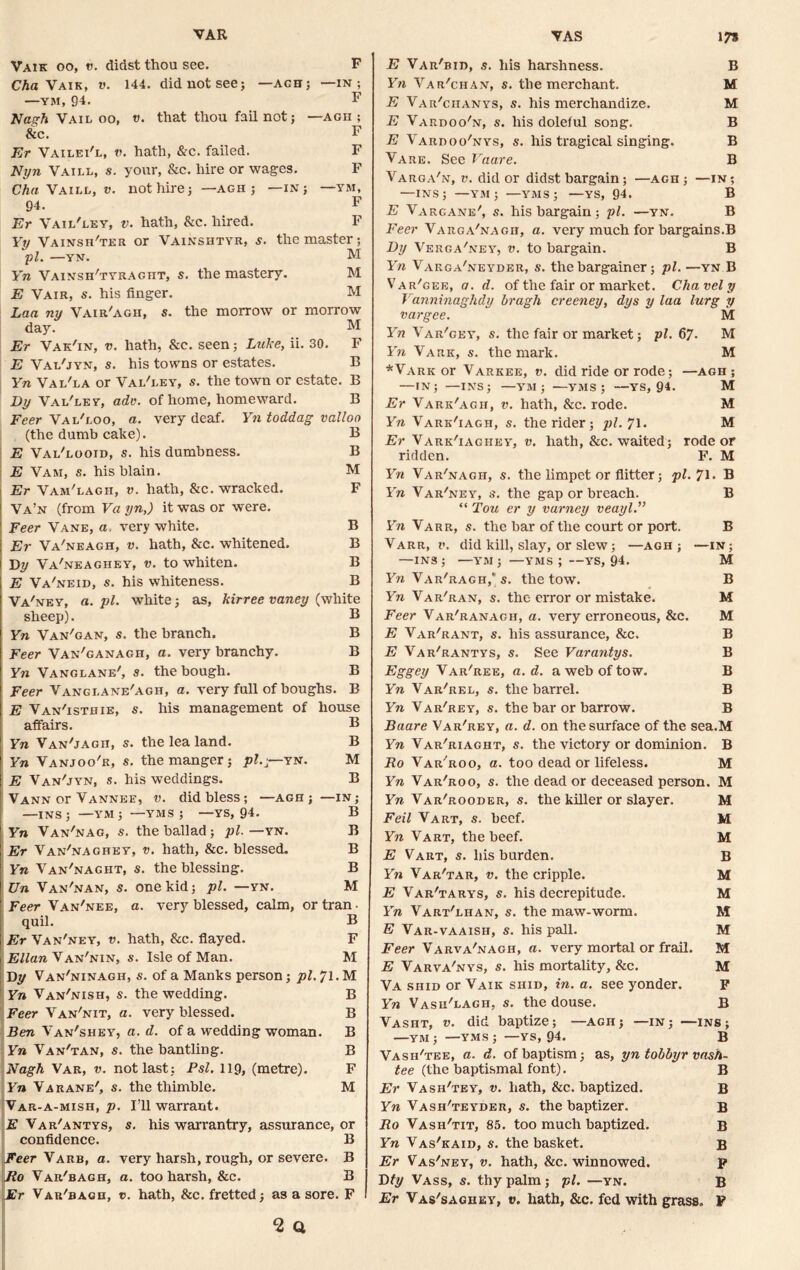 VAR VAS Vaik oo, v. didst thou see. F Cha Y aik, v. 144. did not see; — ach; —in; —ym, Q4. F Nagh Vail 00, v. that thou fail not; —aoh ; & c. F Er Vailei'l, v. hath, &c. failed. F Nyn Vaill, s. your, &c. hire or wages. F Cha Vaill, v. not hire; —agh ; —in; —ym, 94. F Er Vail'ley, v. hath, &c. hired. F Yy Vainsii'ter or Vainshtyr, s. the master; •pi. —YN. M Yn Vainsh'tyraght, s. the mastery. M E Vair, s. his finger. M Laa rnj Vair'agii, s. the morrow or morrow day M Er Vak'in, v. hath, &c. seen; Luke, ii. 30. F E Val'jyn, s. his towns or estates. B Yn Val'la or Val'ley, s. the town or estate. B By Val'ley, ado. of home, homeward. B Feer Val'loo, a. very deaf. Yn toddag valloo (the dumb cake). B E Val'looid, s. his dumbness. B E Vah, s. hisblain. M Er Vam'lagh, v. hath, &c. wracked. F Va’n (from Va yn,) it was or were. Feer Vane, a. very white. B Er Va'neagh, v. hath, &c. whitened. B By Va'neaghey, v. to whiten. B E Va'neid, s. his whiteness. B Va'ney, a. pi. white; as, kirree vaney (white sheep). B Yn Van'gan, s. the branch. B Feer Van'ganagh, a. very branchy. B Yn Vanglane', s. the bough. B Feer Vanglane'agh, a. very full of boughs. B E Van'isthie, s. his management of house affairs. ® Yn Van'jagh, s. the lea land. B Yn Vanjoo'r, s. the manger; pl.j—yn. M E Van'jyn, s. his weddings. B Vann or Vannee, v. did bless; —agh ; —in; —INS; —YM; —YMS ; —YS, 94. B Yn Van'nao, 5. the ballad; pi. —yn. B Er Van'naghey, v. hath, &c. blessed. B Yn Van'naght, s. the blessing. B Un Van'nan, s. one kid; pi. —yn. M Feer Van'nee, a. very blessed, calm, ortran- quil. B Er Van'ney, v. hath, &c. flayed. F Elian Van'nin, s. Isle of Man. M By Van'ninagh, s. of a Manks person; pi. 71. M Yn Van'nish, s. the wedding. B Feer Van'nit, a. very blessed. B Ben Van's hey, a. d. of a wedding woman. B Yn Van'tan, s. the bantling. B Nagh Var, v. not last: Psl. 119, (metre). F Yn Varane', s. the thimble. M Var-a-mish, p. I’ll warrant. E Var'antys, s. his warrantry, assurance, or confidence. B Feer Yarb, a. very harsh, rough, or severe. B Ro Var'bagh, a. too harsh, &c. B Er Var'bagh, t>. hath, &c. fretted; as a sore. F 178 E Var'bid, s. his harshness. B Yn Var'chan, s. the merchant. M E Var'ciianys, s. his merchandize. M E Vardoo'n, s. his doleful song. B E Vardoo'nys, s. his tragical singing. B Vare. See Vaare. B Varga'n, v. did or didst bargain; —agh ; —in; —INS; —YM; —YMS ; —YS, 94. B E Vargane', s. his bargain; pi. —yn. B Feer Varga'nagh, a. very much for bargains.B By Verga'ney, v. to bargain. B Yn Varga'neyder, s. the bargainer; pi. —yn B Var'gee, a. d. of the fair or market. Chavely i'anninaghdy bragh creeney, dys y laa lurg y vargee. M Yn Var'gey, s. the fair or market; pi. 67- M M —AGH ; M M M rode or F. M Yn Vark, s. the mark. *Vark or Varkee, v. did ride or rode; —IN; —INS; —YM; —YMS; —YS, 94. Er Vark'agh, v. hath, &c. rode. Yn Vark'iagh, s. the rider; pi. 71. Er Vark'iaghey, v. hath, &c. waited; ridden. Yn Var'nagh, s. the limpet or flitter; pi. 71. B Yn Var'ney, s. the gap or breach. B “ Tou er y varney veayl.” Yn Varr, s. the bar of the court or port. B Varr, v. did kill, slay, or slew; —agh ; —in; —INS; —YM; —YMS ; —YS, 94. M Yn Var'ragh,* s. the tow. B Yn Var'ran, s. the error or mistake. M Feer Var'ranagh, a. very erroneous, &c. M E Var'rant, s. his assurance, &c. B E Var'rantys, s. See Varantys. B Eggey Var'ree, a. d. a web of tow. B Yn Var'rel, s. the barrel. B Yn Var'rey, s. the bar or barrow. B Baare Var'rey, a. d. on the surface of the sea.M Yn Var'riaght, s. the victory or dominion. Ro Var'roo, a. too dead or lifeless. Yn Var'roo, s. the dead or deceased person. Yn Var'rooder, s. the killer or slayer. Feil Vart, s. beef. Yn Vart, the beef. E Vart, s. his burden. Fjj Var'tar, v. the cripple. E Var'tarys, s. his decrepitude. Yn Vart'lhan, s. the maw-worm. E Var-vaaish, s. his pall. Feer Varva'nagh, a. very mortal or frail. E Varva'nys, s. his mortality, &c. Va shid or Vaik siiid, in. a. see yonder. Yn Vasu'lagh, s. the douse. Vasht, v. did baptize; —ym; —yms; —ys, 94. -AGH : B M M M M M B M M M M M M F B s; B Vash'tee, a. d. of baptism; as, yn tobbyr vash- tee (the baptismal font). B Er Vash'tey, v. hath, &c. baptized. B Yn Vash'teyder, s. the baptizer. B Ro Vash'tit, 85. too much baptized. B Yn Vas'kaid, s. the basket. b Er Vas'ney, v. hath, &c. winnowed. F Bty Vass, s. thy palm ; pi. —yn. B Er Vas'saghey, ». hath, &c. fed with grass. F