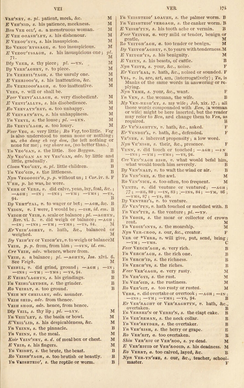 VEI VER Vee'ney, a. pi. patient, meek, &c. M E Vee'nid, s. liis patience, meekness. M Ben Yee oil', a. a menstruous woman. M E Vee ooash'ley, s. his dishonour. M E Veeou'rys, s. his insuspicion. M Ro Veeou'ryssagk, a. too insuspicious. M E Veeoo'yssagh, s. his insuspicious one j pi. 71. M Bty Veer, s. thy piece; pi. —yn. M By Yeer'aghey, v. to piece. M Yn Veereil'tagh, s. the unruly one. M E Veerioos'e, s. his inattention, &c. M i?o Veerioos'sagh, a. too inattentive. M Vees, v. will or shall be. Feer Veevi/allagh, a. very disobedient. M E Veevi'allys, s. his disobedience. M Bo 'Veevayn'rey, a. too unhappy. M E Veevayn/rys, s. his unhappiness. M Yn Veeyl, s. the louse; pi. —lyn. M Ro Veeyl'eagh, a. too lousy. M Feer Y eg, a. very little; Ro Veg, too little. Veg is also understood to mean none or nothing; as, cha daag eh veg dou, (he left nothing or none for me); veg share na, (no better than.) Y?i Veg'gan, s. the little. See Beggan. B Ny Veg'gan as ny Veg'gan, adv. by little and little, gradually. B Cloan Veg'gey, a. pi. little children. B Yn Veg'gid, s. the littleness. B Nyn Veggoois'h, p. p. without us; 1 Cor. iv. 8. F V’eh, p. he was, he were. Vehr or Verr, v. did calve, yean, lay, foal, &c.; —AGH; —in; —INS; —YM; —YMS ; —YS, 94. B By Veht'tal, v. to wager or bet; —agh, &c, B Veign, v. I were, I would be; —ish, id. em. B Veigh or Veih, s. scale or balance ; pi. —aghyn, Rev. vi. 5. v. did weigh or balance; —agh ; —IN; —INS; —YM; —YMS; —YS, 84. M Er Yeih/aghey, v. hath, &e., balanced or weighed. M By Veih'ey or Veich'ey, v. to weigh or balanceM Veih, p.p. from, from him ; —syn, id. em. Cre Veih, adv. whence, where from. Veih, s. a balance; pi. —aghyn, Isa. xlvi. 6. See Veigh. M Veihil, v. did grind, ground; —agh ; —in; —ins; —YM; —VMS; —YS, 94. B E Veihl'laghyn, s. his grindings. B Yn Veihj/leyder, s. the grinder. B Ro Veihlt, a. too ground. B Veih my cheilley, adv. asunder. Veih shid, adv. from thence. Veih shoii, adv. hence, from hence. Bty Veil, s. thy lip ; pi. —lyn. M Yn Veil'ley, s. the basin or bowl. M jEVeil'lid, s. his despicableness, &c. M Yn Veinn, s. the pinnacle. B Yn Veinn, s. the meal. M Koir Vein'ney, a. d. of meal box or chest. M E Veir, s. his fingers. M Yn Veisht, s. the brute, the beast. B Ro Veish'tagh, a. too brutish or beastly. B Yn Vbishteig', s. the reptile or worm. B 17S Yn Veishteig' loauee, s. the palmer worm. B Yn Veishteig' vergagh, s. the canker worm. B E Vetsh'tyn, s. his tooth ache or vermin. B Feer Veiygh, a. very mild or tender, benign or gentle, M Ro Veiygh'agii, a. too tender or benign. M Dy Veiygh'agiiey, u. to yearn with tenderness.M E Veiygh'ys, s. his benignity. M E Veiyn, s. his beasts, of cattle. B Nyn Yeiyr, s. your, &c., noise. F Er Veiy'k al, v. hath, &c., noised or sounded. F Vel, v. is, are, art, am, (interrogatively); Ta, is Manks of the same words in answering or re- plying. Nyn Veme, s. your, &c., want. F Yn Ven, s. the woman, the wife. B My Yen-hesh'ey, s. my wife; Job, xix. 17*; all those words compounded with Ben, (a woman or wife) might be here inserted, but the reader may refer to Ben, and change them to Ven, as required. B Er Ve'naghtyn, v. hath, &c., asked. F Er Venoei'e, v. hath, &c., defended. F Ve'nee, s. inherent propensity; a low word. Nyn Ve/ntsh, s. their, &c., presence. F Venn, v. did touch or touched; —agii ; —1 n —INS; —YM; —YMS; —YS, 94. B Cre Yen'nagh rish, v. what would befal him, what would touch him severely. B By Yen'nalt, v. to waft the wind or air. B Yn Ven'nee, s. the awl. M Ro Ven'nick, a. too often, too frequent. M Ventr, v. did venture or ventured; —agh; 77 j —EE, 80 ; —IN, 83 ; „—INS, 84 ; —YM, 86 ; —YMS, 87 ; —YS, 88. By Ventrei'l, v. to venture. Er Ven'tyn, v. hath touched or meddled with. B Yn Ven'tyr, s. the venture; pi.—yn. Yn Veoir, s. the moar or collector of crown rent. M Yn Veoir'snys, s. the moarship. M Nyn Ver-croo, s. our, &c., creator. F Ver or *Verr, v. will give, put, send, bring; —YM; —YMS. C Feer Verch'agii, a. very rich. B Fm Verch'agh, s. the rich one. B Yn Verch'id, s. the richness. B Yn Vercii'ys, s. the riches. B Feer Ver'gagh, a. very rusty. M Yn Ver'gys, s. the rust. M Yn Ver'gid, s. the rustiness. M Ro Ver'git, a. too rusty or rusted. M Verr, v. did overtake or overtook; —agh ; —in ; •—INS; —YM; —YMS; —YS, 94. B Er Ver'raght or Ver'raghtyn, v. hath, &c., overtaken. b Yn Verree'n or Verri'n, s. the clapt cake. B Yn Ver'reman, s. the neck collar. B FkVer'reyder, s. the overtaker. B Yn Ver'rish, s. the berry or grape. B Ro Ver'rit, a. too overtaken. B Shiu Ver'riu or Ver'roo, s. ye dead. M E Ver'riuid or Ver'rooid, s. his deadness. M Bo Verrt, a. too calved, layed, &c. B Nyn Ver-yn'see, s, our, &c., teacher, school- master. f