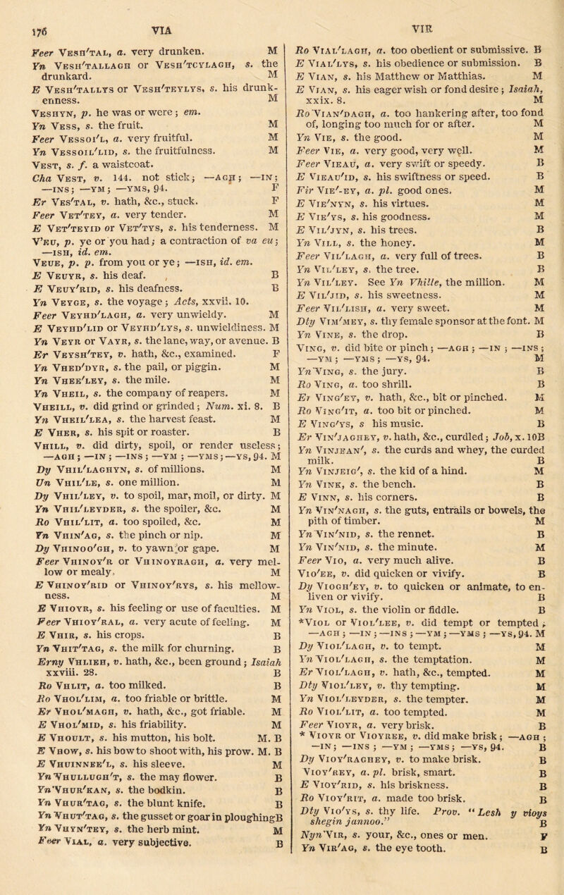VIE Feer Vesh'tal, a. very drunken. M Yn Vesh'tallagh or Vesh'tcylagh, s. the drunkard. M E Vesii'tallys or Vesh'teylys, s. his drunk- enness. iV1 Veshyn, p. he was or were ; em. Yn Vess, s. the fruit. M Feer Vessoi'l, a. very fruitful. M Yn Vessoil'lid, s. the fruitfulness. M Vest, s. /. a waistcoat. Cha Vest, v. 144. not stick; —agh; —in; —ins; -YM; —YMS, 94. F Er Ves'tal, v. hath, &c., stuck. F Feer Vet'tey, a. very tender. M E Vet'teyid or Vet'tys, s. his tenderness. M V’ku, p. ye or you had; a contraction of va eu\ —ish, id. em. Veue, p. p. from you or ye; —isii, id. em. E Veuyr, s. his deaf. , B E Veuy'rid, s. his deafness. B Yn Veyge, s. the voyage; Acts, xxvii. 10. Feer Veyhd'lagii, a. very unwieldy. M E Veyhd'lid or Veyhd'lys, s. unwieldiness. M Yn Veyr or Vayr, s. the lane, way, or avenue. B Er Veysh'tey, v. hath, &c., examined. F Yn Vhed'dyr, s. the pail, or piggin. M Yn Vhee'ley, s. the mile. M Yn Vheil, s. the company of reapers. M Vheill, v. did grind or grinded; Num. xi. 8. B Yn Vheil'lea, s. the harvest feast. M E Vher, s. his spit or roaster. B Vhill, v. did dirty, spoil, or render useless; —AGH ; —IN ; —INS ; —YM ; —YMS ; —YS, 94. M Dp Vhil'laghyn, s. of millions. M Un Vhii/le, s. one million. M Dy Vhil'ley, v. to spoil, mar, moil, or dirty. M Yn Vhii/leyder, s. the spoiler, &c. M Ro Vhii/lit, a. too spoiled, &c. M Yn Viiin'ag, s. the pinch or nip. M Dy Vhinoo'gh, v. to yawn or gape. M Feer Viiinoy'r or Vhinoyragh, a. very mel- low or mealy, M E Vhinoy'rid or Vhinoy'rys, s. his mellow- ness. M E Vhioyr, s. his feeling or use of faculties. M Feer Vhioy'ral, a. very acute of feeling. M E Vhir, s. his crops. B FwVhit'tag, s. the milk for churning. B Erny Vhlieh, v. hath, &c., been ground; Isaiah xxviii. 28. B Ro Vhi.it, a. too milked. B Ro Vhol'lim, a. too friable or brittle. M Er Vhoi/magh, v. hath, &c., got friable. M E Vhoi/mid, s. his friability. M E Vhoult, s. his mutton, his bolt. M. B E Vhow, s. his bowto shoot with, his prow. M. B E Vhuinnee'l, s. his sleeve. M Yn Vhullugh't, s. the may flower. B Fw’Vhur'kan, s. the bodkin. B Yn Vhur'tag, s. the blunt knife. B Yn Vhut'tag, s. the gusset or goar in ploughingB Yn Vhyn'tey, s. the herb mint. M Feer Vial, a. very subjective. B Ro Vial'lagh, a. too obedient or submissive. B E Viai/lys, s. his obedience or submission. B E Vi an, s. his Matthew or Matthias. M E Vi an, s. his eager wish or fond desire; Isaiah, xxix. 8. M Ro Vian^dagh, a. too hankering after, too fond of, longing too much for or after. M Yn Vie, s. the good. M Feer Vie, a. very good, very well. M Feer Vieau, a. very swift or speedy. B E Vieau'id, s. his swiftness or speed. B Fir Vie'-ey, a. pi. good ones, M E Vie'nyn, s. his virtues. M E Vie'ys, $. his goodness. M E Vil'jyn, s. his trees. B Yn Vill, s. the honey. M Feer Vil'lagh, a. very full of trees. B Yn Vii/ley, s, the tree. B Yn Vil'ley. See Yn Vhille, the million. M E Vii/jin, s. his sweetness. M Feer Vii/lish, a. very sweet. M Dty Vim'mey, s. thy female sponsor at the font. M Yn Vine, s. the drop. B Ving, v. did bite or pinch; —agh ; —in ; —ins ; —YM; —YMS; —ys, 94. M YttViNG, s. the jury. B Ro Ving, a. too shrill. B Er Ving'ey, v. hath, &c., bit or pinched. M Ro Ving'it, a. too bit or pinched. M E Ving'ys, s his music. B Er Vin'jaghey, v. hath, &c., curdled; Job, x. 10B Yn Vinjean', s. the curds and whey, the curded milk. B Yn Vinjeig', s. the kid of a hind. M Yn Vink, s. the bench. B E Vinn, s. his corners. B Yn Vin'nagh, s. the guts, entrails or bowels, the pith of timber. M F» Vin/nid, s. the rennet. B Yn Vin'nid, s. the minute. M Feer V10, a. very much alive. B Vio'ee, v. did quicken or vivify. B Dy Viogh'ey, v. to quicken or animate, to en- liven or vivify. B Yn Viol, s. the violin or fiddle. B *Viol or Viol'lee, v. did tempt or tempted ; —AGH ; —IN ; —INS ; —YM ; —YMS ; —YS, 94. M Dy Vioi/lag 11, v. to tempt. M FmViol'lagh, s. the temptation. M ErYiol'lagh, v. hath, &c., tempted. M Dty Vioi/ley, v. thy tempting. M Yn Viol'leyder, s. the tempter. M Ro Vioi/lit, a. too tempted. M F’m'VioYR, a. very brisk. B * Vioyr or Vioyree, v. did make brisk; —agh ; —IN; —INS; —YM ; —YMS; —YS, 94. B Dy Vioy'raghey, v. to make brisk. B Vioy'rey, a. pi. brisk, smart. b E Vioy'rid, s. his briskness. b Ro Vioy'rit, a. made too brisk. b Dty Vio'ys, s. thy life. Prov. “ Lesh y vioys shegin jannoo.” b Nyn'Yir, s. your, See., ones or men. V Yn Vir'ag, s. the eye tooth. b
