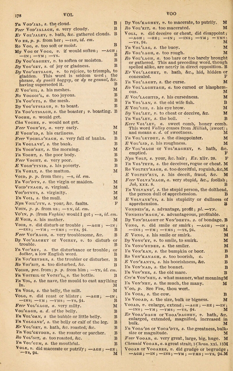 VOL VOO Yn Vod'jai., s. the cloud. B Feer Vod'jalagh, a. very cloudy. B Er Vol'jaley, v. hath, &c. gathered clouds. B Vo ee, p. p. from her; —ish, id. em. Ro Vog, a. too soft or moist. B My Vog or Vogg, v. if would soften; -—agh ; —in; —ym ; —ys. B By Vog'gaghey, v. to soften or moisten. B By Vog'gey, s. of joy or gladness. B By Vog'geysagh, v. to rejoice, to triumph, to gladden. This word is seldom used; the phrase, dy goaill boggey, or dy ve genual, &c. having superseded it. B E Vog'gil, s. his meshes. M Bo Voggoj.'l, a. too joyous. B YnYog'gyl, s. the mesh. B By Vog'gyssagh, v. to boast. B Yn Vog'gyssagh, s. the boaster; v. boasting. B Voghe, v. would get. Cha Voghe, v. would not get. Feer Yogh'ey, a. very early. M E Vogh'id, s. his earliness. M Feer Voghla'.vagh, a. very full of banks, B Yn Voglane', s. the bank. B Yn Vogh'rey, s. the morning. M Yn Voght, s. the poor body. B FeerYoght, a. very poor. B E Vogh'tynid, s. his poverty. B F»Vohlt, s. the mutton. M Void, p. p. from thee; —s, id. em. Yn Voi'dyn, s. the virgin or maiden. M Void'ynagh, a. virginal. M Voi'dynys, s. virginity. M Yn Voil, s. the mull. M Nyn Yoil'jyn, s. your, &c. faults. F Voin, p. p. from us; —yn, id. em. Vo’in, p. (from Voghin) would I get; —s, id. em. E Voir, s. his mother. M Voir, v. did disturb or trouble ; —agh; —in; —INS; —YM; — YMS ; —YS, 94. B Feer Voi'ragh, a. very troublesome, &c. B By Voi'raghey or Voirey, v. to disturb or trouble. B F»Voi'rey, s. the disturbance or trouble; or bother, a low English word. B Yn Voi'reyder, s. the troubler or disturber. B Ro Voi'rit, a. too disturbed, &c. B Voisii, pre. from; p. p. from him ; —yn, id. em. Yn Voiteil or Votei'l,, s. the bottle. B Yn Yol, s. the nave, the mould to cast anything hi. M Yn Yolg, s. the belly, the milt. M Volg, v. did roast or blister; —agii; —in; —INS; —YM ; — VMS; — YS, 94. B Feer Voi/gagii, a. very milty. M Voi/gagh, a. d. of the belly. B Yn Vol'gan, s the bubble or little belly. B Yn Volgane', s. the belly or calf of the leg. B Er Vol/gey, v. hath, &c. roasted, &c. B Yn Voi/geyder, *•. the roaster or parcher. B Ro Voi/git, a. too roasted, &c. B Yn Vol'gum, s. the mouthful. B Volk, v. did macerate or putrify; —agh ; —ee ; “-vs, 94. M By Voi/kaghey, v. to macerate, to putrify. Id Ro Vol'kit, a. too macerated. M Voll, v. did deceive or cheat, did disappoint; —AGH; —EE; —IN; —INS; —YM; — YMS ; —ys,94. M F^Vol'lag, s. the buoy. M Ro VolTagh, a. too rough. M Ro Vol'lagh, a. too bare or too barely brought or gathered. This and preceding word, though spelled alike, are nearly in direct opposition. B Er Vot/laghey, v. hath, &c., hid, hidden or concealed. F Yn Vol'laght, s. the curse. M Ro Vol'laghtagh, a. too cursed or blasphem- ous. M E Vol'laghtid, s. his cursedness. M YnY ol'ian, s. the old wife fish. B .EYol'lee, s. his eye brow. M Dy Voi/ley, v. to cheat or deceive, &c. M Yn VolTey, s. the boll. * B Kere Vol'ley, a. sweet comb, honey comb. This word Volley comes from Millish, (sweet); and means a. d. of sweetness. M Yn Voi/leydey, s. the disappointed M E Vol'ltd, s. his roughness. M Er Vol'magh or Vol'maghey, v. hath, &c. emptied. F Nyn Volt, s. your, &c. hair; Ez. xliv. 20. F Yn Vol'teyr, s. the deceiver, rogue or cheat. M Ro Voltey'ragh, a. too deceitful, roguish, &c,M E Voltey'rys, s. his deceit, fraud, &c. M Feer Volva'nagh, a. very stupid, &c., foolish; Job, xxx. 8. ' B Yn Volvane', s. the stupid person, the dolthead, the person dull of apprehension. B E Volvane'ys, s. his stupidity or dullness of apprehension. B Vondeis'h, s. advantage, profit; pi.—yn. Vondeis'iiagh,-a. advantageous, profitable. By Von'diaght or Von'deeys. s. of bondage. B Vong, v. did smile or smirk; —agh; —in; —INS; —YM; —YMS; —YS, 94, M E Vong, s. his smile or smirk. M By Vong'ey, v. to smile, to smirk. M Yn Vong'eyder, s. the smiler. M Yn Von'kan, s. the bumpkin or boor. B Ro Von'kanagh, a. too boorish, c. B E Von'eanys, s. his boorishness, &c, B Yn Von'nad, s. the bonnet. B Yn Von'nee, s. the old mare. B Cre'n Von'ney, s. what manner, what meaningM Yn Von'ney, s. the much, the many. M V’oo, p. See Vou, thou wert. Yn Vooa, s. the cow. B Yn Vooad, s. the size, bulk or bigness. M Vooad, v. enlarge, extend; —agh; —ee; —in; —INS; —YM; —YMS; —YS, 94. M Er Vooa'dagh orTooa'dagiiey, v. hath, &c. enlarged, extended, magnified, increased in bulk. M Yn Vooa'ds or Vooa'dys, s. the greatness, bulk# size or magnitude. M Feer Vooar, a. very great, large, big, huge. M Chennid Vooar, a. agreat strait; 1 Cliron. xxi. 13M Vooar or Vooaree, v. did grudge or begrudge ; —AGH ; —IN ; —INS ; —YM ; —YMS ; —YS, 94.M