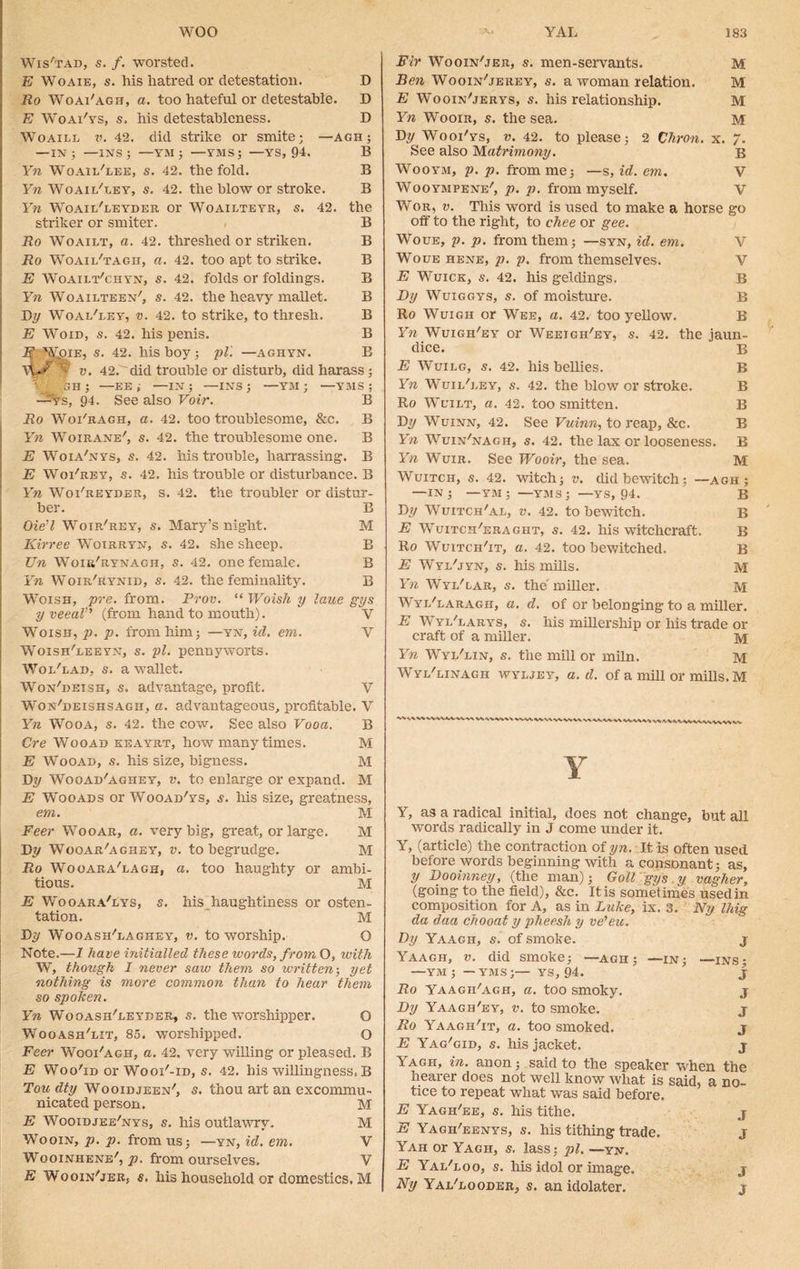 Wis'tad, s. /. worsted. E Woaie, s. his hatred or detestation. D Ro Woai'agh, a. too hateful or detestable. D E Woai'ys, s. his detestableness. D Woaill v. 42. did strike or smite; —agh; — IN; —INS; —YM; —VMS; —YS, 94. B Yn Woaii/lee, s. 42. the fold. B Yn Woaii/ley, s. 42. the blow or stroke. B Yn Woait/leyber or Woailteyr, s. 42. the striker or smiter. B Ro Woailt, a. 42. threshed or striken. B Ro Woaii/tagii, a. 42. too apt to strike. B E Woailt'chyn, s. 42. folds or foldings. B Yn Woailteen', s. 42. the heavy mallet. B Dy Woai/ley, v. 42. to strike, to thresh. B E Worn, s. 42. his penis. B E Wpie, s. 42. his boy; pi'. —aghyn. B it y . 7 GH v. 42.'did trouble or disturb, did harass; -YM ; —YMS : B -EE ; —IN ; —INS : —Vs, 94. See also Voir. Ro Woi'ragh, a. 42. too troublesome, &c. B Yn Woirane', s. 42. the troublesome one. B E Woia'nys, s. 42. his trouble, harrassing. B E Woi'rey, s. 42. his trouble or disturbance. B Yn Woi'reyder, s. 42. the troubler or distur- ber. B Oie’l Wotr'rey, s. Mary’s night. M Kirree Woirryn, s. 42. she sheep. B Un Woir'rynagh, s. 42. one female. B Yn Woir'rynid, s. 42. the feminality. B Woish, pre. from. Prov. “ Woish y laue gys y veeal” (from hand to mouth). V Woish, p. p. from him; —yn, id. cm. V Woish'leeyn, s. pi. pennyworts. Woi/lad, s. a wallet. Won'deish, s. advantage, profit. V Won'deishsagh, a. advantageous, profitable. V Yn Wooa, s. 42. the cow. See also Vooa. B Cre Wooad keayrt, how many times. M E Wooad, s. his size, bigness. M By Wooad'aghey, v. to enlarge or expand. M E Wooads or Wooad'ys, s. his size, greatness, em. M Peer Wooar, a. very big, great, or large. M By Wooar'aghey, v. to begrudge. M Ro Wooara'lagh, a. too haughty or ambi- tious. M E Wooara'eys, s. his haughtiness or osten- tation. M By Wooash'laghey, v. to worship. Q Note.—I have initialled these words, fromO, with W, though I never saw them so written-, yet nothing is more common than to hear them so spoken. Yn Wooash/leyuer, s. the worshipper. O Wooash'lit, 85. worshipped. Q Feer Wooi'agh, a. 42. very willing or pleased. B E Woo'id or Wooi'-id, s. 42. his willingness. B Tou dty Wooidjeen', s. thou art an excommu- nicated person. M E Wooidjee'nys, s. his outlawry. M Wooin, p. p. from us; —yn, id. em. V Wooinhene', p. from ourselves. V E Wooin^er, s. his household or domestics. M Fir Wooin'jer, s. men-servants. M Ben Wooin'jerey, s. a woman relation. M E Wooin'jerys, s. his relationship. M Yn Wooir, s. the sea. M By Wooi'ys, v. 42. to please; 2 Chron. x. 7. See also Matrimony. b Wooym, p. p. from me; —s, id. em. V Wooympene', p. p. from myself. V Wor, v. This word is used to make a horse go off to the right, to chee or gee. Woue, p. p. from them; —syn, id. em. V Woge hene, p. p. from themselves. Y E Wuick, s. 42. his geldings. B By Wuiggys, s. of moisture. B Ro Wuigh or Wee, a. 42. too yellow. B Yn Wuigh'ey or Weeigh'ey, s. 42. the jaun- dice. b E Wuilg, s. 42. his bellies. B Yn Wuii/eey, s. 42. the blow or stroke. B Ro Wl’ilt, a. 42. too smitten. B By Wuinn, 42. See Vuinn, to reap, &c. B Yn Wuin'nagh, s. 42. the lax or looseness. B Yn Wuir. See Wooir, the sea. M Wuitch, s. 42. witch; v. did bewitch; —agh; —IN; —YM; —YMS; —YS, 94. B By Wuitch'al, V. 42. to bewitch. B E Wuitch'eraght, s. 42. his witchcraft. B Ro Wuitch'it, a. 42. too bewitched. B E Wyi/jyn, s. his mills. M Yn Wyl'lar, s. the'miller. M Wyl'laragh, a. d. of or belonging to a miller. E Wyi/larys, s. his millership or his trade or craft of a miller. m Yn Wyl'ein, s. the mill or miln. M Wyi/linagh wyljey, a. d. of a mill or mills. M v\ v\ V> V\AVWV\ \\ WWW V Y, as a radical initial, does not change, but all words radically in J come under it. Y, (article) the contraction of yn. It is often used before words beginning with a consonant; as, y Doomney, (the man); Goil gys y vagher, (going to the field), &c. Itis sometimes usedin composition for A, as in Luke, ix. 3. Ny Ihig da daa chooat y pheesh y ve'eu. By Yaagh, s. of smoke. j Yaagii, v. did smoke; —agh; —in; —ins; —ym ; — YMS;— YS, 94. ' j Ro Yaagh'agh, a. too smoky. j By Yaagh'ey, v. to smoke. j Ro Yaagh'it, a. too smoked. j E Yag'gid, s. his jacket. j \ agh, in. anon; said to the speaker when the hearer does not well know what is said, a no- tice to repeat what was said before. E Yagh'ee, s. his tithe. j E Yagh'eenys, s. his tithing trade. j Yah or Yagh, s, lass; pi. —yn. E Yai/loo, s. his idol or image. j Ny Yajl/jlooder, s. an idolater. j