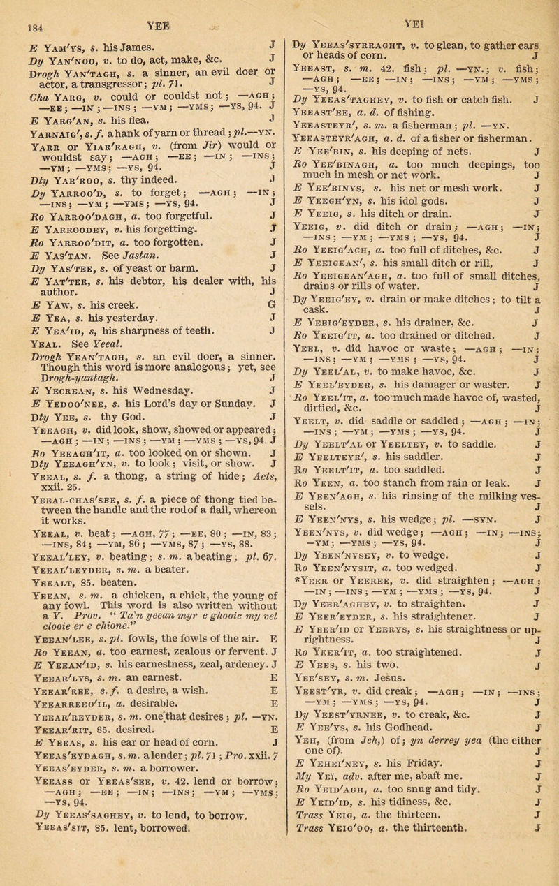 YEE E Yam'ys, s. his James. J Dy Yan'noo, v. to do, act, make, &c. J Drogh Yan'tagh, s. a sinner, an evil doer or actor, a transgressor; pi. 71. J Cha Yarg, v. could or couldst not; —agh; —EE;—IN;—INS; —VM ; —YMS; —YS, 94. J E Yarg'an, s, his flea. J Yarnatg', s. /. a hank of yarn or thread; pi— yn. Yarr or Yiar'ragh, v. (from Jir) would or wouldst say; —agh; —ee ; —in; —ins ; —ym; —yms; —ys, 94. J Dty Yar'roo, s. thy indeed. J % Yarroo'd, s. to forget; —agh; —in; —INS; —YM; —YMS; —YS, 94. J Ro Yarroo'dagh, a. too forgetful. J E Yarroodey, v. his forgetting. J“ Ro Yarroo'dit, a. too forgotten. J E Yas'tan. See Jastan. J Dy Yas'tee, s. of yeast or barm. J E Yat'ter, s. his debtor, his dealer with, his author. J E Yaw, s. his creek. G E Yea, s. his yesterday. J E Yea'id, s, his sharpness of teeth. J Yeal. See Yeeal. Drogh Yean'tagh, s. an evil doer, a sinner. Though this word is more analogous; yet, see D rogh-yantagh. J E Yecrean, s. his Wednesday. J E Yedoo'nee, s. his Lord’s day or Sunday. J Dty Yee, s. thy God. J Yeeagh, v. did look, show, showed or appeared; —AGH ; —IN; —INS ; —YM ; —YMS ; —YS, 94. J jRo Yeeagh'it, a. too looked on or shown. J Dty Yeeagh'yn, v. to look; visit, or show. J Yeeal, s. f. a thong, a string of hide; Acts, xxii. 25. Yeeal-chas'see, s. f. a piece of thong tied be- tween the handle and the rod of a flail, whereon it works. Yeeal, v. beat; —agh, 77; —ee, 80; —in, 83; —INS, 84; —YM, 86 ; —YMS, 87 ; —YS, 88. Yeeal'ley, v. beating; s. to. a beating; pi. 67. Yeeal'leyder, s. to. a beater. Yeealt, 85. beaten. Yeean, s. to. a chicken, a chick, the young of any fowl. This word is also written without a Y. Prov. “ Ta'n yeean myr e ghooie my vel clooie er e cluoneP Yeean'lee, s. pi. fowls, the fowls of the air. E Ro Yeean, a. too earnest, zealous or fervent. J E Yeean'id, s. his earnestness, zeal, ardency. J Yeear'lys, s. to. an earnest. E Yeear'ree, s.f. a desire, a wish. E Yeearreeo'il, a. desirable. E Yeear'reyder, s. to. one'that desires; pi. —yn. Yeear'rit, 85. desired. E E Yeeas, s. his ear or head of corn. J Yeeas'eydagh, s. to. alender; pi. 71; Pro. xxii. 7 Yeeas'eyder, s. to. a borrower. Yeeass or Yeeas'see, v. 42. lend or borrow; —AGH ; —EE ; —IN ; —INS ; —YM ; —Yms ; —YS, 94. Dy Yeeas'sagiiey, v. to lend, to borrow. Yeeas'stt, 85. lent, borrowed. YET Dy Yeeas'syrraght, v. to glean, to gather ears or heads of corn. J Yeeast, S. To. 42. fish; pi. —YN.; v. fish; —AGH; —EE; —IN; —INS; —YM ; —YMS; —YS, 94. Dy Yeeas'taghey, v. to fish or catch fish. J Yeeast'ee, a. d. of fishing. Yeeasteyr/, s. to. a fisherman; pi. —yn. Yeeasteyr'agh, a. d. of a fisher or fisherman. E Yee'bin, s. his deeping of nets. J Ro Yee'binagh, a. too much deepings, too much in mesh or net work. J E Yee'binys, s. his net or mesh work. J E Yeegh'yn, s. his idol gods. J E Yeeig, s. his ditch or drain. J Yeeig, v. did ditch or drain; —agh; —in; —ins; —ym ; —yms ; —ys, 94. J Ro Yeeig'ach, a. too full of ditches, &c. J E Yeeigean', s. his small ditch or rill, J Ro Yeeigean/agh, a. too full of small ditches, drains or rills of water. J Dy Yeeig'ey, v. drain or make ditches ; to tilt a cask. j E Yeeig'eyder, s. his drainer, &c. J Ro YeeigYt, a. too drained or ditched. J Yeel, v. did havoc or waste; —agh ; —in : —INS; —YM ; —YMS; —YS, 94. J Dy Yeel'al, v. to make havoc, &c. E Yeel'eyder, s. his damager or waster. Ro YeelYt, a. too muchmade havoc of, wasted, dirtied, &c. J Yeelt, v. did saddle or saddled; —agh ; —in; —INS ; —YM ; —YMS ; —YS, 94. J Dy Yeelt'al or Yeeltey, v. to saddle. J E Yeelteyr'', s. his saddler. J Ro YeeltYt, a. too saddled. J Ro Yeen, a. too stanch from rain or leak. J E Yeen'agh, s. his rinsing of the milking ves- sels. J E Yeen'nys, s. his wedge; pi. —syn. J Yeen'nys, v. did wedge; —agh; —in; —ins; —YM; —YMS; —YS, 94. J Dy Yeen'nysey, v. to wedge. J Ro Yeen'nysit, a. too wedged. J *Yeer or Yeeree, v. did straighten; —agh ; —IN ; —INS ; —YM ; —YMS ; —YS, 94. J Dy Yeer'aghey, v. to straighten. J E Yeer'eyder, s. his straightener. J E Yeer'id or Yeerys, s. his straightness or up- rightness. j Ro Yeer'it, a. too straightened. J E Yees, s. his two. j Yee'sey, s. to. Jesus. Yeest/yr, v. did creak ; —agh; —in; —ins; —YM; —YMS ; —YS, 94. J Dy Yeest'yrnee, v. to creak, &c. J E Yee'ys, s. his Godhead. J Yeh, (from Jeh,) of; yn derrey yea (the either one of). J E Yehei'ney, s. his Friday. j My Yei, adv. after me, abaft me. J Ro Yeid'agh, a. too snug and tidy. J E Yeid'id, s. his tidiness, &c. J Trass Yeig, a. the thirteen. J Trass Yeig'oo, a. the thirteenth. J