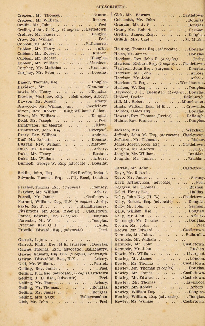 Cregeen, Mr. Thomas Santon. Cregeen, Mr. William Rushen. Crellin, Mr._John Peel. Crellin, John, C. Esq. (2 copies) .. Castletown. Cretney, Mr. James Douglas. Crow, Mr. William Peel. Cubbon, Mr. John Ballanorris. Cubbon, Mr. Henry . .. . .. .. Jurby. Cubbon, Mr. Robert Rushen. Cubbon, Mr. Robert.. ., Douglas. Cubbon, Mr. William .. .. .. ..Aberdeen. Curphey, Mr. Matthias Braddan. Curphey, Mr. Peter Douglas. Damor, Thomas, Esq Douglas. Davidson, Mr . .. Glen-maie. Davis, Mr, Henry Douglas. Dawson, Matthew, Esq. .. Bell Abbey, Arbory. Dawson, Mr. Joseph.. .. Friary. Dinwoody, Mr. William, jun. . ..Castletown Dixon, Rev. Robert .. King William’s College. Dixon, Mr. William Douglas. Dodd, Mr. Joseph Peel. Drinkwater, Sir George Kirby. Drink water, John, Esq Liverpool. Drury, Rev. William Andreas. Duff, Mr. Robert Douglas. Duggan, Rev. William Marown. Duke, Mr. Richard Arbory. Duke, Mr. Henry ..Rushen. Duke, Mr. William Arbory. Dumbell, George W. Esq. (advocate) .. Douglas. Ecklin, John, Esq Ecklinville, Ireland. Edwards, Thomas, Esq. ..City Road, London. Fargher, Thomas, Esq, (12 copies).. . Ramsey. Fargher, Mr. William Arbory. Farrell, Mr. James Castletown. Farrant, William, Esq., H.K. (2 copies).. Jurby. Fayle, Mr. T Ballalheanney. Fitzsimons, Mr. John, (2 copies) ..Castletown. Forbes, Edward, Esq. (2 copies) .. .. Douglas. Forrester, Mr. W Douglas. Freeman, Rev. G. J Bride. Frizelle, Edward, Esq., (advocate) .. .. Peel. Garrett, I. jun Garrett, Philip, Esq., H.K. (surgeon) . Douglas. Gawne, Thomas, Esq., (advocate).. Ballachurry. Gawne, Edward, Esq. H.K. (2 copies) Kentraugh. Gawne, Edward)M. Esq., H.K Arbory. Gell, Mr. William Patrick. Gelling, Rev. James Peel. Gelling, F. L. Esq. (advocate), (2 cop.) Castletown Gelling, J. D. Esq., (advocate) Peel. Gelling, Mr. Thomas Arbory. Gelling, Mr. Thomas.. Douglas. Gelling, Mr. James Douglas. Gelling, Mrs. Sage Ballacosnahan. Giclt, Mr. John Peel. Gick, Mr. Edward Castletown. Goldsmith, Mr. John Douglas. Grandin, Mr. J. S Douglas. Grant, Mr. Robert German. Grellier, James, Esq .. ..Douglas. Griffith, Mrs. Capt ..St. Marks. Haining, Thomas Esq., (advocate).. .. Douglas Hales, Mr. James.. .. Douglas. Harrison, Rev. John E. (4 copies) .. ..Jurby. Harrison, Richard Esq. (2 copies). .. Castletown. Harrison, John Esq., (surgeon), .. . Douglas. Harrison, Mr, John Arbory. Harrison, Mr. John Arbory. Harrison. R. Esq.. .. Woodbourne. Haslem, W. Esq Douglas. Heywood, J. J., Deemster, (2 copies).. Douglas. Hibbert, Doctor Edinburgh. Hill, Mr. Robert Manchester. Hinds, William Esq., H.K Crowville. Holmes, James Esq Douglas. Howard, Rev. Thomas (Rector) .. .. Ballaugh. Hulme, Rev. Francis Douglas. Jackson, Mrs Wrexham. Jeffcott, John M. Esq., (advocate)..Castletown. Jefferson, Mr. Thomas Malew. Jones, Joseph Rock, Esq Castletown. Joughin, Mr. Andrew Jurby. Joughin, Mr. William.. Braddan. Joughin, Mr. James Braddan. Karran, Mr. John., Castletown. Kaye, Mr. Robert Kaye, Mr. James .. .. Strang. Kayll, Arthur, Esq. (advocate) Peel. Keggeen, Mr. Thomas Rushen. Kellet, Henry Esq Halifax. Kelly, John Esq. (H. B.) Castletown. Kelly, Robert, Esq. (advocate) .. ..Douglas. Kelly, Mr. John German. Kelly, William, Esq Douglas. Kelly, Mr John Arbory. Kennaugh, Mr. Charles Douglas. Keown, Mr. John Peel. Keown, Mr. Edward Castletown. Kermode, Mr. John Ballasalla. Kermode, Mr. William Kermode, Mr. John Castletown. Kermode, Mr. John Rushen. Kewin, Mr. William Liverpool. Kewley, Mr. James London. Kewley, Mr. Thomas Castletown. Kewley, Mr. Thomas (2 copies) .. .. Douglas. Kewley, Mr. James .Castletown. Kewley, Mr. Edward Castletown. Kewley, Mr. Thomas Liverpool. Kewley, Mr. Robert Arbory. Kewley, William Esq Douglas. Kewley, William, Esq. (advocate).. .. Douglas. Kewley, Mr. William Castletown.