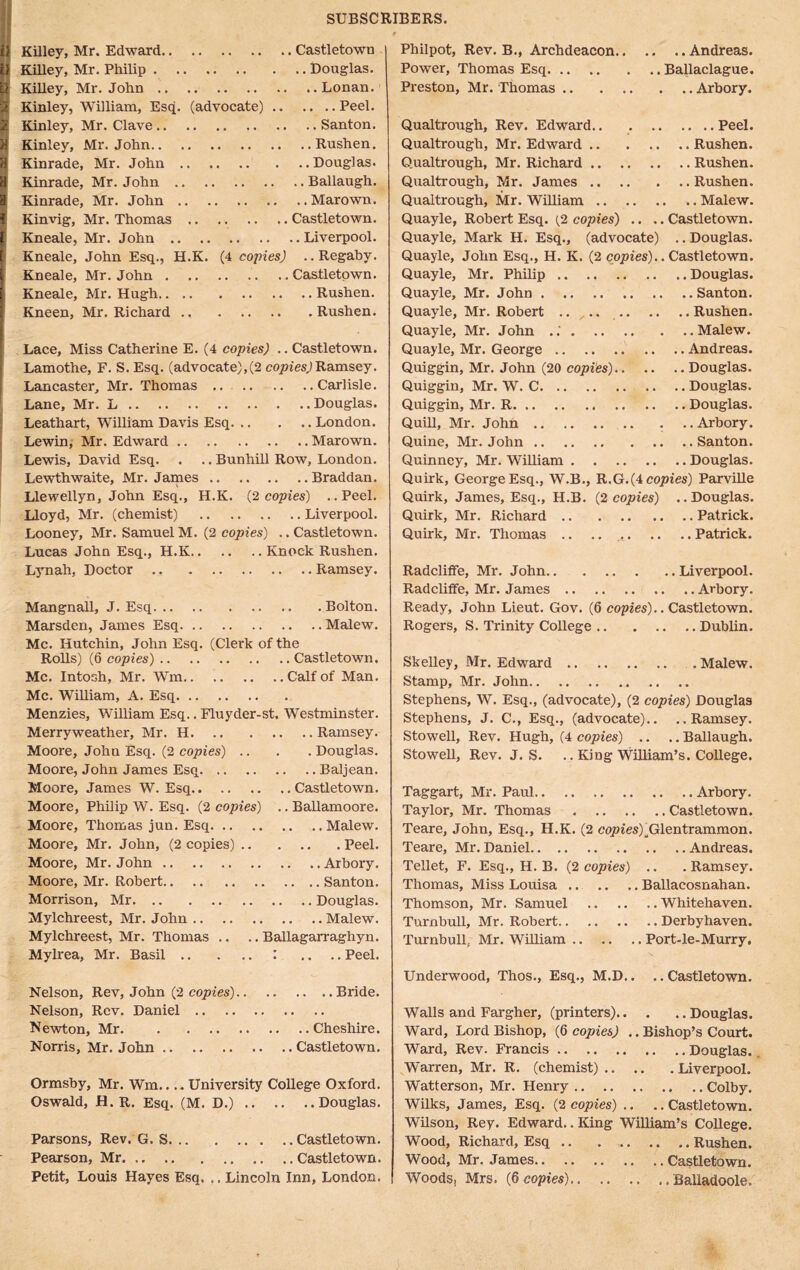 il Killey, Mr. Edward Castletown Killey, Mr. Philip Douglas. Killey, Mr. John Lonan. Kinley, William, Esq. (advocate) Peel. Kinley, Mr. Clave Santon. Kinley, Mr. John Rushen. Kinrade, Mr. John Douglas. Kinrade, Mr. John Ballaugh. Kinrade, Mr. John Marown. Kinvig, Mr. Thomas Castletown. Kneale, Mr. John Liverpool. Kneale, John Esq., H.K. (4 copies) ..Regaby. Kneale, Mr. John ..Castletown. Kneale, Mr. Hugh Rushen. Kneen, Mr. Richard Rushen. Lace, Miss Catherine E. (4 copies) .. Castletown. Lamothe, F. S. Esq. (advocate),(2 copies) Ramsey. Lancaster, Mr. Thomas Carlisle. Lane, Mr. L Douglas. Leathart, William Davis Esq London. Lewin, Mr. Edward Marown. Lewis, David Esq. . .. Bunhill Row, London. Lewthwaite, Mr. James Braddan. Llewellyn, John Esq., H.K. (2 copies) ..Peel. Lloyd, Mr. (chemist) Liverpool. Looney, Mr. SamuelM. (2 copies) ..Castletown. Lucas John Esq., H.K Knock Rushen. Lynah, Doctor Ramsey. Mangnall, J. Esq Bolton. Marsden, James Esq Malew. Me. Hutchin, John Esq. (Clerk of the Rolls) (6 copies) Castletown. Me. Intosh, Mr. Wm Calf of Man. Me. William, A. Esq Menzies, William Esq.. Fluyder-st. Westminster. Merry weather, Mr. H Ramsey. Moore, John Esq. (2 copies) .. . . Douglas. Moore, John James Esq Baljean. Moore, James W. Esq Castletown. Moore, Philip W. Esq. (2 copies) .. Ballamoore. Moore, Thomas jun. Esq Malew. Moore, Mr. John, (2 copies) Peel. Moore, Mr. John Arbory. Moore, Mr. Robert Santon. Morrison, Mr Douglas. Mylchreest, Mr. John Malew. Mylchreest, Mr. Thomas .. .. Ballagarraghyn. Mylrea, Mr. Basil : .. .. Peel. Nelson, Rev, John (2 copies) Bride. Nelson, Rev. Daniel Newton, Mr Cheshire. Norris, Mr. John Castletown. Ormsby, Mr. Wm.... University College Oxford. Oswald, H. R. Esq. (M. D.) Douglas. Parsons, Rev. G. S .Castletown. Pearson, Mr Castletown. Petit, Louis Hayes Esq. .. Lincoln Inn, London. Philpot, Rev. B., Archdeacon Andreas. Power, Thomas Esq Ballaclague. Preston, Mr. Thomas Arbory. Qualtrough, Rev. Edward Peel. Qualtrough, Mr. Edward Rushen. Qualtrough, Mr. Richard Rushen. Qualtrough, Mr. James Rushen. Qualtrough, Mr. William Malew. Quayle, Robert Esq. (2 copies) .. ..Castletown. Quayle, Mark H. Esq., (advocate) .. Douglas. Quayle, John Esq., H. K. (2 copies).. Castletown. Quayle, Mr. Philip Douglas. Quayle, Mr. John Santon. Quayle, Mr. Robert .... Rushen. Quayle, Mr. John .; Malew. Quayle, Mr. George Andreas. Quiggin, Mr. John (20 copies) Douglas. Quiggin, Mr. W. C Douglas. Quiggin, Mr. R Douglas. Quill, Mr. John Arbory. Quine, Mr. John Santon. Quinney, Mr. William Douglas. Quirk, George Esq., W.B., R.G.(4 copies) Parville Quirk, James, Esq., H.B. (2 copies) ..Douglas. Quirk, Mr. Richard Patrick. Quirk, Mr. Thomas .. .. .. .. .. Patrick. Radcliffe, Mr. John Liverpool. Radcliffe, Mr. James Arbory. Ready, John Lieut. Gov. (6 copies).. Castletown. Rogers, S. Trinity College Dublin. Skelley, Mr. Edward .Malew. Stamp, Mr. John Stephens, W. Esq., (advocate), (2 copies) Douglas Stephens, J. C., Esq., (advocate).. ..Ramsey. Stowell, Rev. Hugh, (4 copies) .. .. Ballaugh. Stowell, Rev. J. S. .. King William’s. College. Taggart, Mr. Paul Arbory. Taylor, Mr. Thomas Castletown. Teare, John, Esq., H.K. (2 copies^Glentrammon. Teare, Mr. Daniel Andreas. Tellet, F. Esq., H. B. (2 copies) .. .Ramsey. Thomas, Miss Louisa Ballacosnahan. Thomson, Mr. Samuel Whitehaven. Turnbull, Mr. Robert Derbyhaven. Turnbull, Mr. William Port-le-Murry. Underwood, Thos., Esq., M.D.. .. Castletown. Walls and Fargher, (printers) Douglas. Ward, Lord Bishop, (6 copies) .. Bishop’s Court. Ward, Rev. Francis Douglas. Warren, Mr. R. (chemist) Liverpool. Watterson, Mr. Henry Colby. Wilks, James, Esq. (2 copies) .. ..Castletown. Wilson, Rey. Edward.. King William’s College. Wood, Richard, Esq .. Rushen. Wood, Mr. James .. Castletown. Woods, Mrs. (6 copies) Balladoole.