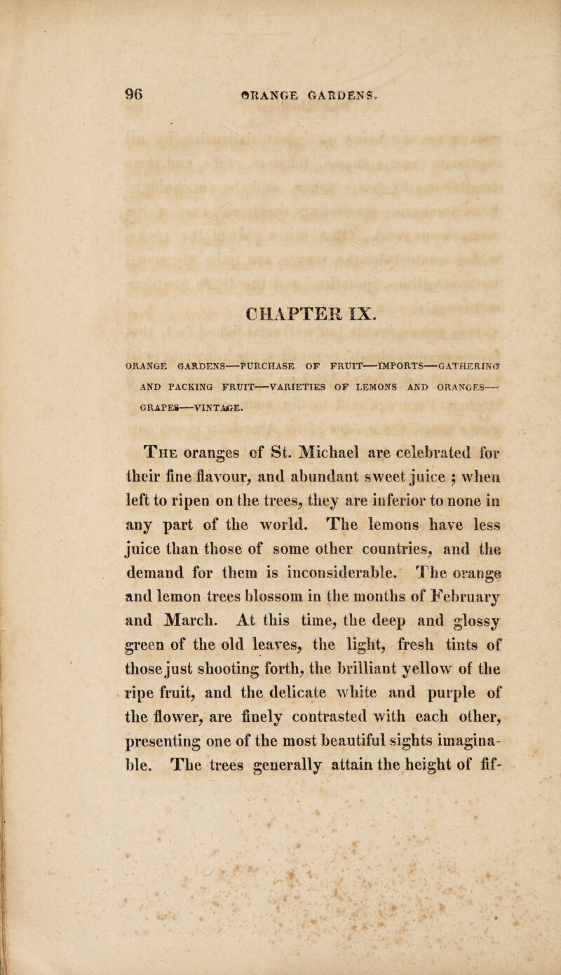 CHAPTER IX. ORANGE GARDENS-PURCHASE OF FRUIT-IMPORTS-GATHERING AND PACKING FRUIT-VARIETIES OF LEMONS AND ORANGES—• GRAPES-VINTAjGE. The oranges of St. Michael are celebrated for their fine flavour, and abundant sweet juice ; when left to ripen on the trees, they are inferior to none in any part of the world. The lemons have less juice than those of some other countries, and the demand for them is inconsiderable. The orange and lemon trees blossom in the months of February and March. At this time, the deep and glossy green of the old leaves, the light, fresh tints of those just shooting forth, the brilliant yellow of the ripe fruit, and the delicate white and purple of the flower, are finely contrasted with each oilier, presenting one of the most beautiful sights imagina¬ ble. The trees generally attain the height of fif-