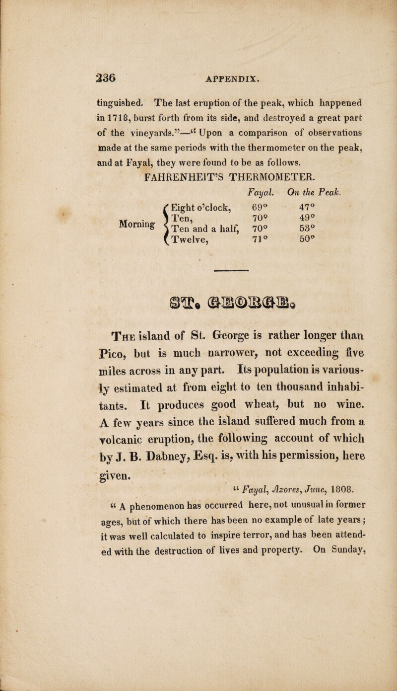 tinguished. The last eruption of the peak, which happened in 1718, burst forth from its side, and destroyed a great part of the vineyards.”—44 Upon a comparison of observations made at the same periods with the thermometer on the peak, and at Fayal, they were found to be as follows. FAHRENHEIT’S THERMOMETER. Morning Fay ah On the Eight o’clock, 69° 47° Ten, 7QO 49° Ten and a half, 70° 53° Twelve, 71° 50° The island of St. George is rather longer than Pico, bat is much narrower, not exceeding five miles across in any part. Its population is various- ly estimated at from eight to ten thousand inhabi¬ tants. It produces good wheat, but no wine. A few years since the island suffered much from a volcanic eruption, the following account of which by J. B. Dabney, Esq. is, with his permission, here given. 44 Fayal, Azores, Jwne, 1808. 44 A phenomenon has occurred here, not unusual in former ages, but of which there has been no example of late years ; it was well calculated to inspire terror, and has been attend¬ ed with the destruction of lives and property. On Sunday,