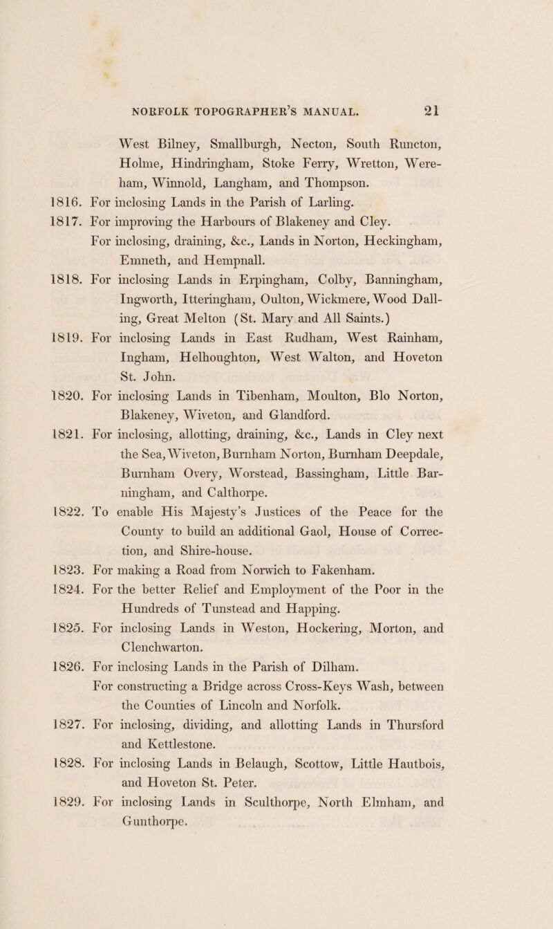 West Bilney, Smallburgh, Necton, South Runcton, Holme, Hindringham, Stoke Ferry, Wretton, Were- ham, Winnold, Langham, and Thompson. 1816. For inclosing Lands in the Parish of Larling. 1817. For improving the Harbours of Blakeney and Cley. For inclosing, draining, &c.. Lands in Norton, Heckingham, Emneth, and Hempnall. 1818. For inclosing Lands in Erpingham, Colby, Banningham, Ingworth, Itteringham, Oulton, Wickmere. Wood Dail¬ ing, Great Melton (St. Mary and All Saints.) 1819. For inclosing Lands in East Rudham, West Rainham, Ingham, Helhoughton, West Walton, and Hove ton St. John. 1820. For inclosing Lands in Tibenham, Moulton, Bio Norton, Blakeney, Wiveton, and Glandford. 1821. For inclosing, allotting, draining, &c., Lands in Cley next the Sea, Wiveton, Burnham Norton, Burnham Deepdale, Burnham Overy, Worstead, Bassingham, Little Bar- ningham, and Calthorpe. 1822. To enable His Majesty’s Justices of the Peace for the Countv to build an additional Gaol, House of Correc- tion, and Shire-house. 1823. For making a Road from Norwich to Fakenham. 1824. For the better Relief and Employment of the Poor in the Hundreds of Tunstead and Happing. 1825. For inclosing Lands in Weston, Hockering, Morton, and Clenchwarton. 1826. For inclosing Lands in the Parish of Dilham. For constructing a Bridge across Cross-Keys Wash, between the Counties of Lincoln and Norfolk. 1827. For inclosing, dividing, and allotting Lands in Thursford and Kettlestone. 1828. For inclosing Lands in Belaugh, Scottow, Little Hautbois, and Hoveton St. Peter. 1829. For inclosing Lands in Sculthorpe, North Elmham, and Gunthorpe.