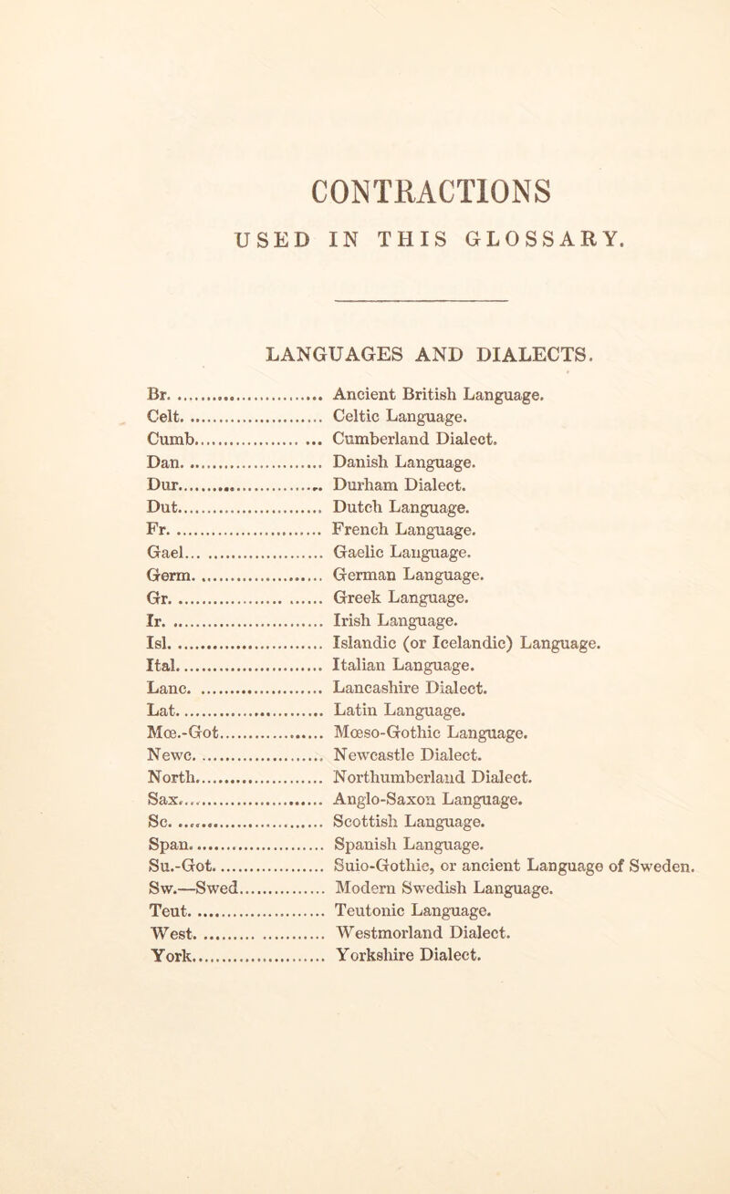 USED IN THIS GLOSSARY, LANGUAGES AND DIALECTS. Br Ancient British Language. Celt Celtic Language. Cumb Cumberland Dialect. Dan Danish Language. Dur Durham Dialect. Dut Dutch Language. Fr French Language. Gael Gaelic Language. Germ. German Language. Gr Greek Language. Ir Irish Language. Isl Islandic (or Icelandic) Language. Ital Italian Language. Lane Lancashire Dialect. Lat Latin Language. Moe.-Got Moeso-Gothic Language. Newc Newcastle Dialect. North Northumberland Dialect. Sax.... Anglo-Saxon Language. Sc. Scottish Language. Span Spanish Language. Su.-Got Suio-Gothie, or ancient Language of Sweden. Sw.—Swed Modern Swedish Language. Teut Teutonic Language. West Westmorland Dialect. York Yorkshire Dialect.
