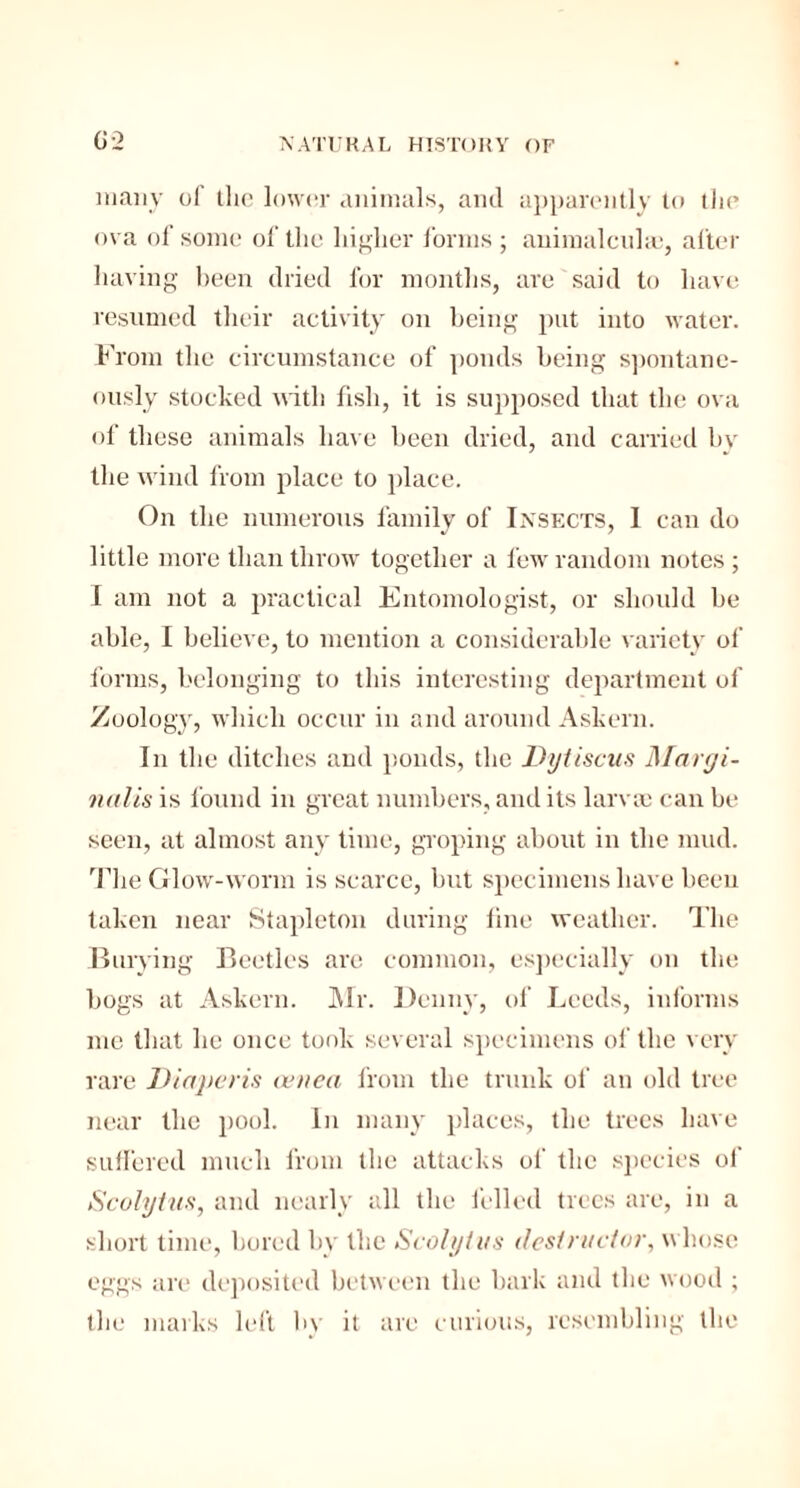 many of the lower animals, and apparently to the ova of some of the higher forms ; animalcuhe, after having been dried for months, are said to have resumed their activity on being put into water. From the circumstance of ponds being spontane¬ ously stocked with fish, it is supposed that the ova of these animals have been dried, and carried by the wind from place to place. On the numerous family of Insects, I can do little more than throw together a few random notes ; I am not a practical Entomologist, or should be able, I believe, to mention a considerable variety of forms, belonging to this interesting department of Zoology, which occur in and around Askern. In the ditches and ponds, the Dgtiscus Margi- nalis is found in great numbers, and its larvae can be seen, at almost any time, groping about in the mud. The Glow-worm is scarce, but specimens have beeu taken near Stapleton during line weather. The Burying Beetles are common, especially on the bogs at Askern. Mr. Denny, of Leeds, informs me that he once took several specimens of the very rare Diaper is cenea from the trunk of an old tree near the pool. In many places, the trees have suffered much from the attacks of the species of Scolytus, and nearly all the felled trees are, in a short time, bored by the Scalyivs destructor, whose eggs are deposited between the bark and the wood ; the marks left by it are curious, resembling the