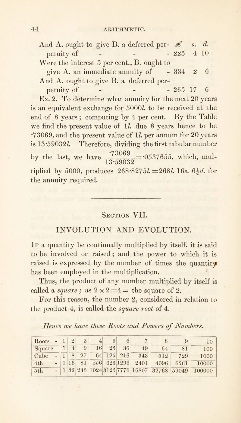 And A. ought to give B. a deferred per- £ s. d. petuity of - - 225 4 10 Were the interest 5 per cent., B. ought to give A. an immediate annuity of - 334 2 6 And A. ought to give B. a deferred per¬ petuity of - - -265176 Ex. 2. To determine what annuity for the next 20 years is an equivalent exchange for 5000/. to be received at the end of 8 years ; computing by 4 per cent. By the Table we find the present value of 1/. due 8 years hence to be *73069, and the present value of 1/. per annum for 20 years is 13*59032/. Therefore, dividing the first tabular number by the last, we have —^^^—=*0537655, which, mul- J 13*59032 tiplied by 5000, produces 268*8275/. r=268/. 16s. 6^cZ. for the annuity required. Section VII. INVOLUTION AND EVOLUTION. If a quantity be continually multiplied by itself, it is said to be involved or raised; and the power to which it is raised is expressed by the number of times the quantity has been employed in the multiplication. Thus, the product of any number multiplied by itself is called a square ; as 2 x 2i=4 = the square of 2. For this reason, the number 2, considered in relation to the product 4, is called the square root of 4. Hence we have these Roots and Powers of Numbers. Roots - 1 2 3 4 5 6 7 8 9 10 Square 1 4 9 16 25 36 49 64 81 100 Cube - 1 8 27 64 125 216 343 512 729 1000 4th I 16 81 256 625 1296 2401 4096 6561 10000 5th 1 32 243 1024 3125 7776 16807 32768 59049 100000