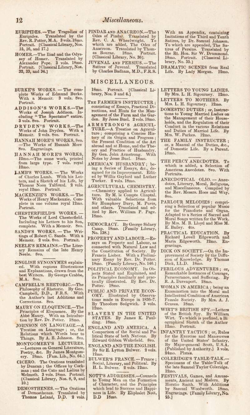 EURIProES.—The Tragedies of Euripides. Translated by the Rev. R. Potter, M.A. 3 vols. 18mo. Portrait. [Classical Library, Nos. 15, 16, and 17.] HOMER.—The Iliad and the Odys- sey of Homer. Translated by Alexander Pope. 3 vols. 18mo. Portrait. [Classical Library, Nos. 32, 33, and 34.] BURKE’S WORKS.— The com¬ plete Works of Edmund Burke. With a Memoir. 3 vols. 8vo. Portrait. ADDISON’S WORKS.—The Works of Joseph Addison. In¬ cluding “ The Spectator” entire. 3 vols. 8vo. Portrait. DRYDEN’S WORKS.—The Works of John Dryden. With a Memoir. 2 vols. 8vo. Portrait. HANNAH MORE’S WORKS, 8vo. —The Works of Hannah More 8vo. Engravings. HANNAH MORE’S WORKS, 12mo.—The same work, printed from large type. 7 vols. royal 12mo. LAMB’S WORKS.— The Works of Charles Lamb. With his Let¬ ters, and a Sketch of his Life, by Thomas Noon Talfourd. 2 vols. royal 12mo. Portrait. MACKENZIE’S WORKS. —The Works of Henry Mackenzie. Com¬ plete in one volume royal 12mo. Portrait. CHESTERFIELD’S WORKS.— The Works of Lord Chesterfield. Including his Letters to his Son, complete. With a Memoir. 8vo. SANDS’S WORKS.— The Wri¬ tings of Robert C. Sands. With a Memoir. 2 vols. 8vo. Portrait. NEELE’S REMAINS.—The Liter¬ ary Remains of the late Heniy Neele. 8vo. ENGLISH SYNONYMES explain¬ ed. With copious Illustrations and Explanations, drawn from the best Writers. By George Crabbe, M.A. 8vo. CAMPBELL’S RHETORIC.—The Philosophy of Rhetoric. By Geo. Campbell, D.D., F.R.S. With the Author’s last Additions and Corrections. 8vo. MAURY ON ELOQUENCE.—The Principles of Eloquence. By the Abbe Maury. With an Introduc¬ tion by Rev. Dr. Potter. 18mo. JOHNSON ON LANGUAGE.—A Treatise on Language ; or, the Relations which Words bear to Things. By A. B. Johnson. 8vo. MONTGOMERY’S LECTURES. —Lectures on General Literature, Poetry, &c. By James Montgom¬ ery. 18mo. [Fam. Lib., No. 64.] CICERO. The Orations translated by Duncan ; the Offices by Cock- man ; and the Cato and Laelius by Mehnoth. 3 vols. 18mo. Portrait. [Classical Library, Nos. 8, 9, and 10.] DEMOSTHENES. —The Orations of Demosthenes. Translated by Thomas Leland, D.D. 2 vols. PINTDAR AND ANACREON.—The Odes of Pindar. Translated by Rev. C. A. Wheelwright. To which are added. The Odes of Anacreon. Translated by Thom¬ as Bourne. 18mo. Portrait. [Classical Library, No. 36]. JUVENAL AND PERSIUS. —The Satires of Juvenal. Translated by Charles Badham, M.D., F.R.S. MISCELLANEOUS. 18mo. Portrait. [Classical Li¬ brary, Nos. 3 and 4.] The FARMER’S INSTRUCTER ; consisting of Essays, Practical Di¬ rections, and Hints for the Man¬ agement of the Farm and the Gar¬ den. By Jesse Buel. 2vols. 18mo. ARMSTRONG’S AGRICUL¬ TURE.—A Treatise on Agricul¬ ture ; comprising a Concise His¬ tory of its Origin and Progress ; the Present Condition of the Art abroad and at Home, and the The¬ ory and Practice of Husbandry. By Gen. John Armstrong. With Notes by Jesse Buel. 18mo. AMERICAN HUSBANDRY; be¬ ing a Series of Essays, &c., de¬ signed for its Improvement. Edit¬ ed by Willis Gaylor-d and Luther Tucker. 2 vols. 18mo. AGRICULTURAL CHEMISTRY. —Chemistry applied to Agricul¬ ture. By M. le Compte Chaptal. With valuable Selections from Sir Humphrey Davy, M. Puvis, and others. Translated and ed¬ ited by Rev. William P. Page. 18mo. DEMOCRACY. By George Sidney Camp. 18mo. [Family Library, No. 138.] PROPERTY AND LABOUR.—Es¬ says on Property and Labour, as connected with Natural Law and the Constitution of Society. By Francis Lieber. With a Prelinrr- nary Essay by Rev. Dr. Potter. 18mo. [Family Library, No. 146.] POLITICAL ECONOMY. Its Ob¬ jects Stated and Explained, and its Principles familiarly and prac¬ tically illustrated. By Rev. Dr. Potter. 18mo. PUBLIC AND PRIVATE ECON¬ OMY. Illustrated by Observa¬ tions made in Europe in 1836-7. By Theodore Sedgwick. 3 vols. 12mo. SLAVERY IN THE UNITED STATES. By James K. Paul¬ ding. 18mo. ENGLAND AND AMERICA. A Comparison of the Social and Po¬ litick State of both Nations. By Edward Gibbon Wakefield. 8vo. ENGLAND AND THE ENGLISH. By Sir E. Lytton Bulwer. 2 vols. 12mo. BULWER’S FRANCE. —France ; Social, Literary, and Political. By H. L. Bulwer. 2 vols. 12mo. NOTT’S ADDRESSES.—Counsels to Young Men on the Formation of Character, and the Principles which lead to Success and Happi¬ ness in Life. By Eliphalet Nott, D.D 18rao. With an Appendix, containing Imitations of the Third and Tenth Satires, by Dr. Samuel Johnson. To which are appended. The Sa¬ tires of Persius. Translated by the Rt. Hon. Sir W. Drummond. 18mo, Portrait. [Classical Li¬ brary, No. 35.] DRAMATIC SCENES from Real Life. By Lady Morgan. 12mo. LETTERS TO YOUNG LADIES. By Mrs. L. H. Sigourney. 12mo. LETTERS TO MOTHERS. By Mrs. L. H. Sigourney. 12mo. DOMESTIC DUTIES ; or. Instruc¬ tions to Young Married Ladies on the Management of their House¬ holds, and the Regulation of their Conduct in the various Relations and Duties of Married Life. By Mrs. W. Parkes. 12mo. THE FAMILY INSTRUCTER ; or, a Manual of the Duties, &c., of Domestic Life. By a Parent. 18mo. THE PERCY ANECDOTES. To which is added, a Selection of American Anecdotes, 8vo. With Portraits. ANECDOTICAL OLIO.— Anec¬ dotes, Literary, Moral, Religious, and Miscellaneous. Compiled by the Rev. Messrs. Hoes and Way. 8vo. PARLOUR MELODIES: compri¬ sing a Selection of popular Music for the Pianoforte and Organ. Adapted to a Series of Sacred and Moral Songs written for the Work. By Mrs. M. B. Lloyd and Miss M. E. Bailey. 4to. PRACTICAL EDUCATION. By Richard Lovell Edgeworth and Maria Edgeworth. 12mo. En¬ gravings. DICK ON SOCIETY.—On the Im¬ provement of Society by the Dilfu- sion of Knowledge. By Thomas Dick, LL.D. 18mo. PERILOUS ADVENTURES ; or, Remarkable Instances of Courage, Perseverance, and Suffering. By R. A. Davenport. 18mo. WOMAN IN AMERICA ; being an Examination into the Moral and Intellectual Condition of American Female Society. By Mrs. A. J. Graves. 18mo. WIRT’S BRITISH SPY.—Letters of the British Spy. By William Wirt. To which is pre&ced, a Bi ographical Sketch of the Author 12mo. Portrait. INFANTRY TACTICS ; or. Rules for the Exercise and Manoeuvres of the United States’ Infantry. By Major-general Scott, U.S.A. [Published by Authority.] 3 vols. 24mo. Plates, COLERIDGE’S TABLE-TALK.— Specimens of the Table-Talk of the late Samuel Taylor Coleridge. 12mo. FESTIVALS, Games, and Amuse¬ ments, Ancient and Modem. By Horatio Smith. With Additions by Samuel Woodworth. 18mo, Engravings. [Family Library, No. 25.]