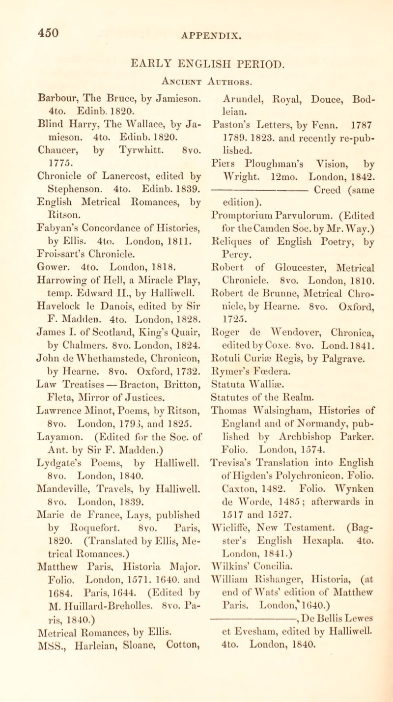 EARLY ENGLISH PERIOD. Ancient Authors. Barbour, The Bruce, by Jamieson. 4to. Edinb. 1820. Blind Harry, The Wallace, by Ja- mieson. 4to. Edinb. 1820. Chaucer, by Tyrwhitt. 8vo. 1775. Chronicle of Lanercost, edited by Stephenson. 4to. Edinb. 1839. English Metrical Romances, by Ritson. Fabyan’s Concordance of Histories, by Ellis. 4to. London, 1811. Froissart’s Chronicle. Gower. 4to. London, 1818. Harrowing of Hell, a Miracle Play, temp. Edward II., by Halliwell. Havelock le Danois, edited by Sir F. Madden. 4to. London, 1828. James I. of Scotland, King’s Quair, by Chalmers. 8vo. London, 1824. John de Whethamstede, Chronicon, by Hearne. 8vo. Oxford, 1732. Law Treatises — Bracton, Britton, Fleta, Mirror of Justices. Lawrence Minot, Poems, by Ritson, 8vo. London, 1793, and 1825. Layamon. (Edited for the Soc. of Ant. by Sir F. Madden.) Lydgate’s Poems, by Halliwell. 8vo. London, 1840. Mandeville, Travels, by Halliwell. 8vo. London, 1839. Marie de France, Lays, published by Roquefort. 8vo. Paris, 1820. (Translated by Ellis, Me- trical Romances.) Matthew Paris, Historia Major. Folio. London, 1571. 1640. and 1684. Paris, 1644. (Edited by M. IIuillard-Breholles. 8vo. Pa- ris, 1840.) Metrical Romances, by Ellis. MSS., Harleian, Sloane, Cotton, Arundel, Royal, Douce, Bod- leian. Paston’s Letters, by Fenn. 1787 1789. 1823. and recently re-pub- lished. Piers Ploughman’s Vision, by Wright. 12mo. London, 1842. Creed (same edition). Promptorium Parvulorum. (Edited for the Camden Soc. by Mr. Way.) Reliques of English Poetry, by Percy. Robert of Gloucester, Metrical Chronicle. 8vo. London, 1810. Robert de Brunne, Metrical Chro- nicle, by Hearne. 8vo. Oxford, 1725. Roger de Wendover, Chronica, edited by Coxe. 8vo. Lond. 1841. Rotuli Curias Regis, by Palgrave. Rymer’s Foedera. Statuta Walliae. Statutes of the Realm. Thomas Walsingham, Histories of England and of Normandy, pub- lished by Archbishop Parker. Folio. London, 1574. Trevisa’s Translation into English of Higden’s Poly chronicon. Folio. Caxton, 1482. Folio. Wynken de Worde, 1485; afterwards in 1517 and 1527. Wicliffe, New Testament. (Bag- ster’s English Hexapla. 4to. London, 1841.) Wilkins’ Concilia. William Rishanger, Historia, (at end of Wats’ edition of Matthew Paris. London,' 1640.) , De Beilis Lewes et Evesham, edited by Halliwell. 4to. London, 1840.