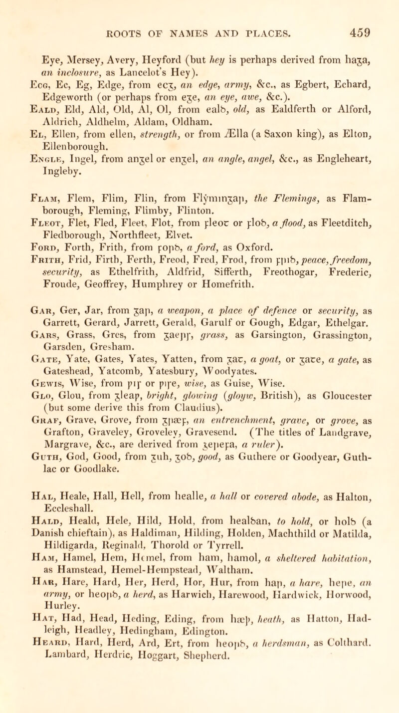 Eye, Mersey, Avery, Heyford (but hey is perhaps derived from haga, an inclosure, as Lancelot’s Hey). Ecg, Ec, Eg, Edge, from ecg, an edge, army, &c., as Egbert, Ecbard, Edgeworth (or perhaps from ege, an eye, awe, &c.). Eald, Eld, Aid, Old, Al, 01, from ealb, old, as Ealdferth or Alford, Aldrich, Aldhelm, Aldam, Oldham. El, Ellen, from ellen, strength, or from iElla (a Saxon king), as Elton, Ellenborough. Engle, Ingel, from angel or engel, an angle, angel, &c., as Engleheart, Ingleby. Flam, Flem, Flim, Flin, from Flynungap, the Flemings, as Flam- borough, Fleming, Flimby, Flinton. Fleot, Flet, Fled, Fleet, Flot, from pleoc or plob, a flood, as Fleetditch, Fiedborough, Nortbfleet, Elvet. Ford, Forth, Frith, from popb, a ford, as Oxford. Frith, Frid, Firth, Ferth, Freod, Fred, Frod, from ppib, peace, freedom, security, as Ethelfrith, Aldfrid, Sifferth, Freothogar, Frederic, Froude, Geoffrey, Humphrey or Homefrith. Gar, Ger, Jar, from gap, a weapon, a place of defence or security, as Garrett, Gerard, Jarrett, Gerald, Garulf or Gough, Edgar, Ethelgar. Gars, Grass, Gres, from gaepp, grass, as Garsington, Grassington, Garsden, Gresham. Gate, Yate, Gates, Yates, Yatten, from gac, a goat, or gate, a gate, as Gateshead, Yatcomb, Yatesbury, Woodyates. Gewis, Wise, from pip or pipe, wise, as Guise, Wise. Glo, Glou, from gleap, bright, glowing (gloyw, British), as Gloucester (but some derive this from Claudius). Graf, Grave, Grove, from gpaep, an entrenchment, grave, or grove, as Grafton, Graveley, Grovelev, Gravesend. (The titles of Landgrave, Margrave, See., are derived from gepepa, a ruler'). Guth, God, Good, from guh, gob, good, as Guthere or Goodyear, Guth- lac or Goodlake. Hal, Heale, Hall, Hell, from healle, a hall or covered abode, as Halton, Eccleshall. Hald, Heald, Hele, Hild, Hold, from healban, to hold, or liolb (a Danish chieftain), as Haldiman, Hilding, Holden, Machthild or Matilda, Hildigarda, Reginald, Thorold or 'Tyrrell. H am, Hamel, Hem, Hcmel, from ham, hamol, a sheltered habitation, as Hamstead, Hemel-Hempstead, Waltham. Har, Hare, Hard, Her, Herd, Hor, Hur, from hap, a hare, hepe, an army, or heopb, a herd, as Harwich, Harewood, Hardwick, Uorwood, Hurley. Hat, Had, Head, Heding, Eding, from hae]>, heath, as Hatton, Had- leigh, Headley, Hedingham, Edington. Heard, Hard, Herd, Ard, Ert, from heopb, a herdsman, as Colthard. Lambard, Herdric, Hoggart, Shepherd.