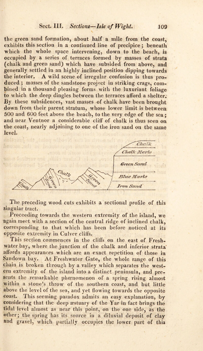 the green sand formation, about half a mile from the coast, exhibits this section in a continued line of precipice; beneath which the whole space intervening, down to the beach, is occupied by a series of terraces formed by masses of strata (chalk and green sand) which have subsided from above, and generally settled in an highly inclined position dipping towards the interior. A wild scene of irregular confusion is thus pro- duced ; masses of the sandstone project in striking crags, com- bined in a thousand pleasing forms with the luxuriant foliage to which the deep dingles between the terraces afford a shelter. By these subsidences, vast masses of chalk have been brought down from their parent stratum, whose lower limit is between 500 and 600 feet above the beach, to the very edge of the sea; and near Ventnor a considerable cliff of chalk is thus seen on the coast, nearly adjoining to one of the iron sand oil the same level. The preceding wood cuts exhibits a sectional profile of this singular tract. Proceeding towards the western extremity of the island, we again meet with a section of the central ridge of inclined chalk, corresponding to that which has been before noticed at its opposite extremity in Culver cliffs. This section commences in the cliffs on the east of Fresh- water bay, where the junction of the chalk and inferior strata affords appearances which are an exact repetition of those in Sandown bay. At Freshwater Gate, the whole range of this chain is broken through by a valley which separates the west- ern extremity of the island into a distinct peninsula, and pre- sents the remarkable phcenornenon of a spring rising almost within a stone’s throw of the southern coast, and but little above the level of the sea, and yet flowing towards the opposite coast. This seeming paradox admits an easy explanation, by considering that the deep aestuary of the Yar in fact brings the tidal level almost as near this point, on the one side, as the other; the spring has its source in a diluvial deposit of clay and gravel, which partially occupies the lower part of this