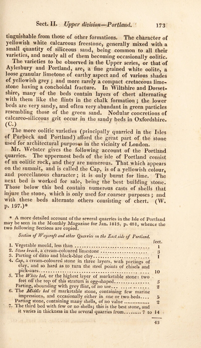 tinguishable from those of other formations. The character of yellowish white calcareous freestone, generally mixed with a small quantity of siliceous sand, being common to all their varieties, and nearly all of them becoming occasionally oolitic. Ihe varieties to be observed in the Upper series, or that of Aylesbury and Portland, are, a tine grained white oolite, a loose granular limetone of earthy aspect and of various shades of yellowish grey ; and more rarely a compact cretaceous lime- stone having a conchoidal fracture. In Wiltshire and Dorset- shire, many of the beds contain layers of cbert alternating with them like the flints in the chalk formation ; the lower beds are very sandy, and often very abundant in green particles resembling those of the green sand. Nodular concretions of calcareo-siliceous grit occur in the sandy beds in Oxfordshire. (CD • The more oolitic varieties (principally quarried in the Isles of Purbeck and Portland) afford the great part of the stone used for architectural purposes in the vicinity of London. Mr. Webster gives the following account of the Portland quarries. The uppermost beds of the isle of Portland consist of an oolitic rock, and they are numerous. That which appears on the summit, and is called the Cap, is of a yellowish colour, and porcellanous character; it is only burnt for lime. The next bed is worked for sale, being the best building stone. Those below this bed contain numerous casts of shells that injure the stone, which is only used for coarser purposes ; and with these beds alternate others consisting of chert. fW. p. 197.)* * A more detailed account of the several quarries in the Isle of Portland may be seen in the Monthly Magazine for Jan. 1813, p. 481, whence the two following Sections are copied. Section of IVaycroft and other Quarries on the East side of Portland. feet. 1. Vegetable mould, less than 1 2. Stone brash, a cream-coloured limestone 3 3. Parting of ditto and black-blue clay 1 4. Cap., a cream-coloured stone in three layers, with partings of clay, and so hard as to turn the steel points of chisels and pick-axes. 10 5. The White bed, or the highest layer of marketable stone: two feet off the top of this stratum is egg-shaped 5 Parting, abounding with grey flint, of no use 2 6. The Middle bed of marketable stone, containing few marine impressions, and occasionally either in one or two beds.... 5 Parting stone, containing many shells, of no value 2 7. The third bed with few or no shells; this is the best stone, and it varies in thickness in the several quarries from 7 to 14 43