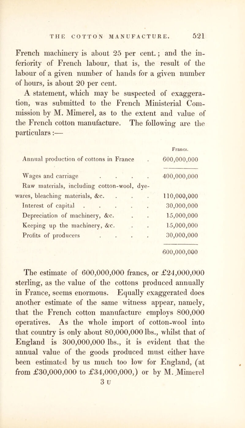 French machinery is about 25 per cent.; and the in- feriority of French labour, that is, the result of the labour of a given number of hands for a given number of hours, is about 20 per cent. A statement, which may be suspected of exaggera- tion, was submitted to the French Ministerial Com- mission by M. Mimerel, as to the extent and value of the French cotton manufacture. The following are the particulars:— Francs. Annual production of cottons in France 600,000,000 Wages and carriage .... 400,000,000 Raw materials, including cotton-wool, dye- wares, bleaching materials, &c. 110,000,000 Interest of capital ..... 30,000,000 Depreciation of machinery, &c. 15,000,000 Keeping up the machinery, &c. 15,000,000 Profits of producers .... 30,000,000 600,000,000 The estimate of 600,000,000 francs, or £24,000,000 sterling, as the value of the cottons produced annually in France, seems enormous. Equally exaggerated does another estimate of the same witness appear, namely, that the French cotton manufacture employs 800,000 operatives. As the whole import of cotton-wool into that country is only about 80,000,000 lbs., whilst that of England is 300,000,000 lbs., it is evident that the annual value of the goods produced must either have been estimated by us much too low for England, (at from £30,000,000 to £34,000,000,) or by M. .Mimerel 3 u