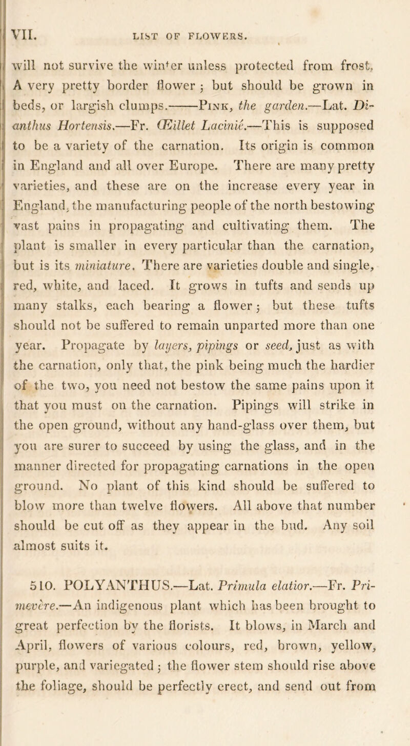 will not survive the winder unless protected from frost, A very pretty border flower j but should be grown in beds, or largish clumps. Pink, the garden.—Lat. Di- antlius Hortensis.—Fr. CEillet Lacinie.—This is supposed to be a variety of the carnation. Its origin is common in England and all over Europe. There are many pretty varieties, and these are on the increase every year in England, the manufacturing people of the north bestowing vast pains in propagating and cultivating them. The plant is smaller in every particular than the carnation, but is its miniature. There are varieties double and single, red, white, and laced. It grows in tufts and sends up many stalks, each bearing a flower 5 but these tufts should not be suffered to remain unparted more than one year. Propagate by layers, 'pipings or seed, just as with the carnation, only that, the pink being much the hardier of the two, you need not bestow the same pains upon it that you must on the carnation. Pipings will strike in the open ground, without any hand-glass over them, but you are surer to succeed by using the glass, and in the manner directed for propagating carnations in the open ground. No plant of this kind should be suffered to blow more than twelve flowers. All above that number should be cut off as they appear in the bud. Any soil almost suits it. 510. POLYANTHUS.—Lat .Primula elatior.—Fr. Pri- mevere.—An indigenous plant which has been brought to great perfection by the florists. It blows, in March and April, flowers of various colours, red, brown, yellow, purple, and variegated 3 the flower stem should rise above the foliage, should be perfectly erect, and send out from