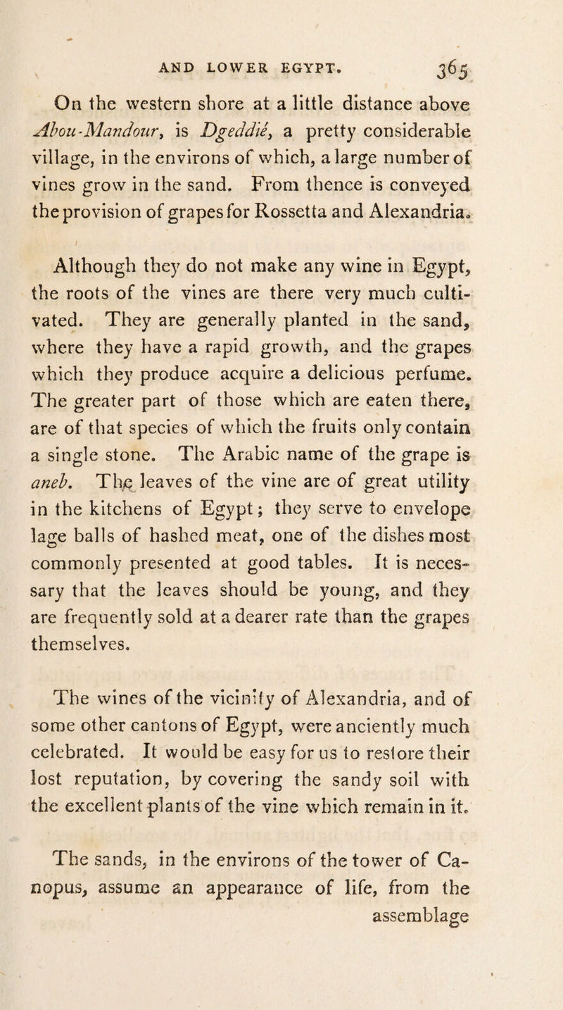 On the western shore at a little distance above Abou-Mandoury is Dgeddiê, a pretty considerable village, in the environs of which, a large number of vines grow in the sand. From thence is conveyed the provision of grapes for Rossetta and Alexandria. Although they do not make any wine in Egypt, the roots of the vines are there very much culti¬ vated. They are generally planted in the sand, where they have a rapid growth, and the grapes which they produce acquire a delicious perfume. The greater part of those which are eaten there, are of that species of which the fruits only contain a single stone. The Arabic name of the grape is aneb. Thq leaves of the vine are of great utility in the kitchens of Egypt ; they serve to envelope lage balls of hashed meat, one of the dishes most commonly presented at good tables. It is neces¬ sary that the leaves should be young, and they are frequently sold at a dearer rate than the grapes themselves. The wines of the vicinity of Alexandria, and of some other cantons of Egypt, were anciently much celebrated. It would be easy for us to restore their lost reputation, by covering the sandy soil with the excellent plants of the vine which remain in it The sands, in the environs of the tower of Ca¬ nopus, assume an appearance of life, from the assemblage
