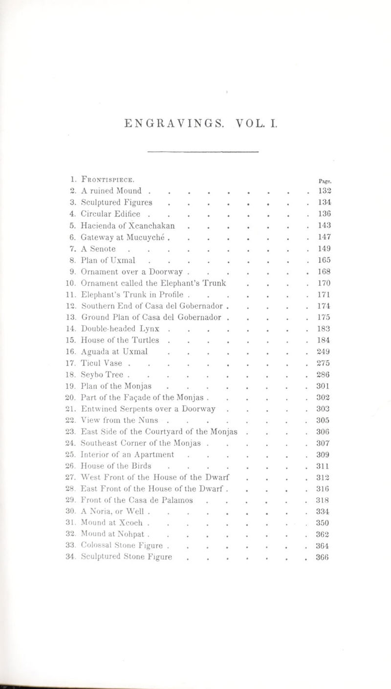 ENGRAVINGS. VOL. I. 1. Frontispiece. Page. 2. A ruined Mound.132 3. Sculptured Figures.134 4. Circular Edifice.136 5. Hacienda of Xcanchakan.143 6. Gateway at Mucuyche.147 7. A Senote.149 8. Plan of Uxmal.165 9. Ornament over a Doorway.168 10. Ornament called the Elephant’s Trunk .... 170 11. Elephant’s Trunk in Profile.171 12. Southern End of Casa del Gobernador.174 13. Ground Plan of Casa del Gobernador.175 14. Double headed Lynx.183 15. House of the Turtles.184 16. Aguada at Uxmal.249 17. Ticul Vase.275 18. SeyboTree.286 19. Plan of the Monjas ..301 20. Part of the Fa9ade of the Monjas.302 21. Entwined Serpents over a Doorway.303 22. View from the Nuns ........ 305 23. East Side of the Courtyard of the Monjas .... 306 24. Southeast Corner of the Monjas.307 25. Interior of an Apartment.309 26. House of the Birds.311 27. West Front of the House of the Dwarf .... 312 28. East Front of the House of the Dwarf . .... 316 29. Front of the Casa de Palamos.318 30. A Noria, or Well .. 334 31. Mound at Xcoch.350 32. Mound at Nohpat.362 33. Colossal Stone Figure ........ 364 34. Sculptured Stone Figure.366