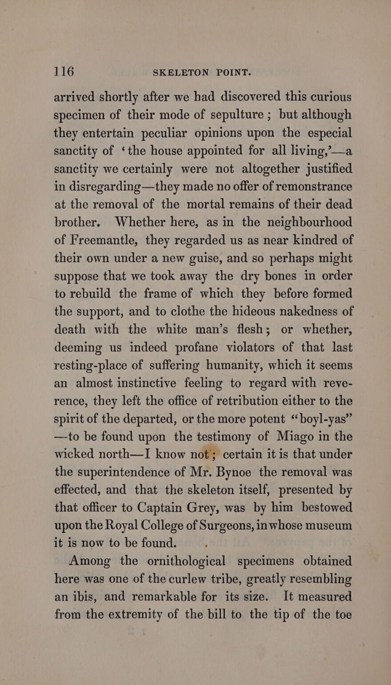 arrived shortly after we had discovered this curious specimen of their mode of sepulture ; but although they entertain peculiar opinions upon the especial sanctity of ‘the house appointed for all living,’—a sanctity we certainly were not altogether justified in disregarding —they made no offer of remonstrance at the removal of the mortal remains of their dead brother. Whether here, as in the neighbourhood of Freemantle, they regarded us as near kindred of their own under a new guise, and so perhaps might suppose that we took away the dry bones in order to rebuild the frame of which they before formed the support, and to clothe the hideous nakedness of death with the white man’s flesh; or whether, deeming us indeed profane violators of that last resting-place of suffering humanity, which it seems an almost instinctive feeling to regard with reve- rence, they left the office of retribution either to the spirit of the departed, or the more potent “boyl-yas” —-to be found upon the testimony of Miago in the wicked north—I know not; certain it is that under the superintendence of Mr. Bynoe the removal was effected, and that the skeleton itself, presented by that officer to Captain Grey, was by him bestowed upon the Royal College of Surgeons, in whose museum it is now to be found. Among the ornithological specimens obtained here was one of the curlew tribe, greatly resembling an ibis, and remarkable for its size. It measured from the extremity of the bill to the tip of the toe