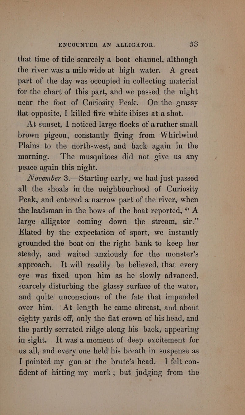 that time of tide scarcely a boat channel, although the river was a mile wide at high water. A great part of the day was occupied in collecting material for the chart of this part, and we passed the night near the foot of Curiosity Peak. On the grassy flat opposite, I killed five white ibises at a shot. At sunset, I noticed large flocks of a rather small brown pigeon, constantly flymg from Whirlwind Plains to the north-west, and back again in the morning. ‘The musquitoes did not give us any peace again this night. November 3.—Starting early, we had just passed all the shoals in the neighbourhood of Curiosity Peak, and entered a narrow part of the river, when the leadsman in the bows of the boat reported, “ A large alligator coming down the stream, sir.” Elated by the expectation of sport, we instantly grounded the boat on the right bank to keep her steady, and waited anxiously for the monster’s approach. It will readily be believed, that every eye was fixed upon him as he slowly advanced, scarcely disturbing the glassy surface of the water, and quite unconscious of the fate that impended over him. At length he came abreast, and about eighty yards off, only the flat crown of his head, and the partly serrated ridge along his back, appearing in sight. It was a moment of deep excitement for us all, and every one held his breath in suspense as I pointed my gun at the brute’s head. I felt con- fident of hitting my mark; but judging from the
