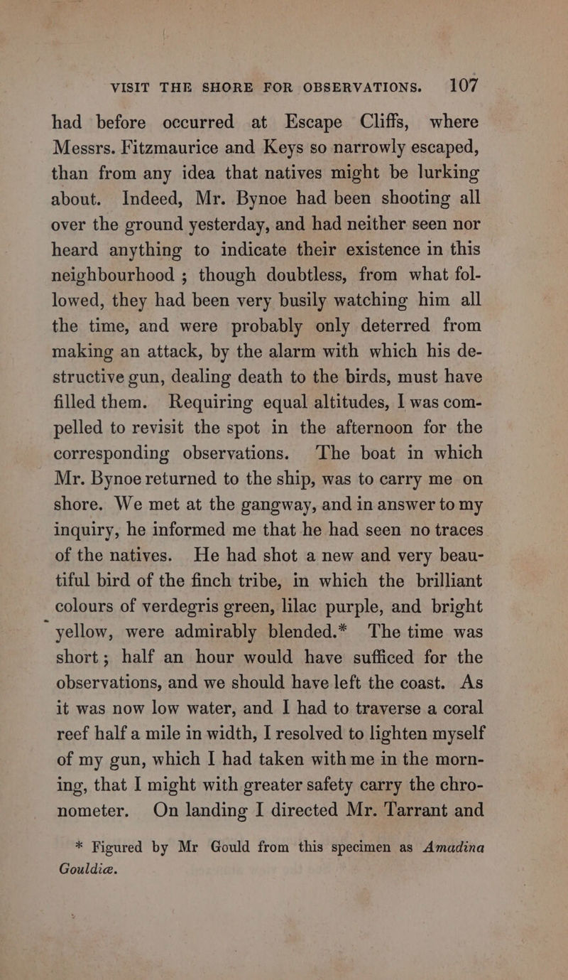 had before occurred at Escape Cliffs, where Messrs. Fitzmaurice and Keys so narrowly escaped, than from any idea that natives might be lurking about. Indeed, Mr. Bynoe had been shooting all over the ground yesterday, and had neither seen nor heard anything to indicate their existence in this neighbourhood ; though doubtless, from what fol- lowed, they had been very busily watching him all the time, and were probably only deterred from making an attack, by the alarm with which his de- structive gun, dealing death to the birds, must have filled them. Requiring equal altitudes, 1 was com- pelled to revisit the spot in the afternoon for the corresponding observations. The boat in which Mr. Bynoe returned to the ship, was to carry me on shore. We met at the gangway, and in answer to my inquiry, he informed me that he had seen no traces of the natives. He had shot a new and very beau- tiful bird of the finch tribe, in which the brilliant colours of verdegris green, lilac purple, and bright yellow, were admirably blended.* The time was short; half an hour would have sufficed for the observations, and we should have left the coast. As it was now low water, and I had to traverse a coral reef half a mile in width, I resolved to lighten myself of my gun, which | had taken with me in the morn- ing, that I might with greater safety carry the chro- nometer. On landing I directed Mr. Tarrant and * Figured by Mr Gould from this specimen as Amadina Gouldie.