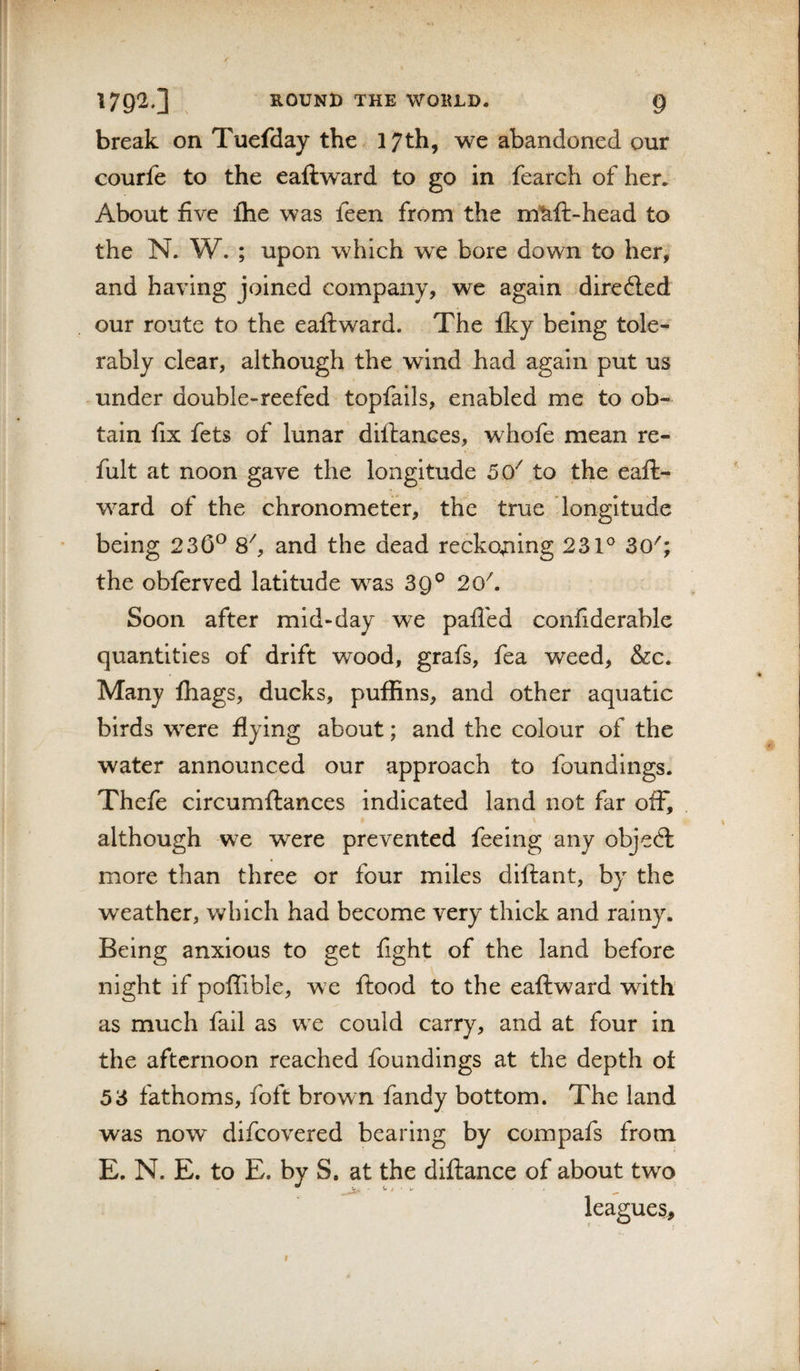 break on Tuefday the 17th, we abandoned our courfe to the eaftward to go in fearch of her. About five Ihe was feen from the m'^if-head to the N. W. ; upon which wq bore down to her, and having joined company, we again direfled our route to the eaflward. The fky being tole¬ rably clear, although the wind had again put us under double-reefed topfails, enabled me to ob¬ tain fix fets of lunar diftances, whofe mean re- fult at noon gave the longitude 5 0^ to the eaft¬ ward of the chronometer, the true longitude being 230^ 8\ and the dead reckoning 231° 30^; the obferved latitude was 39® 20^ Soon after mid-day we pafl'ed confiderable quantities of drift wood, grafs, fea weed, &amp;c. Many lhags, ducks, puffins, and other aquatic birds were flying about; and the colour of the water announced our approach to foundings. Thefe circumftances indicated land not far off, although we were prevented feeing any objedl more than three or four miles diftant, by the weather, which had become very thick and rainy. Being anxious to get fight of the land before night if poflible, we flood to the eaftward with as much fail as we could carry, and at four in the afternoon reached foundings at the depth ot 53 fathoms, foft brown fandy bottom. The land was now difeovered bearing by compafs from E. N. E. to E. by S, at the diftance of about two leagues.