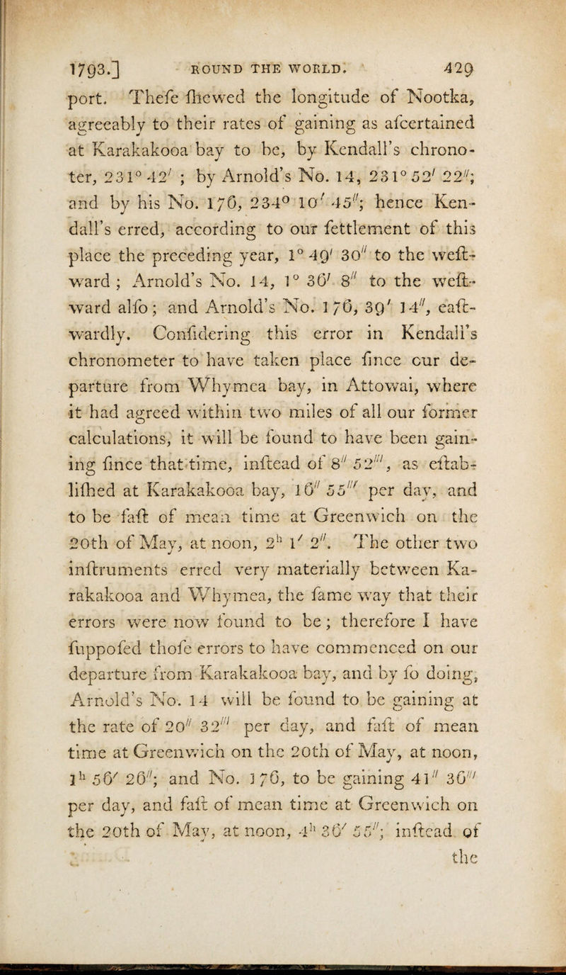 port. Thefe iliewed the longitude of Nootka, agreeably to their rates of gaining as afcertained at Karakakooa bay to be, by Kendall’s chrono- ter, 231^42^ ; by Arnold’s No. 14, 231^52' 22^^; and by his No. 17O, 234^ 10^ 45-\ hence Ken¬ dall’s erred, according to our fettlement of this place the preceding year, V 4Q‘ 3(f to the weft- ward ; x\rnold’s No. 14, 1^ 36^ 8^^ to the weft- ward alfo; and Arnold’s No. 1/6, 39' 14^^, eaft- wardly. Confidering this error in Kendall’s chronometer to have taken place fince our de¬ parture from Whymea bay, in Attowai, where it had agreed within two miles of all our former calculations, it will be found to have been gain¬ ing fince tha.t time, inftead of 8’^ 52'^, as eftab- lifted at Karakakooa bay, l6'^ 55^'^ per day, and to be faft of mean time at Greenwich on the 20th of May, at noon, 2^^ ft 2'i The otlier two inftruments erred very materially between Ka¬ rakakooa and Whymea, the fame w^ay that their errors w’ere now found to be; therefore I have fuppofed thofe errors to have commenced on our departure from Karakakooa bay, and by fo doing, A^rnold’s No. 14 will be found to be gaining; at O the rate of 20^^ S2‘'‘ per day, and faft of mean time at Greenw'ich on the 20th of May, at noon, 5 fy 26^i and No. 376, to be gaining 4136'^ per day, and faft of mean time at Greenwich on the 20th of May, at noon, 4^' 3(y 55^'; inftead of the