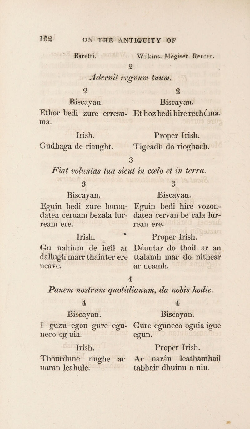 16a Baretti. Wilkins. Megiser. Reuter. 2 Advenit regnum tuum. 2 2 Biscayan. Biscayan. Ethor bedi zure erresu- Ethoz bedi hire rechuma. ma. Irish. Proper Irish. Gudhaga de riaught. Tigeadh do rioghach. 3 Flat voluntas tua sicut in coelo et in terra. 3 3 Biscayan. Biscayan. Eguin bedi zure boron- Eguin bedi hire vozon- datea ceruam bezala lur- datea cervan be cala lur- ream ere. rean ere. Irish. * Proper Irish. Gu nahium de hell ar Deuntar do thoil ar an dallugh marr thainter ere ttalamh mar do nithear neave. ar neamh. 4 Panem nostrum quotidianum, da nobis hodie. 4 4 Biscayan. Biscayan. I guzu egon gure egu- Gure eguneco oguia igue neco og uia. egun. Irish. Proper Irish. Thourdune nughe ar Ar naran leathamhail naran leahule. tabhair dhuinn a niu.