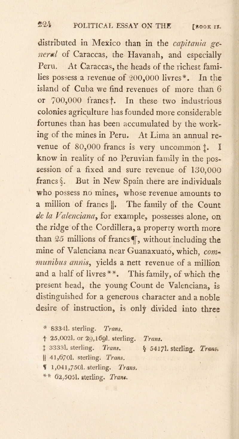 distributed in Mexico than in the capitania ge- neral of Caraccas, the Havanah, and especially Peru. At Caraccas, the heads of the richest fami- lies possess a revenue of 200,000 livres*. In the island of Cuba we find revenues of more than 6 or 700,000 francsf. In these two industrious colonies agriculture has founded more considerable fortunes than has been accumulated by the work- ing of the mines in Peru. At Lima an annual re- venue of 80,000 francs is very uncommon |. Ï know in reality of no Peruvian family in the pos- session of a fixed and sure revenue of 130,000 francs §. But in New Spain there are individuals who possess no mines, whose revenue amounts to a million of francs |j. The family of the Count de la Valenciana, for example, possesses alone, on the ridge of the Cordillera, a property worth more than 25 millions of francs ^f, without including the mine of Valenciana near Guanaxuato, which, com* munibus anriis, yields a nett revenue of a million and a half of livres**. This family, of which the present head, the young Count de Valenciana, is distinguished for a generous character and a noble desire of instruction, is only divided into three * 83341. sterling. Trans. f 25,0021. or 29,1691. sterling. Trans. Î 33331. sterling. Trans. § 54171. sterling. Tram» || 41,6701. sterling. Trans. f 1,041,7501. sterling. Trans. ** 62,5051. sterling. Tram.