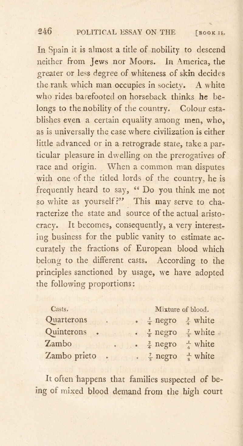 In Spain it is almost a title of nobility to descend neither from Jews nor Moors. In America, the greater or less degree of whiteness of skin decides the rank which man occupies in society. A white who rides barefooted on horseback thinks he be- longs to the nobility of the country. Colour esta- blishes even a certain equality among men, who, as is universally the case where civilization is either little advanced or in a retrograde state, take a par- ticular pleasure in dwelling on the prerogatives of race and origin. When a common man disputes with one of the titled lords of the country, he is frequently heard to say, Do you think me not so white as yourself ?” This may serve to cha- racterize the state and source of the actual aristo- cracy. It becomes, consequently, a very interest- ing business for the public vanity to estimate ac- curately the fractions of European blood which belong to the different casts. According to the principles sanctioned by usage, w7e have adopted the following proportions: Casts. Mixture of blood. Quarterons » ~ negro |■ white Quinterons . . 4 negro 4 white Zambo . | negro white Zambo prieto . • t negro f white It often happens that families suspected of be- ing of mixed blood demand from the high court