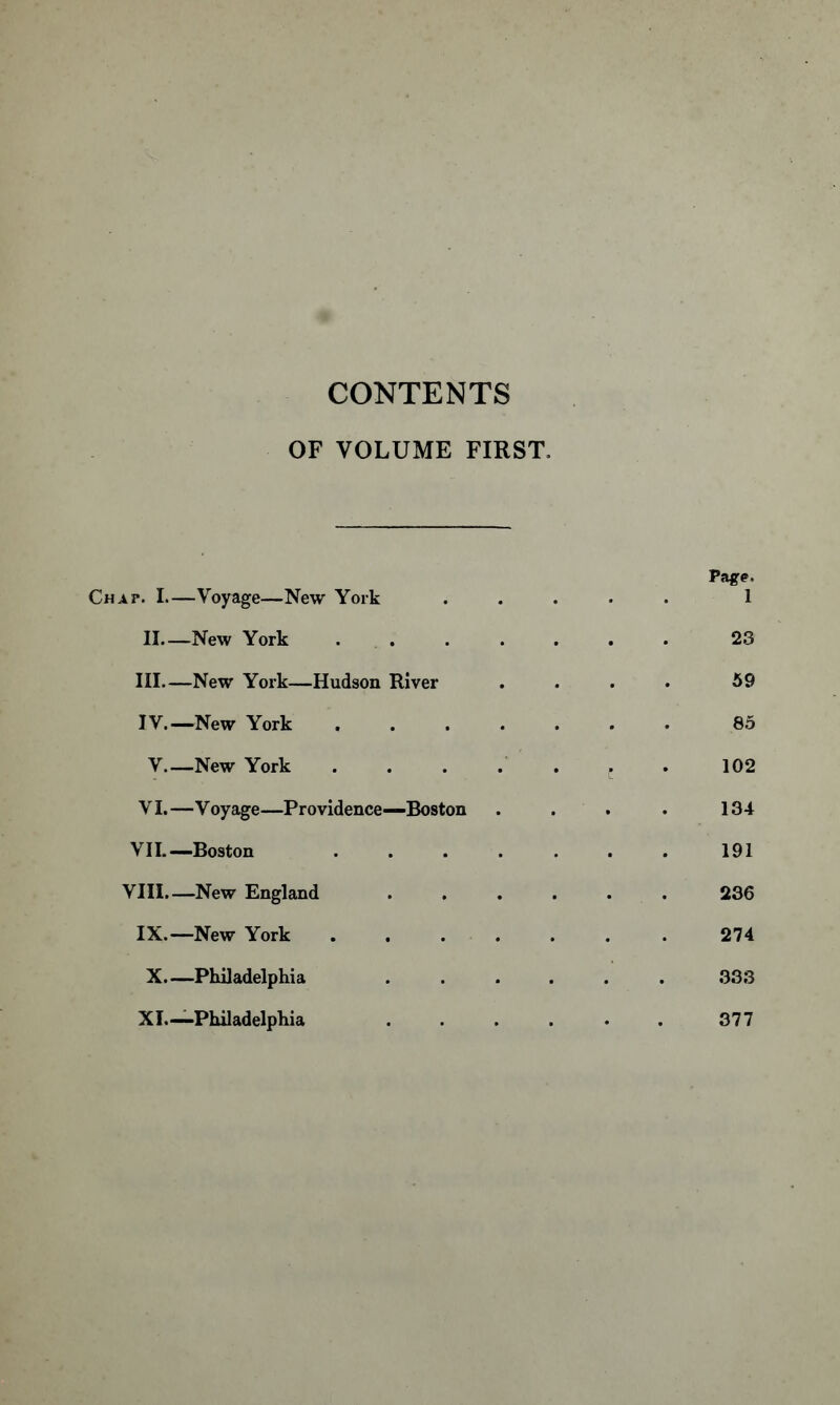 CONTENTS OF VOLUME FIRST, Page. Chap. I—Voyage—New York ..... 1 II New York 23 III. —New York—Hudson River .... 59 IV. —New York 85 V—New York . . . . . f . 102 VI.—Voyage—Providence—Boston . . . . 134 VII.—Boston ....... 191 VIII.—New England ...... 236 IX.—New York ...... . 274 X Philadelphia ...... 333 XI.—Philadelphia . . . . . 377