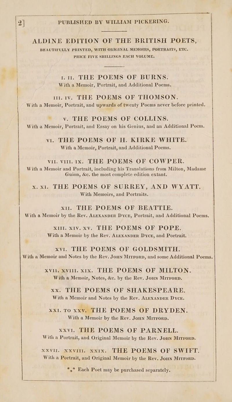 ee a ee nai ciis “andl | PUBLISHED BY WILLIAM PICKERING. ALDINE EDITION OF THE BRITISH POETS, BEAUTIFULLY PRINTED, WITH ORIGINAL MEMOIRS, PORTRAITS, ETC. PRICE FIVE SHILLINGS EACH VOLUME. 1. THE POEMS OF BURNS. With a Memoir, Portrait, and Additional Poems. With a Memoir, Portrait, and upwards of twenty Poems never before printed. ; v. THE POEMS OF COLLINS. With a Memoir, Portrait, and Essay on his Genius, and an Additional Poem. vi. THE POEMS OF H. KIRKE WHITE. With a Memoir, Portrait, and Additional Poems. Vil. vilr. x. THE POEMS OF COWPER. With a Memoir and Portrait, including his Translations from Milton, Madame Guion, &amp;c. the most complete edition extant. x. xI. THE POEMS OF SURREY, AND WYATT. With Memoirs, and Portraits. i.iv. THE POEMS OF THOMSON. xu. THE POEMS OF BEATTIE. With a Memoir by the Rev. ALEXANDER Dyce, Portrait, and Additional Poems. XIII. xIv. xv. THE POEMS OF POPE. With a Memoir by the Rev. ALEXANDER Dyce, and Portrait. xvi. THE POEMS OF GOLDSMITH. With a Memoir and Notes by the Rev. Joun Mirrorp, and some Additional Poems. XVIl. xvIII. xix. THE POEMS OF MILTON. With a Memoir, Notes, &amp;c. by the Rev. Joun Mirrorp. xx. THE POEMS OF SHAKESPEARE. With a Memoir and Notes by the Rev. ALEXANDER Dyce. XxI. TO xxv. THE POEMS OF DRYDEN. With a Memoir by the Rev. Joun Mitrorp. xxvI. THE POEMS OF PARNELL. With a Portrait, and Original Memoir by the Rev. Joun Mirrorp. XXVII. XxviIlII. xxix. THE POEMS OF SWIFT. With a Portrait, and Original Memoir by the Rev. Joun Mirrorp. *,.* Each Poet may be purchased separately.
