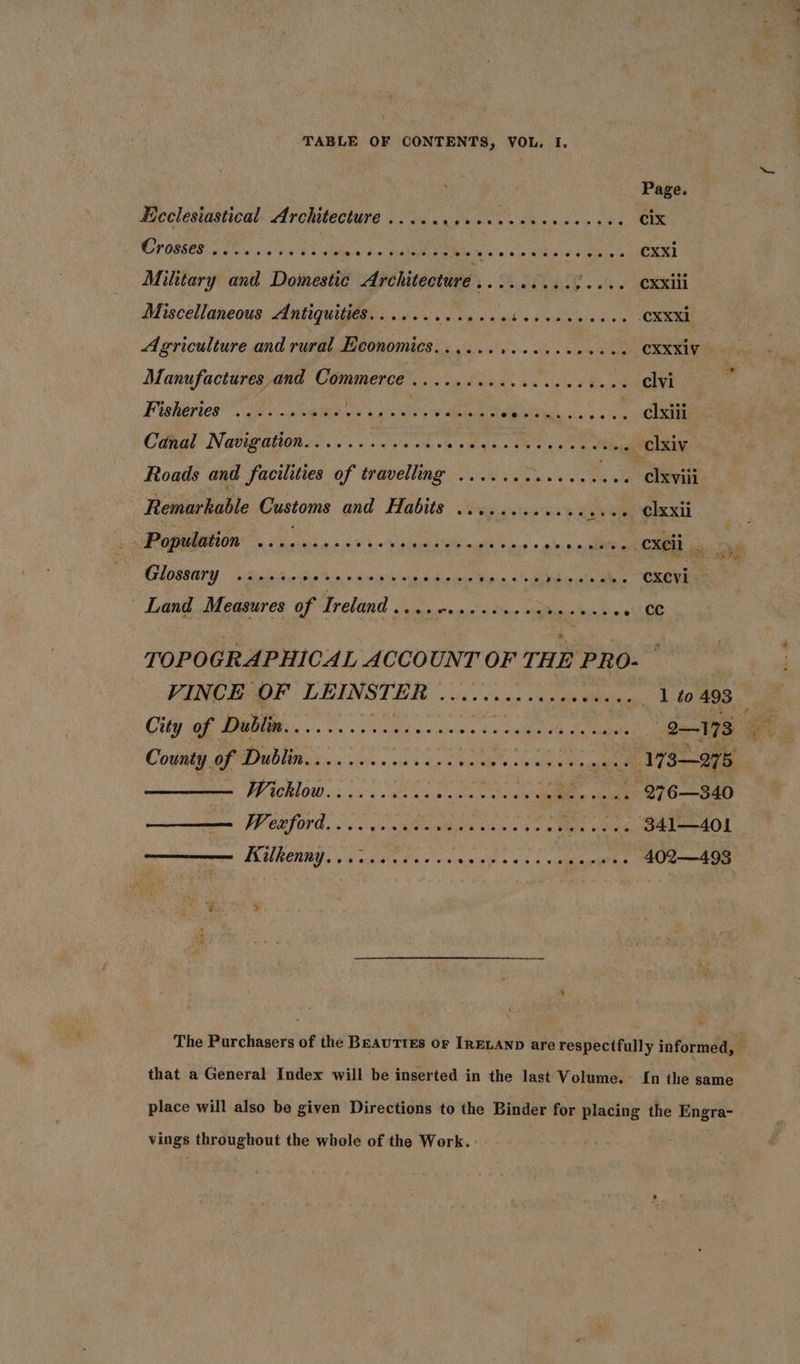 TABLE OF CONTENTS, VOL, I. Page. Licclesiastical Architecture ....ccceeveccccceees o,. Cx Crosses ...... eeeeee eeeervreteovee ep ees eseeveeeveeee ee Cxxl Miltary and Domestic Architecturée.........3.... CXxiii Miscellaneous Antiquities..........4 mie inlleipontica-ti she SO Agriculture and rural Eeonomics........20..% ov Noel: CERES Manufactures and Commerce ...... Fae ay ae ee Fegheertes oe ona Gam auaie eb 00 ole SNL iy. ire clxiii Canal Navigation...........4. SRE, NA “sieve CLxiv Roads and facilities of travelling ............. wee Cxvili Remarkable Customs and Habits ........... ios om, @lxxii _ Population Poti st RENE a ck &gt; POR Be ak ial cxeli. yi Glossary ...... Va wae earn SE APE Hite, &lt;Yopybibe cals aoe ORG MAE Land Measures of Ireland... Bet oagetl Mie tite TOPOGRAPHICAL ACCOUNT OF THE PRO- | VINCE OF LEINSTER .............00... 110 498 City of Dublin.........0.. Bs og age alt aes 2-173 County of Dublin.........0005. Sacedste lap chy ae fi 173—275 mee Wicklow. : 102528: SUNTA aa ere aa me Wen ford... ev y's wales wae si uh 5 ho Se at oo 341—401 FURCURG: 6 alee 8s vance ss + neha, HAO Rien The Purchasers of the BEAUTIES OF IRELAND are res pectfully informed, that a General Index will be inserted in the last Volume. In the same place will also be given Directions to the Binder for placing the Engra- vings throughout the whole of the Work. gs