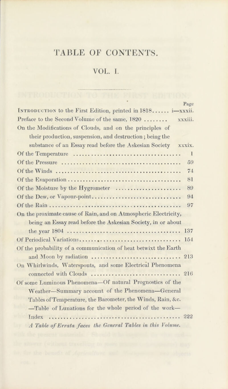 FABLE OF CONTENTS. VOL. I. Page Introduction to the First Edition, printed in 1818.i—xxxii. Preface to the Second Volume of the same, 1820 . xxxiii. On the Modifications of Clouds, and on the principles of their production, suspension, and destruction; being-the substance of an Essay read before the Askesian Society xxxix. Of the Temperature . 1 Of the Pressure . 59 Of the Winds . 74 Of the Evaporation. 81 Of the Moisture by the Hygrometer . 89 Of the Dew, or Vapour-point. 94 Of the Rain. 97 On the proximate cause of Rain, and on Atmospheric Electricity, being an Essay read before the Askesian Society, in or about the year 1804 . 137 Of Periodical Variations... 154 Of the probability of a communication of heat betwixt the Earth and Moon by radiation . 213 On Whirlwinds, Waterspouts, and some Electrical Phenomena connected with Clouds . 21(5 Of some Luminous Phenomena—Of natural Prognostics of the Weather—Summary account of the Phenomena—General Tables of Temperature, the Barometer, the Winds, Rain, &c. —Table of Lunations for the whole period of the work— 1 ndex . 222 A Table of Errata faces the General Tables in this Volume.