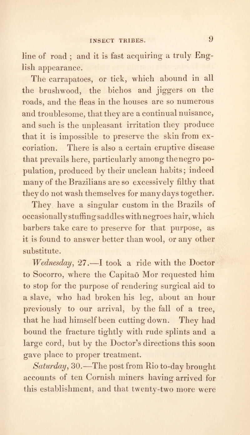 INSECT TRIBES. line of road ; and it is fast acquiring a truly Eng- lish appearance. The carrapatoes, or tick, which abound in all the brushwood, the bichos and jiggers on the roads, and the fleas in the houses are so numerous and troublesome, that they are a continual nuisance, and such is the unpleasant irritation they produce that it is impossible to preserve the skin from ex- coriation. There is also a certain eruptive disease that prevails here, particularly among the negro po- pulation, produced by their unclean habits; indeed many of the Brazilians are so excessively filthy that they do not wash themselves for many days together. They have a singular custom in the Brazils of occasionally stuffing saddles with negroes hair, which barbers take care to preserve for that purpose, as it is found to answer better than wool, or any other substitute. Wednesday, 27.—I took a ride with the Doctor to Socorro, where the Capitao Mor requested him to stop for the purpose of rendering surgical aid to a slave, who had broken his leg, about an hour previously to our arrival, by the fall of a tree, that he had himself been cutting down. They had bound the fracture tightly with rude splints and a large cord, but by the Doctor’s directions this soon gave place to proper treatment. Saturday, 30.—The post from Rio to-day brought accounts of ten Cornish miners having arrived for this establishment, and that twenty-two more were