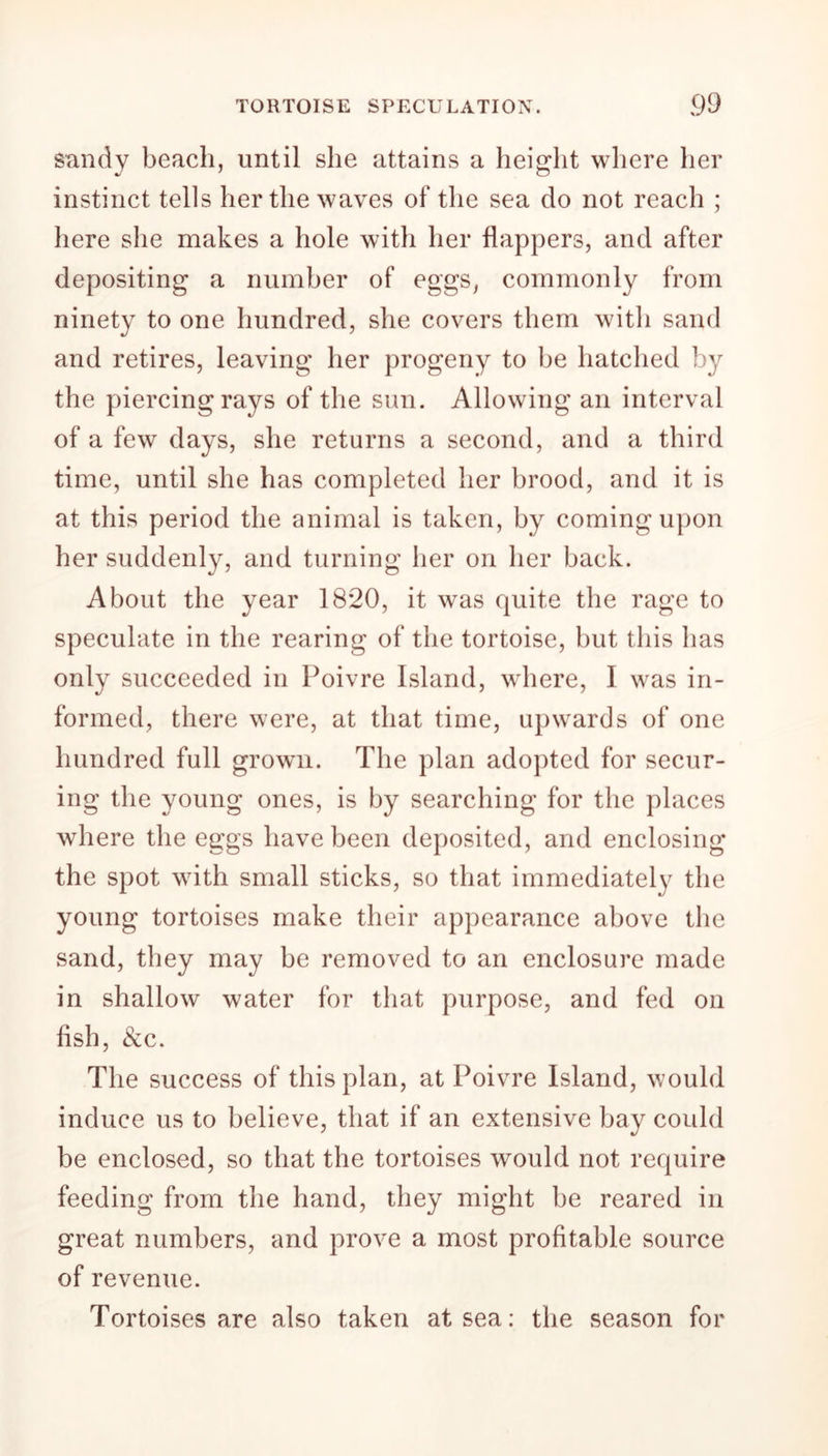 sandy beach, until she attains a height where her instinct tells her the waves of the sea do not reach ; here she makes a hole with her flappers, and after depositing a number of eggs, commonly from ninety to one hundred, she covers them with sand and retires, leaving her progeny to he hatched by the piercing rays of the sun. Allowing an interval of a few days, she returns a second, and a third time, until she has completed her brood, and it is at this period the animal is taken, by coming upon her suddenly, and turning her on her back. About the year 1820, it was quite the rage to speculate in the rearing of the tortoise, but this has only succeeded in Poivre Island, where, I was in- formed, there were, at that time, upwards of one hundred full grown. The plan adopted for secur- ing the young ones, is by searching for the places where the eggs have been deposited, and enclosing the spot with small sticks, so that immediately the young tortoises make their appearance above the sand, they may be removed to an enclosure made in shallow water for that purpose, and fed on fish, &c. The success of this plan, at Poivre Island, would induce us to believe, that if an extensive bay could be enclosed, so that the tortoises would not require feeding from the hand, they might be reared in great numbers, and prove a most profitable source of revenue. Tortoises are also taken at sea: the season for